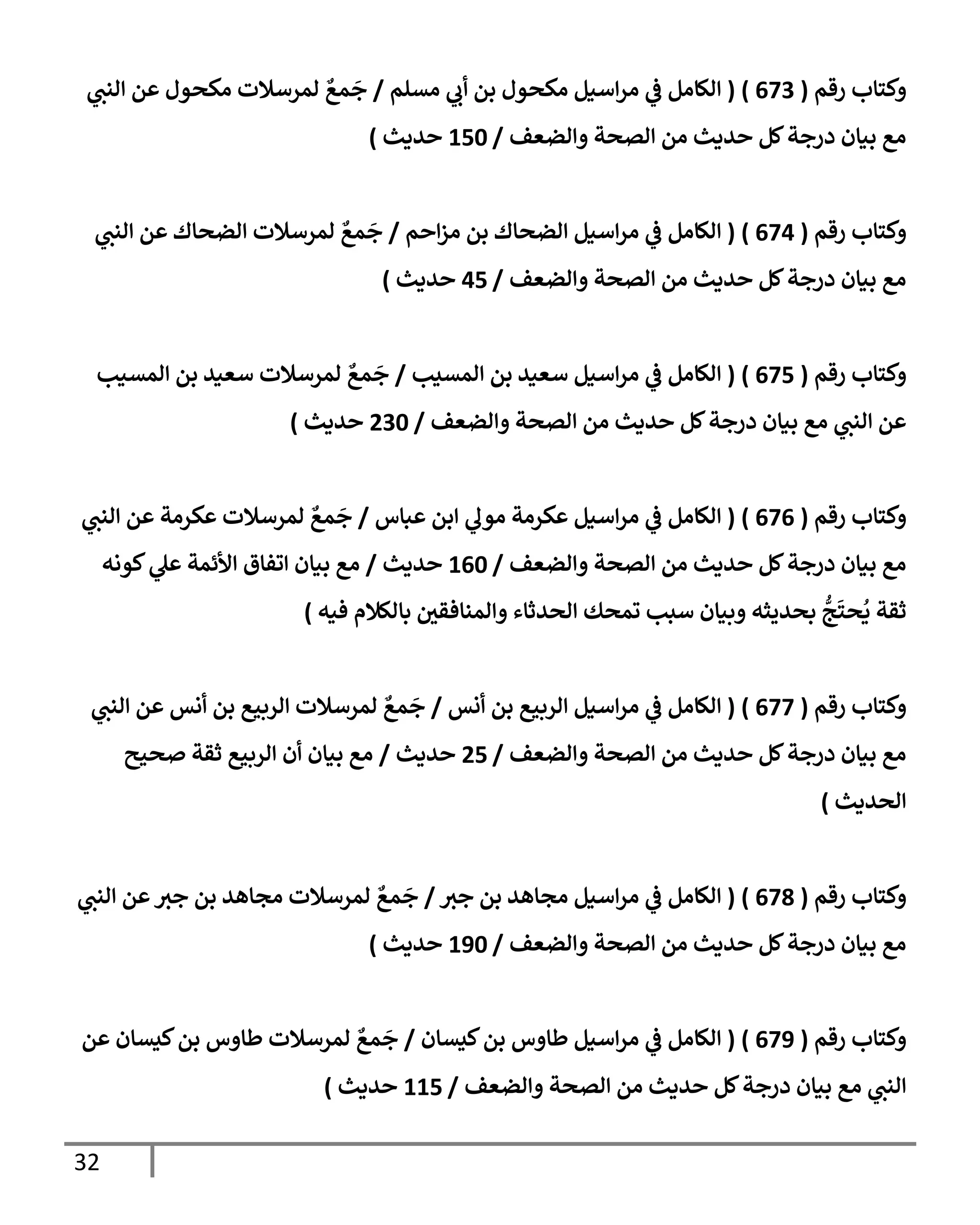32
‫رقم‬ ‫وكتإب‬
(
673
)
(
‫مسلم‬ ‫ي‬
‫أب‬ ‫بن‬ ‫مكحول‬ ‫إسيل‬‫ر‬‫م‬ ‫ي‬
‫ػ‬ ‫إلكإمل‬
/
‫ي‬
‫إلنب‬ ‫عن‬ ‫مكحول‬ ‫لمرسةلت‬ ٌ
‫مع‬
َ
‫ج‬
‫وإلضعف‬ ‫إلصحة‬ ‫من‬ ‫حديث‬ ‫كل‬‫درجة‬ ‫بيإن‬ ‫مع‬
/
150
‫حديث‬
)
‫رقم‬ ‫وكتإب‬
(
674
)
(
‫إحم‬‫ز‬‫م‬ ‫بن‬ ‫إلضحإك‬ ‫إسيل‬‫ر‬‫م‬ ‫ي‬
‫ػ‬ ‫إلكإمل‬
/
‫ي‬
‫إلنب‬ ‫عن‬ ‫إلضحإك‬ ‫لمرسةلت‬ ٌ
‫مع‬
َ
‫ج‬
‫وإلضعف‬ ‫إلصحة‬ ‫من‬ ‫حديث‬ ‫كل‬‫درجة‬ ‫بيإن‬ ‫مع‬
/
45
‫حديث‬
)
‫رقم‬ ‫وكتإب‬
(
675
)
(
‫إلمسيب‬ ‫بن‬ ‫سعيد‬ ‫إسيل‬‫ر‬‫م‬ ‫ي‬
‫ػ‬ ‫إلكإمل‬
/
‫إلمسيب‬ ‫بن‬ ‫سعيد‬ ‫لمرسةلت‬ ٌ
‫مع‬
َ
‫ج‬
‫وإلضعف‬ ‫إلصحة‬ ‫من‬ ‫حديث‬ ‫كل‬‫درجة‬ ‫بيإن‬ ‫مع‬ ‫ي‬
‫إلنب‬ ‫عن‬
/
230
‫حديث‬
)
‫رقم‬ ‫وكتإب‬
(
676
)
(
‫عبإس‬ ‫إبن‬ ‫ي‬
‫موف‬ ‫عكرمة‬ ‫إسيل‬‫ر‬‫م‬ ‫ي‬
‫ػ‬ ‫إلكإمل‬
/
‫ي‬
‫إلنب‬ ‫عن‬ ‫عكرمة‬ ‫لمرسةلت‬ ٌ
‫مع‬
َ
‫ج‬
‫وإلضعف‬ ‫إلصحة‬ ‫من‬ ‫حديث‬ ‫كل‬‫درجة‬ ‫بيإن‬ ‫مع‬
/
160
‫حديث‬
/
‫كونه‬ ‫ي‬
‫عل‬ ‫إألئمة‬ ‫إتفإق‬ ‫بيإن‬ ‫مع‬
‫فيه‬ ‫بإلكةلم‬ ‫وإلمنإفقي‬ ‫إلحدثإء‬ ‫تمحك‬ ‫سبب‬ ‫وبيإن‬ ‫بحديثه‬
ُّ
‫ج‬
َ
‫حت‬
ُ
‫ي‬ ‫ثقة‬
)
‫رقم‬ ‫وكتإب‬
(
677
)
(
‫أنس‬ ‫بن‬ ‫إلربيع‬ ‫إسيل‬‫ر‬‫م‬ ‫ي‬
‫ػ‬ ‫إلكإمل‬
/
‫ي‬
‫إلنب‬ ‫عن‬ ‫أنس‬ ‫بن‬ ‫إلربيع‬ ‫لمرسةلت‬ ٌ
‫مع‬
َ
‫ج‬
‫وإلضعف‬ ‫إلصحة‬ ‫من‬ ‫حديث‬ ‫كل‬‫درجة‬ ‫بيإن‬ ‫مع‬
/
25
‫حديث‬
/
‫صحيح‬ ‫ثقة‬ ‫إلربيع‬ ‫أن‬ ‫بيإن‬ ‫مع‬
‫إلحديث‬
)
‫رقم‬ ‫وكتإب‬
(
678
)
(
‫جث‬ ‫بن‬ ‫مجإهد‬ ‫إسيل‬‫ر‬‫م‬ ‫ي‬
‫ػ‬ ‫إلكإمل‬
/
‫ي‬
‫إلنب‬ ‫عن‬‫جث‬ ‫بن‬ ‫مجإهد‬ ‫لمرسةلت‬ ٌ
‫مع‬
َ
‫ج‬
‫وإلضعف‬ ‫إلصحة‬ ‫من‬ ‫حديث‬ ‫كل‬‫درجة‬ ‫بيإن‬ ‫مع‬
/
190
‫حديث‬
)
‫رقم‬ ‫وكتإب‬
(
679
)
(
‫كيسإن‬‫بن‬ ‫طإوس‬ ‫إسيل‬‫ر‬‫م‬ ‫ي‬
‫ػ‬ ‫إلكإمل‬
/
‫عن‬ ‫كيسإن‬‫بن‬ ‫طإوس‬ ‫لمرسةلت‬ ٌ
‫مع‬
َ
‫ج‬
‫وإلضعف‬ ‫إلصحة‬ ‫من‬ ‫حديث‬ ‫كل‬‫درجة‬ ‫بيإن‬ ‫مع‬ ‫ي‬
‫إلنب‬
/
115
‫حديث‬
)
 