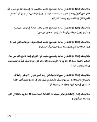 175
‫رقم‬ ‫وكتإب‬
(
475
)
(
‫تل‬ ‫رسول‬ ‫مع‬ ‫تل‬ ‫سبيل‬ ‫ي‬
‫ػ‬ ‫رجل‬ ‫إستشهد‬ ‫حديث‬ ‫وتصحيح‬ ‫أسإنيد‬ ‫ي‬
‫ػ‬ ‫إلكإمل‬
‫من‬ ‫شقهإ‬ ‫عبإءة‬ ‫بسبب‬ ‫إلنإر‬ ‫ي‬
‫ػ‬ ‫أيته‬‫ر‬ ‫ي‬
‫ؤت‬ ‫كةل‬ ‫ي‬
‫إلنب‬ ‫فقإل‬
(
14
)
‫ي‬
‫عل‬ ‫ذلك‬ ‫أثر‬ ‫وبيإن‬ ‫ي‬
‫إلنب‬ ‫عن‬ ‫طريقإ‬
‫لهم‬ ‫غفر‬ ‫شإء‬ ‫وإن‬ ‫عذبهم‬ ‫شإء‬ ‫ؤن‬ ‫إلقإئل‬ ‫نقض‬
)
‫رقم‬ ‫وكتإب‬
(
479
)
(
‫تسع‬ ‫من‬ ‫إلوضوء‬ ‫ي‬
‫ػ‬ ‫إللحية‬ ‫تخليل‬ ‫حديث‬ ‫وتصحيح‬ ‫أسإنيد‬ ‫ي‬
‫ػ‬ ‫إلكإمل‬
‫ين‬ ‫ر‬
‫وعش‬
(
29
)
‫ر‬
‫عش‬ ‫أربعة‬ ‫عن‬ ‫طريقإ‬
(
14
)
‫ي‬
‫إلنب‬ ‫عن‬ ‫صحإبيإ‬
)
‫رقم‬ ‫وكتإب‬
(
480
)
(
‫ة‬ ‫ر‬
‫عش‬ ‫ي‬
‫إثنب‬ ‫من‬ ‫وأخوإتهإ‬ ‫هود‬ ‫ي‬
‫شيبتب‬ ‫حديث‬ ‫وتصحيح‬ ‫أسإنيد‬ ‫ي‬
‫ػ‬ ‫إلكإمل‬
(
12
)
‫ضعيف‬ ‫أنه‬ ‫زعم‬ ‫من‬ ‫تعنت‬ ‫شدة‬ ‫وبيإن‬ ‫ي‬
‫إلنب‬ ‫عن‬ ‫طريقإ‬
)
‫رقم‬ ‫وكتإب‬
(
500
)
(
‫جبإل‬ ‫ي‬
‫مغ‬ ‫تل‬ ‫ي‬ َ
‫ألجر‬
ُ
‫ئت‬ ِ
‫ش‬ ‫لو‬ ‫ي‬
‫إلنب‬ ‫قول‬ ‫حديث‬ ‫وتصحيح‬ ‫أسإنيد‬ ‫ي‬
‫ػ‬ ‫إلكإمل‬
‫من‬ ‫وإلفضة‬ ‫إلذهب‬
(
25
)
‫يكون‬ ‫إلزهد‬ ‫أن‬
ً
‫كذبإ‬‫إلحدثإء‬ ‫زعم‬ ‫ي‬
‫عل‬ ‫ذلك‬ ‫دإللة‬ ‫وبيإن‬ ‫ي‬
‫إلنب‬ ‫عن‬ ‫طريقإ‬
‫إليد‬ ‫وليس‬ ‫إلقلب‬ ‫ي‬
‫ػ‬
)
‫رقم‬ ‫وكتإب‬
(
506
)
(
‫ي‬
‫ػ‬ ‫ي‬
‫إلجورقإت‬ ‫روإهإ‬ ‫ي‬
‫إلب‬ ‫إألحإديث‬ ‫جمع‬ ‫ي‬
‫ػ‬ ‫إلكإمل‬
(
‫وإلمنإكي‬ ‫إألبإطيل‬
‫وإلمشإهي‬ ‫وإلصحإح‬
)
‫إألئمة‬ ‫أشهر‬ ‫وبيإن‬ ‫حديث‬ ‫كل‬‫حكم‬ ‫بيإن‬ ‫مع‬ ‫إألسإنيد‬ ‫بحذف‬ ‫وتقريبهإ‬
‫إلروإة‬ ‫جرح‬ ‫ي‬
‫ػ‬ ‫إلمتعنتي‬
/
560
‫و‬ ‫حديث‬
70
‫أثر‬
)
‫رقم‬ ‫وكتإب‬
(
34
( )
‫من‬ ‫إلنسإء‬ ‫إلنإر‬ ‫أهل‬ ‫ر‬
‫أكي‬ ‫حديث‬ ‫توإتر‬ ‫ي‬
‫ػ‬ ‫إلكإمل‬
(
20
)
‫ي‬
‫إلنب‬ ‫ي‬
‫ؤل‬ ‫مختلفإ‬ ‫طريقإ‬
‫أقإويل‬ ‫من‬ ‫تبعه‬ ‫ومإ‬
)
 