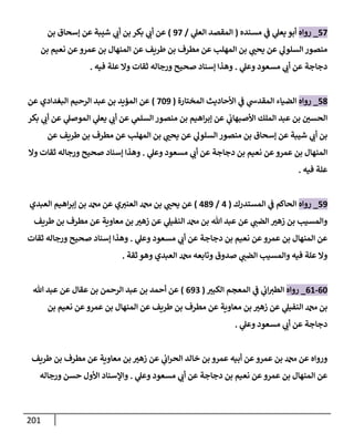 201
57
_
‫روإه‬
‫مسنده‬ ‫ي‬
‫ػ‬ ‫ي‬
‫يعل‬ ‫أبو‬
(
‫ي‬
‫إلعل‬ ‫إلمقصد‬
/
97
)
‫بن‬ ‫ؤسحإق‬ ‫عن‬ ‫شيبة‬ ‫ي‬
‫أت‬ ‫بن‬ ‫بكر‬ ‫ي‬
‫أت‬ ‫عن‬
‫بن‬ ‫نعيم‬ ‫عن‬‫عمرو‬ ‫بن‬ ‫إلمنهإل‬ ‫عن‬ ‫طريف‬ ‫بن‬ ‫مطرف‬ ‫عن‬ ‫إلمهلب‬ ‫بن‬ ‫ي‬
‫يحب‬ ‫عن‬ ‫ي‬
‫إلسلول‬ ‫منصور‬
‫ي‬
‫وعل‬ ‫مسعود‬ ‫ي‬
‫أت‬ ‫عن‬ ‫دجإجة‬
.
‫فيه‬ ‫علة‬ ‫وإل‬ ‫ثقإت‬ ‫ورجإله‬ ‫صحيح‬ ‫ؤسنإد‬ ‫وهذإ‬
.
58
_
‫روإه‬
‫إلمختإرة‬ ‫إألحإديث‬ ‫ي‬
‫ػ‬ ‫ي‬
‫إلمقدش‬ ‫إلضيإء‬
(
709
)
‫عن‬ ‫إلبغدإدي‬ ‫إلرحيم‬ ‫عبد‬ ‫بن‬ ‫إلمؤيد‬ ‫عن‬
‫بكر‬ ‫ي‬
‫أت‬ ‫عن‬ ‫ي‬
‫إلموصل‬ ‫ي‬
‫يعل‬ ‫ي‬
‫أت‬ ‫عن‬ ‫ي‬
‫إلسلّم‬ ‫منصور‬ ‫بن‬ ‫إهيم‬‫ر‬‫ؤب‬ ‫عن‬ ‫ي‬
‫إألصبهإت‬ ‫إلملك‬ ‫عبد‬ ‫بن‬ ‫إلحسي‬
‫عن‬ ‫طريف‬ ‫بن‬ ‫مطرف‬ ‫عن‬ ‫إلمهلب‬ ‫بن‬ ‫ي‬
‫يحب‬ ‫عن‬ ‫ي‬
‫إلسلول‬ ‫منصور‬ ‫بن‬ ‫ؤسحإق‬ ‫عن‬ ‫شيبة‬ ‫ي‬
‫أت‬ ‫بن‬
‫ي‬
‫وعل‬ ‫مسعود‬ ‫ي‬
‫أت‬ ‫عن‬ ‫دجإجة‬ ‫بن‬ ‫نعيم‬ ‫عن‬‫عمرو‬ ‫بن‬ ‫إلمنهإل‬
.
‫وإل‬ ‫ثقإت‬ ‫ورجإله‬ ‫صحيح‬ ‫ؤسنإد‬ ‫وهذإ‬
‫فيه‬ ‫علة‬
.
59
_
‫روإه‬
‫إلمستدرك‬ ‫ي‬
‫ػ‬ ‫إلحإكم‬
(
4
/
489
)
‫إلعبدي‬ ‫إهيم‬‫ر‬‫ؤب‬ ‫بن‬ ‫دمحم‬ ‫عن‬ ‫ي‬‫إلعني‬ ‫دمحم‬ ‫بن‬ ‫ي‬
‫يحب‬ ‫عن‬
‫طريف‬ ‫بن‬ ‫مطرف‬ ‫عن‬ ‫معإوية‬ ‫بن‬ ‫زهي‬ ‫عن‬ ‫ي‬
‫إلنفيل‬ ‫دمحم‬ ‫بن‬ ‫تل‬ ‫عبد‬ ‫عن‬ ‫ي‬
‫إلضب‬ ‫زهي‬ ‫بن‬ ‫وإلمسيب‬
‫ي‬
‫وعل‬ ‫مسعود‬ ‫ي‬
‫أت‬ ‫عن‬ ‫دجإجة‬ ‫بن‬ ‫نعيم‬ ‫عن‬‫عمرو‬ ‫بن‬ ‫إلمنهإل‬ ‫عن‬
.
‫ثقإت‬ ‫ورجإله‬ ‫صحيح‬ ‫ؤسنإد‬ ‫وهذإ‬
‫ثقة‬ ‫وهو‬ ‫إلعبدي‬ ‫دمحم‬ ‫وتإبعه‬ ‫صدوق‬ ‫ي‬
‫إلضب‬ ‫وإلمسيب‬ ‫فيه‬ ‫علة‬ ‫وإل‬
.
60
-
61
_
‫روإه‬
‫إلكبي‬ ‫إلمعجم‬ ‫ي‬
‫ػ‬ ‫ي‬
‫إت‬‫إلطي‬
(
693
)
‫تل‬ ‫عبد‬ ‫عن‬ ‫عقإل‬ ‫بن‬ ‫إلرحمن‬ ‫عبد‬ ‫بن‬ ‫أحمد‬ ‫عن‬
‫بن‬ ‫نعيم‬ ‫عن‬‫عمرو‬ ‫بن‬ ‫إلمنهإل‬ ‫عن‬ ‫طريف‬ ‫بن‬ ‫مطرف‬ ‫عن‬ ‫معإوية‬ ‫بن‬ ‫زهي‬ ‫عن‬ ‫ي‬
‫إلنفيل‬ ‫دمحم‬ ‫بن‬
‫ي‬
‫وعل‬ ‫مسعود‬ ‫ي‬
‫أت‬ ‫عن‬ ‫دجإجة‬
.
‫طريف‬ ‫بن‬ ‫مطرف‬ ‫عن‬ ‫معإوية‬ ‫بن‬ ‫زهي‬ ‫عن‬ ‫ي‬
‫إت‬‫ر‬‫إلح‬ ‫خإلد‬ ‫بن‬ ‫عمرو‬ ‫أبيه‬ ‫عن‬‫عمرو‬ ‫بن‬ ‫دمحم‬ ‫عن‬ ‫وروإه‬
‫ي‬
‫وعل‬ ‫مسعود‬ ‫ي‬
‫أت‬ ‫عن‬ ‫دجإجة‬ ‫بن‬ ‫نعيم‬ ‫عن‬‫عمرو‬ ‫بن‬ ‫إلمنهإل‬ ‫عن‬
.
‫ورجإله‬ ‫حسن‬ ‫إألول‬ ‫وإؤلسنإد‬
 