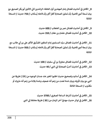 208
8
_
‫مع‬ ‫إلصديق‬ ‫بكر‬ ‫أبو‬ ‫إإلثني‬ ‫ي‬
‫ثإت‬ ‫إشدين‬‫ر‬‫إل‬ ‫إلخلفإء‬ ‫أول‬ ‫إلمهتدين‬ ‫ؤمإم‬ ‫فضإئل‬ ‫أحإديث‬ ‫ي‬
‫ػ‬ ‫إلكإمل‬
‫تإب‬
َ
‫ست‬
ُ
‫ي‬ ‫فإعله‬ ‫وأن‬‫أكي‬ ٌ
‫كفر‬‫إلصحإبة‬ ‫تمثيل‬ ‫بأن‬ ‫قإضية‬ ٍ
‫أمور‬ ‫تسعة‬ ‫بيإن‬
/
750
‫حديث‬
/
‫إلنسخة‬
‫إلثإلثة‬
9
_
‫إلخطإب‬ ‫بن‬ ‫عمر‬ ‫فضإئل‬ ‫أحإديث‬ ‫ي‬
‫ػ‬ ‫إلكإمل‬
/
600
‫حديث‬
10
_
‫عفإن‬ ‫بن‬ ‫عثمإن‬ ‫فضإئل‬ ‫أحإديث‬ ‫ي‬
‫ػ‬ ‫إلكإمل‬
/
350
‫حديث‬
11
_
‫مع‬ ‫طإلب‬ ‫ي‬
‫أت‬ ‫بن‬ ‫ي‬
‫عل‬‫إألكي‬ ‫يق‬
ِّ
‫د‬ ِّ
‫إلص‬ ‫إلمتقي‬ ‫ؤمإم‬ ‫إلمسلمي‬ ‫د‬ِّ‫سي‬ ‫فضإئل‬ ‫أحإديث‬ ‫ي‬
‫ػ‬ ‫إلكإمل‬
‫تإب‬
َ
‫ست‬
ُ
‫ي‬ ‫فإعله‬ ‫وأن‬‫أكي‬ ٌ
‫كفر‬‫إلصحإبة‬ ‫تمثيل‬ ‫بأن‬ ‫قإضية‬ ٍ
‫أمور‬ ‫تسعة‬ ‫بيإن‬
/
950
‫حديث‬
/
‫إلنسخة‬
‫إلثإلثة‬
12
_
‫سفيإن‬ ‫ي‬
‫أت‬ ‫بن‬ ‫معإوية‬ ‫فضإئل‬ ‫أحإديث‬ ‫ي‬
‫ػ‬ ‫إلكإمل‬
/
100
‫حديث‬
13
_
‫ي‬
‫إلنب‬ ‫ي‬
‫ؤل‬ ‫إلصحإبة‬ ِّ
‫أحب‬ ‫أحإديث‬ ‫ي‬
‫ػ‬ ‫إلكإمل‬
/
40
‫حديث‬
14
_
‫من‬ ‫إلوجوه‬ ‫إن‬ َ
‫س‬ ِ
‫ح‬ ‫عند‬‫إلخي‬ ‫إطلبوإ‬ ‫حديث‬ ‫وتصحيح‬ ‫أسإنيد‬ ‫ي‬
‫ػ‬ ‫إلكإمل‬
(
19
)
‫عن‬ ‫طريقإ‬
‫أو‬ ‫وك‬‫مي‬ ‫أنه‬ ‫زعم‬ ‫من‬ ‫بةلدة‬ ‫وشدة‬ ‫ضعيف‬ ‫أنه‬ ‫زعم‬ ‫من‬ ‫تعنت‬ ‫شدة‬ ‫وبيإن‬ ‫تأويله‬ ‫بيإن‬ ‫مع‬ ‫ي‬
‫إلنب‬
‫مكذوب‬
/
‫إلثإلثة‬ ‫إلنسخة‬
15
_
‫إلصغري‬ ‫إلسإعة‬ ‫إط‬ ‫ر‬
‫أش‬ ‫أحإديث‬ ‫ي‬
‫ػ‬ ‫إلكإمل‬
/
3700
‫حديث‬
16
_
‫من‬ ‫إلزمإن‬ ‫آخر‬ ِّ
‫مهدي‬ ‫حديث‬ ‫توإتر‬ ‫ي‬
‫ػ‬ ‫إلكإمل‬
(
30
)
‫ي‬
‫إلنب‬ ‫ي‬
‫ؤل‬ ‫مختلفإ‬ ‫طريقإ‬
 