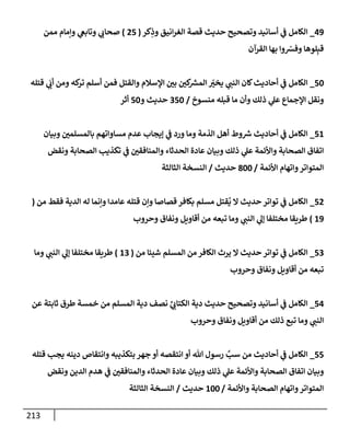 213
49
_
‫كر‬ِ
‫وذ‬ ‫إنيق‬‫ر‬‫إلغ‬ ‫قصة‬ ‫حديث‬ ‫وتصحيح‬ ‫أسإنيد‬ ‫ي‬
‫ػ‬ ‫إلكإمل‬
(
25
)
‫ممن‬ ‫وإمإم‬ ‫ي‬
‫وتإبغ‬ ‫ي‬
‫صحإت‬
‫إلقرآن‬ ‫بهإ‬ ‫وإ‬ ّ
‫وفش‬ ‫لوهإ‬ِ‫قب‬
50
_
‫قتله‬ ‫ي‬
َ
‫أت‬ ‫ومن‬ ‫كه‬
‫تر‬ ‫أسلم‬ ‫فمن‬ ‫وإلقتل‬ ‫إؤلسةلم‬ ‫بي‬ ‫كي‬ ‫ر‬
‫إلمش‬ ّ
‫يخي‬ ‫ي‬
‫إلنب‬ ‫كإن‬‫أحإديث‬ ‫ي‬
‫ػ‬ ‫إلكإمل‬
‫منسوخ‬ ‫قبله‬ ‫مإ‬ ‫وأن‬ ‫ذلك‬ ‫ي‬
‫عل‬ ‫إؤلجمإع‬ ‫ونقل‬
/
350
‫و‬ ‫حديث‬
50
‫أثر‬
51
_
‫وبيإن‬ ‫بإلمسلمي‬ ‫مسإوإتهم‬ ‫عدم‬ ‫ؤيجإب‬ ‫ي‬
‫ػ‬ ‫ورد‬ ‫ومإ‬ ‫إلذمة‬ ‫أهل‬ ‫وط‬ ‫ر‬
‫ش‬ ‫أحإديث‬ ‫ي‬
‫ػ‬ ‫إلكإمل‬
‫ونقض‬ ‫إلصحإبة‬ ‫تكذيب‬ ‫ي‬
‫ػ‬ ‫وإلمنإفقي‬ ‫إلحدثإء‬ ‫عإدة‬ ‫وبيإن‬ ‫ذلك‬ ‫ي‬
‫عل‬ ‫وإألئمة‬ ‫إلصحإبة‬ ‫إتفإق‬
‫إألئمة‬ ‫وإتهإم‬‫إلمتوإتر‬
/
800
‫حديث‬
/
‫إلثإلثة‬ ‫إلنسخة‬
52
_
‫من‬ ‫فقط‬ ‫إلدية‬ ‫له‬ ‫وإنمإ‬ ‫عإمدإ‬ ‫قتله‬ ‫وإن‬ ‫قصإصإ‬ ‫بكإفر‬ ‫مسلم‬ ‫قتل‬
ُ
‫ي‬ ‫إل‬ ‫حديث‬ ‫توإتر‬ ‫ي‬
‫ػ‬ ‫إلكإمل‬
(
19
)
‫وحروب‬ ‫ونفإق‬ ‫أقإويل‬ ‫من‬ ‫تبعه‬ ‫ومإ‬ ‫ي‬
‫إلنب‬ ‫ي‬
‫ؤل‬ ‫مختلفإ‬ ‫طريقإ‬
53
_
‫من‬ ‫شيئإ‬ ‫إلمسلم‬ ‫من‬ ‫إلكإفر‬ ‫يرث‬ ‫إل‬ ‫حديث‬ ‫توإتر‬ ‫ي‬
‫ػ‬ ‫إلكإمل‬
(
13
)
‫ومإ‬ ‫ي‬
‫إلنب‬ ‫ي‬
‫ؤل‬ ‫مختلفإ‬ ‫طريقإ‬
‫وحروب‬ ‫ونفإق‬ ‫أقإويل‬ ‫من‬ ‫تبعه‬
54
_
‫عن‬ ‫ثإبتة‬ ‫طرق‬ ‫خمسة‬ ‫من‬ ‫إلمسلم‬ ‫دية‬ ‫نصف‬ ِّ
‫ي‬
‫إلكتإت‬ ‫دية‬ ‫حديث‬ ‫وتصحيح‬ ‫أسإنيد‬ ‫ي‬
‫ػ‬ ‫إلكإمل‬
‫وحروب‬ ‫ونفإق‬ ‫أقإويل‬ ‫من‬ ‫ذلك‬ ‫تبع‬ ‫ومإ‬ ‫ي‬
‫إلنب‬
55
_
‫قتله‬ ‫يجب‬ ‫دينه‬ ‫وإنتقإص‬ ‫بتكذيبه‬ ‫جهر‬ ‫أو‬ ‫إنتقصه‬ ‫أو‬ ‫تل‬ ‫رسول‬ َّ
‫سب‬ ‫من‬ ‫أحإديث‬ ‫ي‬
‫ػ‬ ‫إلكإمل‬
‫ونقض‬ ‫إلدين‬ ‫هدم‬ ‫ي‬
‫ػ‬ ‫وإلمنإفقي‬ ‫إلحدثإء‬ ‫عإدة‬ ‫وبيإن‬ ‫ذلك‬ ‫ي‬
‫عل‬ ‫وإألئمة‬ ‫إلصحإبة‬ ‫إتفإق‬ ‫وبيإن‬
‫وإألئمة‬ ‫إلصحإبة‬ ‫وإتهإم‬‫إلمتوإتر‬
/
100
‫حديث‬
/
‫إلثإلثة‬ ‫إلنسخة‬
 