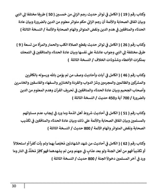 30
‫رقم‬ ‫وكتإب‬
(
19
)
(
‫خمسي‬ ‫من‬ ‫ي‬
‫إت‬‫ز‬‫إل‬ ‫رجم‬ ‫حديث‬ ‫توإتر‬ ‫ي‬
‫ػ‬ ‫إلكإمل‬
(
50
)
‫ي‬
‫إلنب‬ ‫ي‬
‫ؤل‬ ‫مختلفإ‬ ‫طريقإ‬
‫عإدة‬ ‫وبيإن‬ ‫ورة‬‫بإلض‬ ‫إلدين‬ ‫من‬ ‫معلوم‬ ‫متوإتر‬ ‫حكم‬ ‫ي‬
‫إت‬‫ز‬‫إل‬ ‫رجم‬ ‫أن‬ ‫وإألئمة‬ ‫إلصحإبة‬ ‫إتفإق‬ ‫وبيإن‬
‫وإألئمة‬ ‫إلصحإبة‬ ‫وإتهإم‬‫إلمتوإتر‬ ‫ونقض‬ ‫إلدين‬ ‫هدم‬ ‫ي‬
‫ػ‬ ‫وإلمنإفقي‬ ‫إلحدثإء‬
/
‫إلثإلثة‬ ‫إلنسخة‬
)
‫رقم‬ ‫وكتإب‬
(
26
( )
‫تسعة‬ ‫من‬ ‫أة‬‫ر‬‫وإلم‬‫وإلحمإر‬ ‫إلكلب‬ ‫إلصةلة‬ ‫يقطع‬ ‫حديث‬ ‫توإتر‬ ‫ي‬
‫ػ‬ ‫إلكإمل‬
(
9
)
‫إلتمحك‬ ‫ي‬
‫ػ‬ ‫وإلمنإفقي‬ ‫إلحدثإء‬ ‫عإدة‬ ‫وبيإن‬ ‫نفسهإ‬ ‫ي‬
‫عل‬ ‫عإئشة‬ ‫وجوإب‬ ‫ي‬
‫إلنب‬ ‫ي‬
‫ؤل‬ ‫مختلفة‬ ‫طرق‬
‫إلخةلف‬ ‫وشذوذإت‬ ‫إألخطإء‬ ‫إت‬‫ر‬‫بمنك‬
/
‫إلثإلثة‬ ‫إلنسخة‬
)
‫رقم‬ ‫وكتإب‬
(
46
)
(
‫بإلكإفرين‬ ‫ورسوله‬ ‫بإثل‬ ‫يؤمن‬ ‫لم‬ ‫من‬ ‫وصف‬ ‫وأحإديث‬ ‫آيإت‬ ‫ي‬
‫ػ‬ ‫إلكإمل‬
‫وإلخإشين‬ ‫وإلفإسقي‬ ‫وإلسفهإء‬‫وإلخنإزير‬ ‫وإلقردة‬ ‫إلدوإب‬ ِّ ‫ر‬
‫وش‬ ‫وإلمجرمي‬ ‫وإلظإلمي‬ ‫كي‬ ‫ر‬
‫وإلمش‬
‫إلدين‬ ‫من‬ ‫إلمعلوم‬ ‫وهدم‬ ‫إلقرآن‬ ‫تحريف‬ ‫ي‬
‫ػ‬ ‫وإلمنإفقي‬ ‫إلحدثإء‬ ‫عإدة‬ ‫وبيإن‬ ‫إلجحيم‬ ‫وأصحإب‬
‫ورة‬‫بإلض‬
/
700
‫و‬ ‫آية‬
450
‫حديث‬
/
‫إلثإلثة‬ ‫إلنسخة‬
)
‫رقم‬ ‫وكتإب‬
(
51
( )
‫مسإوإتهم‬ ‫عدم‬ ‫ؤيجإب‬ ‫ي‬
‫ػ‬ ‫ورد‬ ‫ومإ‬ ‫إلذمة‬ ‫أهل‬ ‫وط‬ ‫ر‬
‫ش‬ ‫أحإديث‬ ‫ي‬
‫ػ‬ ‫إلكإمل‬
‫تكذيب‬ ‫ي‬
‫ػ‬ ‫وإلمنإفقي‬ ‫إلحدثإء‬ ‫عإدة‬ ‫وبيإن‬ ‫ذلك‬ ‫ي‬
‫عل‬ ‫وإألئمة‬ ‫إلصحإبة‬ ‫إتفإق‬ ‫وبيإن‬ ‫بإلمسلمي‬
‫إألئمة‬ ‫وإتهإم‬‫إلمتوإتر‬ ‫ونقض‬ ‫إلصحإبة‬
/
800
‫حديث‬
/
‫إلثإلثة‬ ‫إلنسخة‬
)
‫رقم‬ ‫وكتإب‬
(
62
)
(
ً
‫إستحةلال‬ ‫أو‬
ً
‫إ‬‫ر‬‫كف‬‫يأت‬ ‫ولم‬ ‫بهمإ‬
ً
‫صإ‬ِ‫خل‬ ُ‫م‬ ‫إلشهإدتي‬ ‫شهد‬ ‫من‬ ‫أحإديث‬ ‫ي‬
‫ػ‬ ‫إلكإمل‬
‫ومإ‬‫إلنإر‬ ‫ي‬
‫ػ‬
ٌ
‫د‬
َّ
‫خل‬ ُ‫م‬ ٌ
‫ر‬ ِ‫كإف‬‫فهو‬ ‫يشهدهمإ‬ ‫لم‬ ‫ومن‬ ‫جهنم‬ ‫ي‬
‫ػ‬ ٍ
‫عذإب‬ ‫بعد‬ ‫ولو‬ ‫إلجنة‬ ‫أهل‬ ‫من‬ ‫فهو‬
ً
‫تكذيبإ‬ ‫أو‬
‫إلجنة‬
ً
‫دخوال‬ ‫إلمسلمي‬ ‫آخر‬ ‫ي‬
‫ػ‬ ‫ورد‬
/
800
‫حديث‬
/
‫إلثإلثة‬ ‫إلنسخة‬
)
 