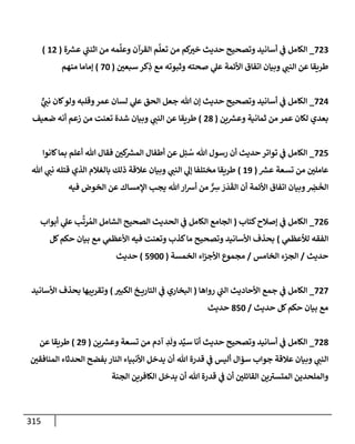 315
723
_
‫ة‬ ‫ر‬
‫عش‬ ‫ي‬
‫إثنب‬ ‫من‬ ‫مه‬
َّ
‫وعل‬ ‫إلقرآن‬ ‫م‬
َّ
‫تعل‬ ‫من‬ ‫كم‬
‫خي‬ ‫حديث‬ ‫وتصحيح‬ ‫أسإنيد‬ ‫ي‬
‫ػ‬ ‫إلكإمل‬
(
12
)
‫سبعي‬ ‫كر‬ِ
‫ذ‬ ‫مع‬ ‫وثبوته‬ ‫صحته‬ ‫ي‬
‫عل‬ ‫إألئمة‬ ‫إتفإق‬ ‫وبيإن‬ ‫ي‬
‫إلنب‬ ‫عن‬ ‫طريقإ‬
(
70
)
‫منهم‬ ‫ؤمإمإ‬
724
_
ٌّ
‫ي‬
‫نب‬ ‫كإن‬‫ولو‬ ‫وقلبه‬‫عمر‬ ‫لسإن‬ ‫ي‬
‫عل‬ ‫إلحق‬ ‫جعل‬ ‫تل‬ ‫ؤن‬ ‫حديث‬ ‫وتصحيح‬ ‫أسإنيد‬ ‫ي‬
‫ػ‬ ‫إلكإمل‬
‫ين‬ ‫ر‬
‫وعش‬ ‫ثمإنية‬ ‫من‬ ‫عمر‬ ‫لكإن‬ ‫بعدي‬
(
28
)
‫ضعيف‬ ‫أنه‬ ‫زعم‬ ‫من‬ ‫تعنت‬ ‫شدة‬ ‫وبيإن‬ ‫ي‬
‫إلنب‬ ‫عن‬ ‫طريقإ‬
725
_
‫كإنوإ‬‫بمإ‬ ‫أعلم‬ ‫تل‬ ‫فقإل‬ ‫كي‬ ‫ر‬
‫إلمش‬ ‫أطفإل‬ ‫عن‬ ‫ل‬ِ‫ئ‬ ُ
‫س‬ ‫تل‬ ‫رسول‬ ‫أن‬ ‫حديث‬ ‫توإتر‬ ‫ي‬
‫ػ‬ ‫إلكإمل‬
‫ر‬
‫عش‬ ‫تسعة‬ ‫من‬ ‫عإملي‬
(
19
)
‫تل‬ ‫ي‬
‫نب‬ ‫قتله‬ ‫إلذي‬ ‫بإلغةلم‬ ‫ذلك‬ ‫عةلقة‬ ‫وبيإن‬ ‫ي‬
‫إلنب‬ ‫ي‬
‫ؤل‬ ‫مختلفإ‬ ‫طريقإ‬
‫فيه‬ ‫إلخوض‬ ‫عن‬ ‫إؤلمسإك‬ ‫يجب‬ ‫تل‬ ‫إر‬‫ش‬‫أ‬ ‫من‬ ٌّ ِ
‫ش‬ َ
‫ر‬
َ
‫د‬
َ
‫إلق‬ ‫أن‬ ‫إألئمة‬ ‫إتفإق‬ ‫وبيإن‬ ِ
‫ض‬
َ
‫إلخ‬
726
_
‫كتإب‬‫ؤصةلح‬ ‫ي‬
‫ػ‬ ‫إلكإمل‬
(
‫أبوإب‬ ‫ي‬
‫عل‬ ‫ب‬
َّ
‫رت‬ ُ‫إلم‬ ‫إلشإمل‬ ‫إلصحيح‬ ‫إلحديث‬ ‫ي‬
‫ػ‬ ‫إلكإمل‬ ‫إلجإمع‬
‫ي‬
‫لالعظّم‬ ‫إلفقه‬
)
‫كل‬‫حكم‬ ‫بيإن‬ ‫مع‬ ‫ي‬
‫إألعظّم‬ ‫فيه‬ ‫وتعنت‬ ‫كذب‬‫مإ‬ ‫وتصحيح‬ ‫إألسإنيد‬ ‫بحذف‬
‫حديث‬
/
‫إلخإمس‬ ‫إلجزء‬
/
‫إلخمسة‬ ‫إء‬‫ز‬‫إألج‬ ‫مجموع‬
(
5900
)
‫حديث‬
727
_
‫روإهإ‬ ‫ي‬
‫إلب‬ ‫إألحإديث‬ ‫جمع‬ ‫ي‬
‫ػ‬ ‫إلكإمل‬
(
‫إلكبي‬ ‫خ‬ ‫إلتإري‬ ‫ي‬
‫ػ‬ ‫إلبخإري‬
)
‫إألسإنيد‬ ‫بحذف‬ ‫وتقريبهإ‬
‫حديث‬ ‫كل‬‫حكم‬ ‫بيإن‬ ‫مع‬
/
850
‫حديث‬
728
_
‫ين‬ ‫ر‬
‫وعش‬ ‫تسعة‬ ‫من‬ ‫آدم‬ ِ
‫د‬
َ
‫ول‬ ‫د‬ِّ‫سي‬ ‫أنإ‬ ‫حديث‬ ‫وتصحيح‬ ‫أسإنيد‬ ‫ي‬
‫ػ‬ ‫إلكإمل‬
(
29
)
‫عن‬ ‫طريقإ‬
‫إلمنإفقي‬ ‫إلحدثإء‬ ‫بفضح‬ ‫إلنإر‬ ‫إألنبيإء‬ ‫يدخل‬ ‫أن‬ ‫تل‬ ‫قدرة‬ ‫ي‬
‫ػ‬ ‫أليس‬ ‫سؤإل‬ ‫جوإب‬ ‫عةلقة‬ ‫وبيإن‬ ‫ي‬
‫إلنب‬
‫إلجنة‬ ‫إلكإفرين‬ ‫يدخل‬ ‫أن‬ ‫تل‬ ‫قدرة‬ ‫ي‬
‫ػ‬ ‫أن‬ ‫إلقإئلي‬ ‫ين‬‫إلمتسي‬ ‫وإلملحدين‬
 