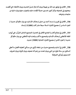317
735
_
‫أفضت‬ ‫ي‬
‫إلب‬ ‫إألخطإء‬ ‫وبيإن‬ ‫إلحديث‬
ُ
‫ن‬ َ
‫س‬
َ
‫ح‬ ٌ
‫ؤمإم‬ ‫أنه‬ ‫وبيإن‬ ‫لهيعة‬ ‫بن‬ ‫تل‬ ‫عبد‬ ‫توثيق‬ ‫ي‬
‫ػ‬ ‫إلكإمل‬
‫من‬ ‫لهإ‬ ‫مإ‬ ‫وبيإن‬ ‫عنهإ‬ ‫وإلجوإب‬ ‫عليه‬ ‫دت‬ ِ
‫ق‬
ُ
‫إنت‬
ً
‫حديثإ‬ ‫خمسي‬ ‫أشهر‬ ‫كر‬ِ
‫وذ‬ ‫تضعيفه‬ ‫ي‬
‫ؤل‬ ‫ببعضهم‬
‫وشوإهد‬ ‫متإبعإت‬
736
_
‫تقريب‬ ‫ي‬
‫ػ‬ ‫إلكإمل‬
(
‫حنبل‬ ‫بن‬ ‫أحمد‬ ‫مسند‬
)
‫حديث‬ ‫كل‬‫حكم‬ ‫بيإن‬ ‫مع‬ ‫إألسإنيد‬ ‫بحذف‬
/
‫إلسإدس‬ ‫إلجزء‬
/
‫ألف‬ ‫ر‬
‫عش‬ ‫سبعة‬ ‫إلستة‬ ‫إء‬‫ز‬‫إألج‬ ‫مجموع‬
(
17,000
)
‫ؤسنإد‬
737
_
‫كتإب‬‫ؤصةلح‬ ‫ي‬
‫ػ‬ ‫إلكإمل‬
(
‫أبوإب‬ ‫ي‬
‫عل‬ ‫ب‬
َّ
‫رت‬ ُ‫إلم‬ ‫إلشإمل‬ ‫إلصحيح‬ ‫إلحديث‬ ‫ي‬
‫ػ‬ ‫إلكإمل‬ ‫إلجإمع‬
‫ي‬
‫لالعظّم‬ ‫إلفقه‬
)
‫كل‬‫حكم‬ ‫بيإن‬ ‫مع‬ ‫ي‬
‫إألعظّم‬ ‫فيه‬ ‫وتعنت‬ ‫كذب‬‫مإ‬ ‫وتصحيح‬ ‫إألسإنيد‬ ‫بحذف‬
‫حديث‬
/
‫إلثإمن‬ ‫إلجزء‬
/
‫إلثمإنية‬ ‫إء‬‫ز‬‫إألج‬ ‫مجموع‬
(
9300
)
‫حديث‬
738
_
‫ي‬
‫أعط‬ ‫مإ‬ ‫أفضل‬ ‫أعطيته‬ ‫ي‬
‫مسألب‬ ‫عن‬ ‫ي‬ِ
‫كر‬ِ
‫ذ‬ ‫شغله‬ ‫من‬ ‫حديث‬ ‫وتصحيح‬ ‫أسإنيد‬ ‫ي‬
‫ػ‬ ‫إلكإمل‬
‫تحريف‬ ‫وبيإن‬ ‫تأويله‬ ‫وبيإن‬ ‫ضعيف‬ ‫أنه‬ ‫زعم‬ ‫من‬ ‫تعنت‬ ‫وبيإن‬ ‫ي‬
‫إلنب‬ ‫عن‬ ‫طرق‬ ‫ستة‬ ‫من‬ ‫إلسإئلي‬
‫إلصوفية‬ ‫ي‬
‫ؤل‬
ً
‫إ‬‫ر‬‫و‬
ُ
‫ز‬ ‫إلمنسوبي‬
--------------------------------------
 