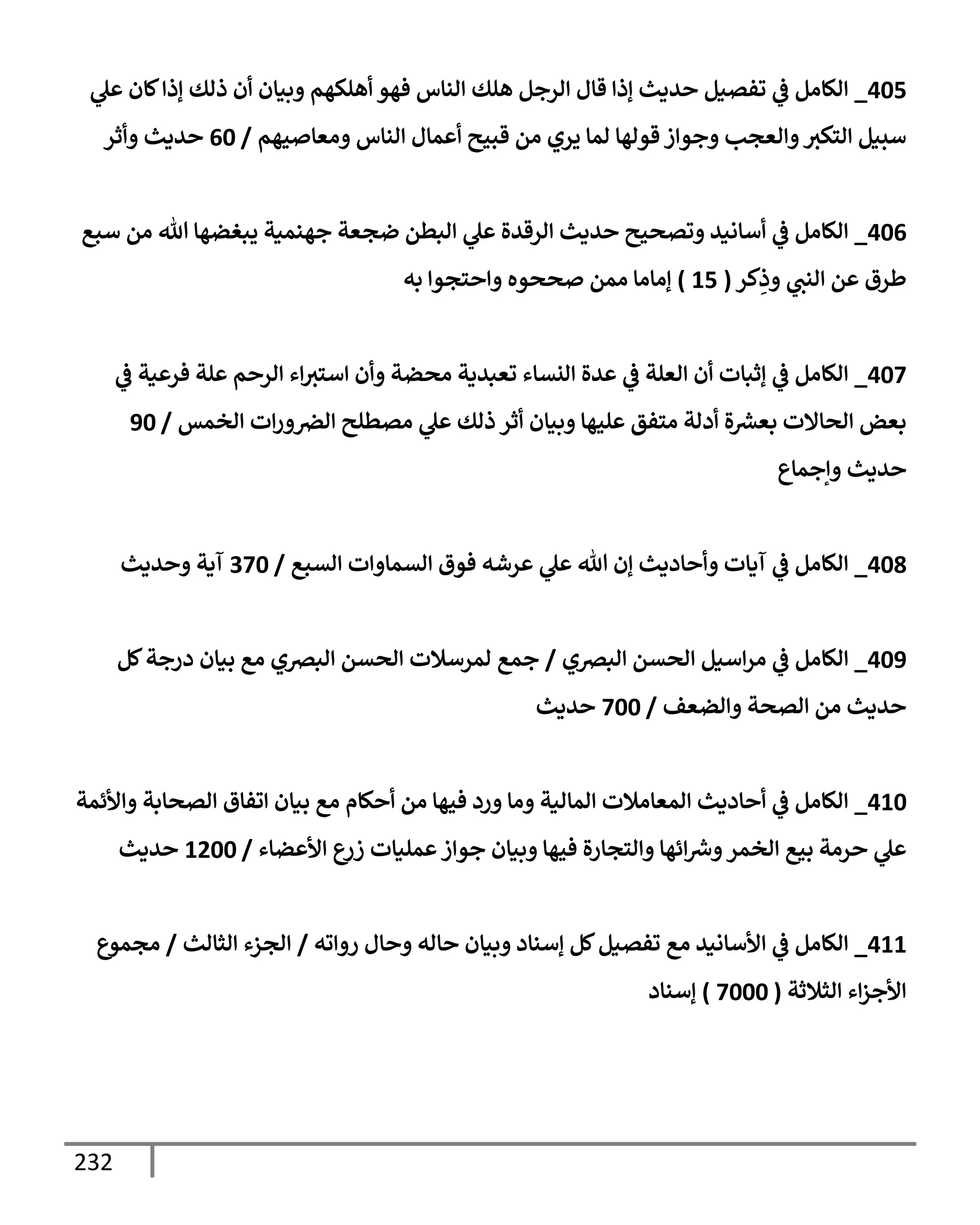 232
405
_
‫ي‬
‫عل‬ ‫كإن‬‫ؤذإ‬ ‫ذلك‬ ‫أن‬ ‫وبيإن‬ ‫أهلكهم‬ ‫فهو‬ ‫إلنإس‬ ‫هلك‬ ‫إلرجل‬ ‫قإل‬ ‫ؤذإ‬ ‫حديث‬ ‫تفصيل‬ ‫ي‬
‫ػ‬ ‫إلكإمل‬
‫ومعإصيهم‬ ‫إلنإس‬ ‫أعمإل‬ ‫قبيح‬ ‫من‬ ‫يري‬ ‫لمإ‬ ‫قولهإ‬ ‫وجوإز‬ ‫وإلعجب‬‫إلتكث‬ ‫سبيل‬
/
60
‫وأثر‬ ‫حديث‬
406
_
‫سبع‬ ‫من‬ ‫تل‬ ‫يبغضهإ‬ ‫جهنمية‬ ‫ضجعة‬ ‫إلبطن‬ ‫ي‬
‫عل‬ ‫إلرقدة‬ ‫حديث‬ ‫وتصحيح‬ ‫أسإنيد‬ ‫ي‬
‫ػ‬ ‫إلكإمل‬
‫كر‬ِ
‫وذ‬ ‫ي‬
‫إلنت‬ ‫عن‬ ‫طرق‬
(
15
)
‫به‬ ‫وإحتجوإ‬ ‫صححوه‬ ‫ممن‬ ‫ؤمإمإ‬
407
_
‫ي‬
‫ػ‬ ‫فرعية‬ ‫علة‬ ‫إلرحم‬ ‫إء‬‫إستث‬ ‫وأن‬ ‫محضة‬ ‫تعبدية‬ ‫إلنسإء‬ ‫عدة‬ ‫ي‬
‫ػ‬ ‫إلعلة‬ ‫أن‬ ‫ؤثبإت‬ ‫ي‬
‫ػ‬ ‫إلكإمل‬
‫إلخمس‬ ‫إت‬‫ر‬‫و‬‫إلرص‬ ‫مصطلح‬ ‫ي‬
‫عل‬ ‫ذلك‬ ‫أثر‬ ‫وبيإن‬ ‫عليهإ‬ ‫متفق‬ ‫أدلة‬ ‫ة‬ ‫ر‬
‫بعش‬ ‫إلحإإلت‬ ‫بعض‬
/
90
‫وإجمإع‬ ‫حديث‬
408
_
‫إلسبع‬ ‫إلسمإوإت‬ ‫فوق‬ ‫عرشه‬ ‫ي‬
‫عل‬ ‫تل‬ ‫ؤن‬ ‫وأحإديث‬ ‫آيإت‬ ‫ي‬
‫ػ‬ ‫إلكإمل‬
/
370
‫وحديث‬ ‫آية‬
409
_
‫إلبرصي‬ ‫إلحسن‬ ‫إسيل‬‫ر‬‫م‬ ‫ي‬
‫ػ‬ ‫إلكإمل‬
/
‫كل‬‫درجة‬ ‫بيإن‬ ‫مع‬ ‫إلبرصي‬ ‫إلحسن‬ ‫لمرسةلت‬ ‫جمع‬
‫وإلضعف‬ ‫إلصحة‬ ‫من‬ ‫حديث‬
/
700
‫حديث‬
410
_
‫وإألئمة‬ ‫إلصحإبة‬ ‫إتفإق‬ ‫بيإن‬ ‫مع‬ ‫أحكإم‬ ‫من‬ ‫فيهإ‬ ‫ورد‬ ‫ومإ‬ ‫إلمإلية‬ ‫إلمعإمةلت‬ ‫أحإديث‬ ‫ي‬
‫ػ‬ ‫إلكإمل‬
‫إألعضإء‬ ‫ع‬
‫زر‬ ‫عمليإت‬‫جوإز‬ ‫وبيإن‬ ‫فيهإ‬ ‫وإلتجإرة‬ ‫إئهإ‬ ‫ر‬
‫وش‬‫إلخمر‬ ‫بيع‬ ‫حرمة‬ ‫ي‬
‫عل‬
/
1200
‫حديث‬
411
_
‫روإته‬ ‫وحإل‬ ‫حإله‬ ‫وبيإن‬ ‫ؤسنإد‬ ‫كل‬‫تفصيل‬ ‫مع‬ ‫إألسإنيد‬ ‫ي‬
‫ػ‬ ‫إلكإمل‬
/
‫إلثإلث‬ ‫إلجزء‬
/
‫مجموع‬
‫إلثةلثة‬ ‫إء‬‫ز‬‫إألج‬
(
7000
)
‫ؤسنإد‬
 