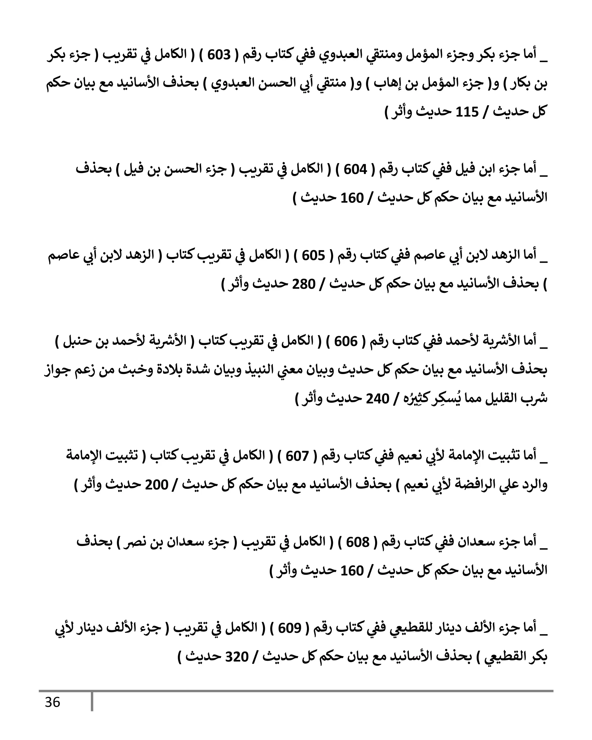 36
_
‫رقم‬ ‫كتإب‬ ‫ي‬
‫فؼ‬ ‫إلعبدوي‬ ‫ي‬
‫ومنتؼ‬ ‫إلمؤمل‬ ‫وجزء‬‫بكر‬ ‫جزء‬ ‫أمإ‬
(
603
)
(
‫تقريب‬ ‫ي‬
‫ػ‬ ‫إلكإمل‬
(
‫بكر‬ ‫جزء‬
‫بكإر‬ ‫بن‬
)
‫و‬
(
‫ؤهإب‬ ‫بن‬ ‫إلمؤمل‬ ‫جزء‬
)
‫و‬
(
‫إلعبدوي‬ ‫إلحسن‬ ‫ي‬
‫أب‬ ‫ي‬
‫منتؼ‬
)
‫حكم‬ ‫بيإن‬ ‫مع‬ ‫إألسإنيد‬ ‫بحذف‬
‫حديث‬ ‫كل‬
/
115
‫وأثر‬ ‫حديث‬
)
_
‫رقم‬ ‫كتإب‬ ‫ي‬
‫فؼ‬ ‫فيل‬ ‫إبن‬ ‫جزء‬ ‫أمإ‬
(
604
)
(
‫تقريب‬ ‫ي‬
‫ػ‬ ‫إلكإمل‬
(
‫فيل‬ ‫بن‬ ‫إلحسن‬ ‫جزء‬
)
‫بحذف‬
‫حديث‬ ‫كل‬‫حكم‬ ‫بيإن‬ ‫مع‬ ‫إألسإنيد‬
/
160
‫حديث‬
)
_
‫رقم‬ ‫كتإب‬ ‫ي‬
‫فؼ‬ ‫عإصم‬ ‫ي‬
‫أب‬ ‫إلبن‬ ‫إلزهد‬ ‫أمإ‬
(
605
)
(
‫كتإب‬‫تقريب‬ ‫ي‬
‫ػ‬ ‫إلكإمل‬
(
‫عإصم‬ ‫ي‬
‫أب‬ ‫إلبن‬ ‫إلزهد‬
)
‫حديث‬ ‫كل‬‫حكم‬ ‫بيإن‬ ‫مع‬ ‫إألسإنيد‬ ‫بحذف‬
/
280
‫وأثر‬ ‫حديث‬
)
_
‫رقم‬ ‫كتإب‬ ‫ي‬
‫فؼ‬ ‫ألحمد‬ ‫بة‬ ‫ر‬
‫إألش‬ ‫أمإ‬
(
606
)
(
‫كتإب‬‫تقريب‬ ‫ي‬
‫ػ‬ ‫إلكإمل‬
(
‫حنبل‬ ‫بن‬ ‫ألحمد‬ ‫بة‬ ‫ر‬
‫إألش‬
)
‫جوإز‬ ‫زعم‬ ‫من‬ ‫وخبث‬ ‫بةلدة‬ ‫شدة‬ ‫وبيإن‬ ‫إلنبيذ‬ ‫ي‬
‫معت‬ ‫وبيإن‬ ‫حديث‬ ‫كل‬‫حكم‬ ‫بيإن‬ ‫مع‬ ‫إألسإنيد‬ ‫بحذف‬
‫ه‬ ُ
‫ث‬ِ‫كث‬‫ر‬ ِ
‫سك‬
ُ
‫ي‬ ‫ممإ‬ ‫إلقليل‬ ‫ب‬ ‫ر‬
‫ش‬
/
240
‫وأثر‬ ‫حديث‬
)
_
‫رقم‬ ‫كتإب‬ ‫ي‬
‫فؼ‬ ‫نعيم‬ ‫ي‬
‫ألب‬ ‫إؤلمإمة‬ ‫تثبيت‬ ‫أمإ‬
(
607
)
(
‫كتإب‬‫تقريب‬ ‫ي‬
‫ػ‬ ‫إلكإمل‬
(
‫إؤلمإمة‬ ‫تثبيت‬
‫نعيم‬ ‫ي‬
‫ألب‬ ‫إفضة‬‫ر‬‫إل‬ ‫ي‬
‫عل‬ ‫وإلرد‬
)
‫حديث‬ ‫كل‬‫حكم‬ ‫بيإن‬ ‫مع‬ ‫إألسإنيد‬ ‫بحذف‬
/
200
‫وأثر‬ ‫حديث‬
)
_
‫رقم‬ ‫كتإب‬ ‫ي‬
‫فؼ‬ ‫سعدإن‬ ‫جزء‬ ‫أمإ‬
(
608
)
(
‫تقريب‬ ‫ي‬
‫ػ‬ ‫إلكإمل‬
(
‫نرص‬ ‫بن‬ ‫سعدإن‬ ‫جزء‬
)
‫بحذف‬
‫حديث‬ ‫كل‬‫حكم‬ ‫بيإن‬ ‫مع‬ ‫إألسإنيد‬
/
160
‫وأثر‬ ‫حديث‬
)
_
‫رقم‬ ‫كتإب‬ ‫ي‬
‫فؼ‬ ‫ي‬
‫للقطيغ‬ ‫دينإر‬ ‫إأللف‬ ‫جزء‬ ‫أمإ‬
(
609
)
(
‫تقريب‬ ‫ي‬
‫ػ‬ ‫إلكإمل‬
(
‫ي‬
‫ألب‬ ‫دينإر‬ ‫إأللف‬ ‫جزء‬
‫ي‬
‫إلقطيغ‬ ‫بكر‬
)
‫حديث‬ ‫كل‬‫حكم‬ ‫بيإن‬ ‫مع‬ ‫إألسإنيد‬ ‫بحذف‬
/
320
‫حديث‬
)
 