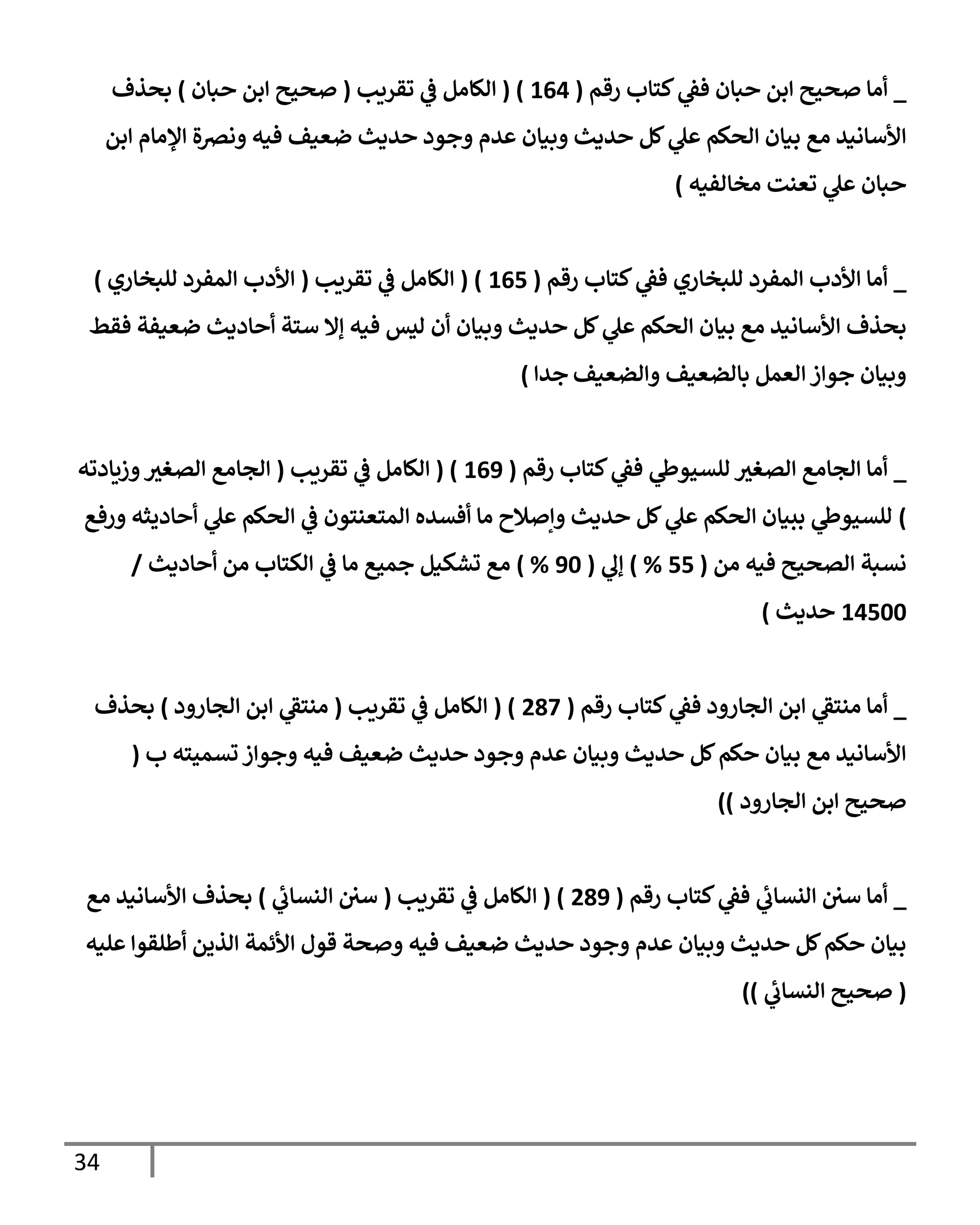 34
_
‫رقم‬ ‫كتإب‬ ‫ي‬
‫فط‬ ‫حبإن‬ ‫إبن‬ ‫صحيح‬ ‫أمإ‬
(
164
( )
‫تقريب‬ ‫ي‬
‫ض‬ ‫إلكإمل‬
(
‫حبإن‬ ‫إبن‬ ‫صحيح‬
)
‫بحذف‬
‫إبن‬ ‫إؤلمإم‬ ‫ونرصة‬ ‫فيه‬ ‫ضعيف‬ ‫حديث‬ ‫وجود‬ ‫عدم‬ ‫وبيإن‬ ‫حديث‬ ‫كل‬ ‫ي‬
‫عل‬ ‫إلحكم‬ ‫بيإن‬ ‫مع‬ ‫إألسإنيد‬
‫مخإلفيه‬ ‫تعنت‬ ‫ي‬
‫عل‬ ‫حبإن‬
)
_
‫رقم‬ ‫كتإب‬ ‫ي‬
‫فط‬ ‫للبخإري‬ ‫إلمفرد‬ ‫إألدب‬ ‫أمإ‬
(
165
( )
‫تقريب‬ ‫ي‬
‫ض‬ ‫إلكإمل‬
(
‫للبخإري‬ ‫إلمفرد‬ ‫إألدب‬
)
‫فقط‬ ‫ضعيفة‬ ‫أحإديث‬ ‫ستة‬ ‫ؤإل‬ ‫فيه‬ ‫ليس‬ ‫أن‬ ‫وبيإن‬ ‫حديث‬ ‫كل‬ ‫ي‬
‫عل‬ ‫إلحكم‬ ‫بيإن‬ ‫مع‬ ‫إألسإنيد‬ ‫بحذف‬
‫وإلضعيف‬ ‫بإلضعيف‬ ‫إلعمل‬ ‫جوإز‬ ‫وبيإن‬
‫جدإ‬
)
_
‫رقم‬ ‫كتإب‬ ‫ي‬
‫فط‬ ‫ي‬
‫للسيوز‬ ‫إلصغث‬ ‫إلجإمع‬ ‫أمإ‬
(
169
( )
‫تقريب‬ ‫ي‬
‫ض‬ ‫إلكإمل‬
(
‫وزيإدته‬‫إلصغث‬ ‫إلجإمع‬
)
‫ورفع‬ ‫أحإديثه‬ ‫ي‬
‫عل‬ ‫إلحكم‬ ‫ي‬
‫ض‬ ‫إلمتعنتون‬ ‫أفسده‬ ‫مإ‬ ‫وإصةلح‬ ‫حديث‬ ‫كل‬ ‫ي‬
‫عل‬ ‫إلحكم‬ ‫ببيإن‬ ‫ي‬
‫للسيوز‬
‫من‬ ‫فيه‬ ‫إلصحيح‬ ‫نسبة‬
(
55
%
)
‫ي‬
‫ؤل‬
(
90
%
)
‫أحإديث‬ ‫من‬ ‫إلكتإب‬ ‫ي‬
‫ض‬ ‫مإ‬ ‫جميع‬ ‫تشكيل‬ ‫مع‬
/
14500
‫حديث‬
)
_
‫رقم‬ ‫كتإب‬ ‫ي‬
‫فط‬ ‫إلجإرود‬ ‫إبن‬ ‫ي‬
‫منتط‬ ‫أمإ‬
(
287
( )
‫تقريب‬ ‫ي‬
‫ض‬ ‫إلكإمل‬
(
‫إلجإرود‬ ‫إبن‬ ‫ي‬
‫منتط‬
)
‫بحذف‬
‫ب‬ ‫تسميته‬ ‫وجوإز‬ ‫فيه‬ ‫ضعيف‬ ‫حديث‬ ‫وجود‬ ‫عدم‬ ‫وبيإن‬ ‫حديث‬ ‫كل‬‫حكم‬ ‫بيإن‬ ‫مع‬ ‫إألسإنيد‬
(
‫إلجإرود‬ ‫إبن‬ ‫صحيح‬
))
_
‫رقم‬ ‫كتإب‬ ‫ي‬
‫فط‬ ‫ي‬
‫إلنسإب‬ ‫سي‬ ‫أمإ‬
(
289
( )
‫تقريب‬ ‫ي‬
‫ض‬ ‫إلكإمل‬
(
‫ي‬
‫إلنسإب‬ ‫سي‬
)
‫مع‬ ‫إألسإنيد‬ ‫بحذف‬
‫عليه‬ ‫أطلقوإ‬ ‫إلذين‬ ‫إألئمة‬ ‫قول‬ ‫وصحة‬ ‫فيه‬ ‫ضعيف‬ ‫حديث‬ ‫وجود‬ ‫عدم‬ ‫وبيإن‬ ‫حديث‬ ‫كل‬‫حكم‬ ‫بيإن‬
(
‫ي‬
‫إلنسإب‬ ‫صحيح‬
))
 