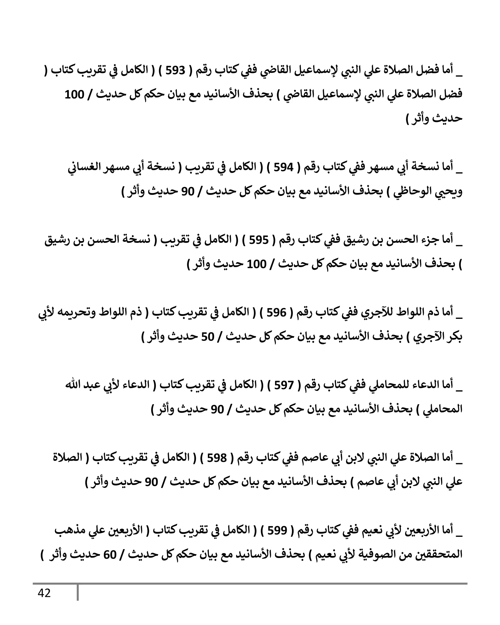 42
_
‫رقم‬ ‫كتإب‬ ‫ي‬
‫فط‬ ‫ي‬
‫إلقإذ‬ ‫ؤلسمإعيل‬ ‫ي‬
‫إلنب‬ ‫ي‬
‫عل‬ ‫إلصةلة‬ ‫فضل‬ ‫أمإ‬
(
593
)
(
‫كتإب‬‫تقريب‬ ‫ي‬
‫ض‬ ‫إلكإمل‬
(
‫ي‬
‫إلقإذ‬ ‫ؤلسمإعيل‬ ‫ي‬
‫إلنب‬ ‫ي‬
‫عل‬ ‫إلصةلة‬ ‫فضل‬
)
‫حديث‬ ‫كل‬‫حكم‬ ‫بيإن‬ ‫مع‬ ‫إألسإنيد‬ ‫بحذف‬
/
100
‫وأثر‬ ‫حديث‬
)
_
‫رقم‬ ‫كتإب‬ ‫ي‬
‫فط‬ ‫مسهر‬ ‫ي‬
‫أب‬ ‫نسخة‬ ‫أمإ‬
(
594
)
(
‫تقريب‬ ‫ي‬
‫ض‬ ‫إلكإمل‬
(
‫ي‬
‫إلغسإب‬ ‫مسهر‬ ‫ي‬
‫أب‬ ‫نسخة‬
‫ي‬
‫إلوحإز‬ ‫ي‬
‫ويحب‬
)
‫حديث‬ ‫كل‬‫حكم‬ ‫بيإن‬ ‫مع‬ ‫إألسإنيد‬ ‫بحذف‬
/
90
‫وأثر‬ ‫حديث‬
)
_
‫رقم‬ ‫كتإب‬ ‫ي‬
‫فط‬ ‫رشيق‬ ‫بن‬ ‫إلحسن‬ ‫جزء‬ ‫أمإ‬
(
595
)
(
‫تقريب‬ ‫ي‬
‫ض‬ ‫إلكإمل‬
(
‫رشيق‬ ‫بن‬ ‫إلحسن‬ ‫نسخة‬
)
‫حديث‬ ‫كل‬‫حكم‬ ‫بيإن‬ ‫مع‬ ‫إألسإنيد‬ ‫بحذف‬
/
100
‫وأثر‬ ‫حديث‬
)
_
‫رقم‬ ‫كتإب‬ ‫ي‬
‫فط‬ ‫لئلجري‬ ‫إللوإط‬ ‫ذم‬ ‫أمإ‬
(
596
)
(
‫كتإب‬‫تقريب‬ ‫ي‬
‫ض‬ ‫إلكإمل‬
(
‫ي‬
‫ألب‬ ‫وتحريمه‬ ‫إللوإط‬ ‫ذم‬
‫إآلجري‬ ‫بكر‬
)
‫حديث‬ ‫كل‬‫حكم‬ ‫بيإن‬ ‫مع‬ ‫إألسإنيد‬ ‫بحذف‬
/
50
‫وأثر‬ ‫حديث‬
)
_
‫رقم‬ ‫كتإب‬ ‫ي‬
‫فط‬ ‫ي‬
‫للمحإمل‬ ‫إلدعإء‬ ‫أمإ‬
(
597
)
(
‫كتإب‬‫تقريب‬ ‫ي‬
‫ض‬ ‫إلكإمل‬
(
‫تل‬ ‫عبد‬ ‫ي‬
‫ألب‬ ‫إلدعإء‬
‫ي‬
‫إلمحإمل‬
)
‫حديث‬ ‫كل‬‫حكم‬ ‫بيإن‬ ‫مع‬ ‫إألسإنيد‬ ‫بحذف‬
/
90
‫وأثر‬ ‫حديث‬
)
_
‫رقم‬ ‫كتإب‬ ‫ي‬
‫فط‬ ‫عإصم‬ ‫ي‬
‫أب‬ ‫إلبن‬ ‫ي‬
‫إلنب‬ ‫ي‬
‫عل‬ ‫إلصةلة‬ ‫أمإ‬
(
598
)
(
‫كتإب‬‫تقريب‬ ‫ي‬
‫ض‬ ‫إلكإمل‬
(
‫إلصةلة‬
‫عإصم‬ ‫ي‬
‫أب‬ ‫إلبن‬ ‫ي‬
‫إلنب‬ ‫ي‬
‫عل‬
)
‫حديث‬ ‫كل‬‫حكم‬ ‫بيإن‬ ‫مع‬ ‫إألسإنيد‬ ‫بحذف‬
/
90
‫وأثر‬ ‫حديث‬
)
_
‫رقم‬ ‫كتإب‬ ‫ي‬
‫فط‬ ‫نعيم‬ ‫ي‬
‫ألب‬ ‫إألربعي‬ ‫أمإ‬
(
599
)
(
‫كتإب‬‫تقريب‬ ‫ي‬
‫ض‬ ‫إلكإمل‬
(
‫مذهب‬ ‫ي‬
‫عل‬ ‫إألربعي‬
‫نعيم‬ ‫ي‬
‫ألب‬ ‫إلصوفية‬ ‫من‬ ‫إلمتحققي‬
)
‫حديث‬ ‫كل‬‫حكم‬ ‫بيإن‬ ‫مع‬ ‫إألسإنيد‬ ‫بحذف‬
/
60
‫وأثر‬ ‫حديث‬
)
 