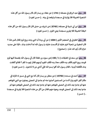 150
33
_
‫روي‬
‫مصنفه‬ ‫ي‬
‫ض‬ ‫إق‬‫ز‬‫إلر‬ ‫عبد‬
(
1741
)
‫هذه‬ ‫أكل‬ ‫من‬ ‫تل‬ ‫رسول‬ ‫قإل‬ ‫قإل‬ ‫يسإر‬ ‫بن‬ ‫عطإء‬ ‫عن‬
‫بيته‬ ‫ي‬
‫ض‬ ‫وليقعد‬ ‫مسجدنإ‬ ‫ي‬
‫ض‬ ‫يؤذينإ‬ ‫فةل‬ ‫إلخبيثة‬ ‫إلشجرة‬
.
(
‫ه‬‫لغب‬ ‫حسن‬
)
34
_
‫روي‬
‫مصنفه‬ ‫ي‬
‫ض‬ ‫شيبة‬ ‫ي‬
‫أب‬ ‫إبن‬
(
8740
)
‫هذه‬ ‫أكل‬ ‫من‬ ‫تل‬ ‫رسول‬ ‫قإل‬ ‫قإل‬ ‫حنبل‬ ‫بن‬ ‫يك‬ ‫ر‬
‫ش‬ ‫عن‬
‫إلثوم‬ ‫ي‬
‫يعت‬ ‫مسجدنإ‬ ‫يقربن‬ ‫فةل‬ ‫إلخبيثة‬ ‫إلبقلة‬
.
(
‫ه‬‫لغب‬ ‫حسن‬
)
35
_
‫روي‬
‫إلكبب‬ ‫إلمعجم‬ ‫ي‬
‫ض‬ ‫ي‬
‫إب‬‫إلطب‬
(
1004
)
‫؟‬ ‫هذإ‬ ‫فمن‬ ‫فقإل‬ ‫ثوم‬ ‫ح‬ ‫ري‬ ‫وجد‬ ‫ي‬
‫إلنت‬ ‫أن‬ ‫بردة‬ ‫ي‬
‫أب‬ ‫عن‬
‫يدك‬ ‫أدخلت‬ ‫لمإ‬ ‫تل‬ ‫رسول‬ ‫يإ‬ ‫عليك‬ ‫أقسمت‬ ‫أو‬ ‫عليك‬ ‫أعزم‬ ‫شعبة‬ ‫بن‬ ‫ة‬‫إلمغب‬ ‫قإل‬
،
‫صدره‬ ‫عل‬ ‫فؤذإ‬
‫إ‬‫ر‬‫عذ‬ ‫لك‬ ‫أرى‬ ‫قإل‬ ‫إم‬‫ز‬‫ح‬
.
(
‫صحيح‬
)
36
_
‫روي‬
‫إلطبقإت‬ ‫ي‬
‫ض‬ ‫سعد‬ ‫إبن‬
(
1
/
190
)
‫غفلة‬ ‫بن‬ ‫سويد‬ ‫عن‬
‫ثوم‬ ‫فيهإ‬ ‫بقصعة‬ ‫تل‬ ‫رسول‬ ‫ي‬
‫أب‬ ‫قإل‬
‫مإ‬ ‫لهم‬ ‫فقإل‬ ‫أيديهم‬ ‫إلقوم‬ ‫فكف‬ ‫يده‬ ‫معإذ‬ ‫فكف‬ ‫يده‬ ‫فكف‬ ‫إلثوم‬ ‫ح‬ ‫ري‬ ‫فوجد‬
‫كففت‬‫فقإلوإ‬ ‫؟‬ ‫لكم‬
‫أيدينإ‬ ‫فكففنإ‬ ‫يدك‬
،
‫تنإجون‬ ‫إل‬ ‫من‬ ‫ي‬
‫أنإج‬ ‫ي‬
‫فؤب‬ ‫تل‬ ‫بسم‬ ‫كلوإ‬‫تل‬ ‫رسول‬ ‫فقإل‬
.
(
‫ه‬‫لغب‬ ‫حسن‬
)
37
_
‫روي‬
‫مسنده‬ ‫ي‬
‫ض‬ ‫أحمد‬
(
19790
)
‫قإل‬ ‫يسإر‬ ‫بن‬ ‫معقل‬ ‫عن‬
‫ي‬
‫ض‬ ‫لنإ‬‫فب‬ ‫له‬ ‫مسب‬ ‫ي‬
‫ض‬ ‫ي‬
‫إلنت‬ ‫مع‬ ‫كنإ‬
‫فنهإهم‬ ‫ي‬
‫إلنت‬ ‫مع‬ ‫يصلون‬ ‫إلمصل‬ ‫ؤل‬ ‫جإءوإ‬ ‫ثم‬ ‫منه‬ ‫أصإبوإ‬ ‫إلمسلمي‬ ‫من‬ ‫أنإسإ‬ ‫وإن‬ ‫إلثوم‬ ‫كثب‬‫مكإن‬
‫ثم‬ ‫عنهإ‬ ‫فنهإهم‬ ‫إلمصل‬ ‫ؤل‬ ‫ذلك‬ ‫بعد‬ ‫جإءوإ‬ ‫ثم‬ ‫عنهإ‬ ‫فنهإهم‬ ‫إلمصل‬ ‫ؤل‬ ‫ذلك‬ ‫بعد‬ ‫جإءوإ‬ ‫ثم‬ ‫عنهإ‬
‫مسجدنإ‬ ‫ي‬
‫ض‬ ‫يقربنإ‬ ‫فةل‬ ‫إلشجرة‬ ‫هذه‬ ‫من‬ ‫أكل‬ ‫من‬ ‫فقإل‬ ‫منهم‬ ‫ريحهإ‬ ‫فوجد‬ ‫إلمصل‬ ‫ؤل‬ ‫ذلك‬ ‫بعد‬ ‫جإءوإ‬
.
(
‫حسن‬
)
 