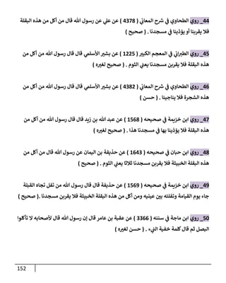 152
44
_
‫روي‬
‫ي‬
‫ض‬ ‫إلطحإوي‬
‫ح‬ ‫ر‬
‫ش‬
‫ي‬
‫إلمعإب‬
(
4378
)
‫إلبقلة‬ ‫هذه‬ ‫من‬ ‫أكل‬ ‫من‬ ‫قإل‬ ‫تل‬ ‫رسول‬ ‫عن‬ ‫ي‬
‫عل‬ ‫عن‬
‫مسجدنإ‬ ‫ي‬
‫ض‬ ‫يؤذينإ‬ ‫أو‬ ‫يقربنإ‬ ‫فةل‬
.
(
‫صحيح‬
)
45
_
‫روي‬
‫إلكبب‬ ‫إلمعجم‬ ‫ي‬
‫ض‬ ‫ي‬
‫إب‬‫إلطب‬
(
1225
)
‫ي‬
‫إألسلم‬ ‫بشب‬ ‫عن‬
‫من‬ ‫أكل‬ ‫من‬ ‫تل‬ ‫رسول‬ ‫قإل‬ ‫قإل‬
‫إلثوم‬ ‫ي‬
‫يعت‬ ‫مسجدنإ‬ ‫يقربن‬ ‫فةل‬ ‫إلبقلة‬ ‫هذه‬
.
(
‫ه‬‫لغب‬ ‫صحيح‬
)
46
_
‫روي‬
‫ي‬
‫ض‬ ‫إلطحإوي‬
‫ح‬ ‫ر‬
‫ش‬
‫ي‬
‫إلمعإب‬
(
4382
)
‫ي‬
‫إألسلم‬ ‫بشب‬ ‫عن‬
‫من‬ ‫أكل‬ ‫من‬ ‫تل‬ ‫رسول‬ ‫قإل‬ ‫قإل‬
‫ينإجينإ‬ ‫فةل‬ ‫إلشجرة‬ ‫هذه‬
.
(
‫حسن‬
)
47
_
‫روي‬
‫صحيحه‬ ‫ي‬
‫ض‬ ‫خزيمة‬ ‫إبن‬
(
1568
)
‫من‬ ‫أكل‬ ‫من‬ ‫تل‬ ‫رسول‬ ‫قإل‬ ‫قإل‬ ‫زيد‬ ‫بن‬ ‫تل‬ ‫عبد‬ ‫عن‬
‫هذإ‬ ‫مسجدنإ‬ ‫ي‬
‫ض‬ ‫بهإ‬ ‫يؤذينإ‬ ‫فةل‬ ‫إلبقلة‬ ‫هذه‬
.
(
‫ه‬‫لغب‬ ‫صحيح‬
)
48
_
‫روي‬
‫صحيحه‬ ‫ي‬
‫ض‬ ‫حبإن‬ ‫إبن‬
(
1643
)
‫حذيفة‬ ‫عن‬
‫إليمإن‬ ‫بن‬
‫من‬ ‫أكل‬ ‫من‬ ‫قإل‬ ‫تل‬ ‫رسول‬ ‫عن‬
‫إلثوم‬ ‫ي‬
‫يعت‬ ‫ثةلثإ‬ ‫مسجدنإ‬ ‫يقربن‬ ‫فةل‬ ‫إلخبيثة‬ ‫إلبقلة‬ ‫هذه‬
.
(
‫صحيح‬
)
49
_
‫روي‬
‫صحيحه‬ ‫ي‬
‫ض‬ ‫خزيمة‬ ‫إبن‬
(
1569
)
‫إلقبلة‬ ‫تجإه‬ ‫تفل‬ ‫من‬ ‫تل‬ ‫رسول‬ ‫قإل‬ ‫قإل‬ ‫حذيفة‬ ‫عن‬
‫مسجدنإ‬ ‫يقربن‬ ‫فةل‬ ‫إلخبيثة‬ ‫إلبقلة‬ ‫هذه‬ ‫من‬ ‫أكل‬ ‫ومن‬ ‫عينيه‬ ‫بي‬ ‫وتفلته‬ ‫إلقيإمة‬ ‫يوم‬ ‫جإء‬
.
(
‫صحيح‬
)
50
_
‫روي‬
‫سننه‬ ‫ي‬
‫ض‬ ‫مإجة‬ ‫إبن‬
(
3366
)
‫عإمر‬ ‫بن‬ ‫عقبة‬ ‫عن‬
‫قإل‬
‫تأكلوإ‬ ‫إل‬ ‫ألصحإبه‬ ‫قإل‬ ‫تل‬ ‫رسول‬ ‫ؤن‬
‫ء‬ ‫ي‬
‫إلت‬ ‫خفية‬ ‫كلمة‬‫قإل‬ ‫ثم‬ ‫إلبصل‬
.
(
‫ه‬‫لغب‬ ‫حسن‬
)
 