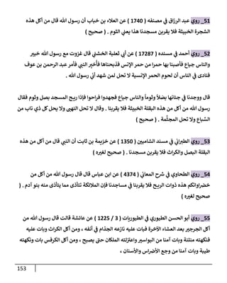 153
51
_
‫روي‬
‫مصنفه‬ ‫ي‬
‫ض‬ ‫إق‬‫ز‬‫إلر‬ ‫عبد‬
(
1740
)
‫خبإب‬ ‫بن‬ ‫إلعةلء‬ ‫عن‬
‫هذه‬ ‫أكل‬ ‫من‬ ‫قإل‬ ‫تل‬ ‫رسول‬ ‫أن‬
‫إلثوم‬ ‫ي‬
‫يعت‬ ‫هذإ‬ ‫مسجدنإ‬ ‫يقربن‬ ‫فةل‬ ‫إلخبيثة‬ ‫إلشجرة‬
.
(
‫صحيح‬
)
52
_
‫روي‬
‫مسنده‬ ‫ي‬
‫ض‬ ‫أحمد‬
(
17287
)
‫خيب‬ ‫تل‬ ‫رسول‬ ‫مع‬ ‫غزوت‬ ‫قإل‬ ‫ي‬
‫إلخشت‬ ‫ثعلبة‬ ‫ي‬
‫أب‬ ‫عن‬
‫عوف‬ ‫بن‬ ‫إلرحمن‬ ‫عبد‬‫فأمر‬ ‫ي‬
‫إلنت‬ ِ
‫خب‬
ُ
‫فأ‬ ‫فذبحنإهإ‬ ‫إؤلنس‬ ‫حمر‬ ‫من‬ ‫إ‬‫ر‬‫حم‬ ‫بهإ‬ ‫فأصبنإ‬ ‫جيإع‬ ‫وإلنإس‬
‫تل‬ ‫رسول‬ ‫ي‬
‫أب‬ ‫شهد‬ ‫لمن‬ ‫تحل‬ ‫إل‬ ‫إؤلنسية‬ ‫إلحمر‬ ‫لحوم‬ ‫أن‬ ‫إلنإس‬ ‫ي‬
‫ض‬ ‫فنإدى‬
.
‫فقإل‬ ‫وثوم‬ ‫بصل‬ ‫إلمسجد‬ ‫ح‬ ‫ري‬ ‫فؤذإ‬ ‫إحوإ‬‫ر‬‫ف‬ ‫فجهدوإ‬ ‫جيإع‬ ‫وإلنإس‬
ً
‫وثومإ‬
ً
‫ال‬ َ
‫بص‬ ‫جنإنهإ‬ ‫ي‬
‫ض‬ ‫ووجدنإ‬ ‫قإل‬
‫يقربنإ‬ ‫فةل‬ ‫إلخبيثة‬ ‫إلبقلة‬ ‫هذه‬ ‫من‬ ‫أكل‬ ‫من‬ ‫تل‬ ‫رسول‬
.
‫من‬ ‫نإب‬ ‫ذي‬ ‫كل‬‫يحل‬ ‫وإل‬ ‫إلنهت‬ ‫تحل‬ ‫إل‬ ‫وقإل‬
‫مة‬
َّ
‫إلمجث‬ ‫تحل‬ ‫وإل‬ ‫بإع‬ ِّ
‫إلس‬
.
(
‫صحيح‬
)
53
_
‫روي‬
‫إلشإميي‬ ‫مسند‬ ‫ي‬
‫ض‬ ‫ي‬
‫إب‬‫إلطب‬
(
1350
)
‫هذه‬ ‫من‬ ‫أكل‬ ‫من‬ ‫قإل‬ ‫ي‬
‫إلنت‬ ‫أن‬ ‫ثإبت‬ ‫بن‬ ‫خزيمة‬ ‫عن‬
‫مسجدنإ‬ ‫يقربن‬ ‫فةل‬ ‫إث‬‫ر‬‫وإلك‬ ‫إلبصل‬ ‫إلبقلة‬
.
(
‫ه‬‫لغب‬ ‫صحيح‬
)
54
_
‫روي‬
‫ي‬
‫ض‬ ‫إلطحإوي‬
‫ح‬ ‫ر‬
‫ش‬
‫ي‬
‫إلمعإب‬
(
4374
)
‫من‬ ‫أكل‬ ‫من‬ ‫تل‬ ‫رسول‬ ‫قإل‬ ‫قإل‬ ‫عبإس‬ ‫إبن‬ ‫عن‬
‫آدم‬ ‫بنو‬ ‫منه‬ ‫يتأذى‬ ‫ممإ‬ ‫تتأذى‬ ‫إلمةلئكة‬ ‫فؤن‬ ‫مسإجدنإ‬ ‫ي‬
‫ض‬ ‫يقربنإ‬ ‫فةل‬ ‫ح‬ ‫إلري‬ ‫ذوإت‬ ‫هذه‬ ‫إوإتكم‬‫خض‬
( .
‫ه‬‫لغب‬ ‫صحيح‬
)
55
_
‫روي‬
‫إلطيوريإت‬ ‫ي‬
‫ض‬ ‫إلطيوري‬ ‫إلحسن‬ ‫أبو‬
(
3
/
1225
)
‫من‬ ‫تل‬ ‫رسول‬ ‫قإل‬ ‫قإلت‬ ‫عإئشة‬ ‫عن‬
‫أنفه‬ ‫ي‬
‫ض‬ ‫إلجذإم‬ ‫نإزعه‬ ‫عليه‬ ‫فبإت‬ ‫إآلخرة‬ ‫إلعشإء‬ ‫بعد‬ ‫إلجرجب‬ ‫أكل‬
،
‫عليه‬ ‫وبإت‬ ‫إث‬‫ر‬‫إلك‬ ‫أكل‬ ‫ومن‬
‫يصبح‬ ‫حت‬ ‫إلملكإن‬ ‫لته‬‫وإعب‬‫إلبوإسب‬ ‫من‬ ‫آمنإ‬ ‫وبإت‬ ‫منتنة‬ ‫فنكهته‬
،
‫ونكهته‬ ‫بإت‬ ‫إلكرفس‬ ‫أكل‬ ‫ومن‬
، ‫وإألسنإن‬ ‫إس‬‫إألض‬ ‫وجع‬ ‫من‬ ‫آمنإ‬ ‫وبإت‬ ‫طيبة‬
 