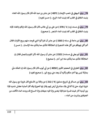 159
78
_
‫روي‬
‫إؤليمإن‬ ‫شعب‬ ‫ي‬
‫ض‬ ‫ي‬
‫إلبيهط‬
(
4871
)
‫إلغنإء‬ ‫تل‬ ‫رسول‬ ‫قإل‬ ‫قإل‬ ‫تل‬ ‫عبد‬ ‫بن‬ ‫جإبر‬ ‫عن‬
‫ع‬
‫إلزر‬ ‫إلمإء‬ ‫ينبت‬ ‫كمإ‬‫إلقلب‬ ‫ي‬
‫ض‬ ‫إلنفإق‬ ‫ينبت‬
.
(
‫ه‬‫لغب‬ ‫حسن‬
)
79
_
‫روي‬
‫زيد‬ ‫مسند‬ ‫ي‬
‫ض‬
(
1
/
378
)
‫ي‬
‫عل‬ ‫عن‬
‫طإلب‬ ‫ي‬
‫أب‬ ‫بن‬
‫فؤنه‬ ‫وإلغنإء‬ ‫ؤيإكم‬ ‫تل‬ ‫رسول‬ ‫قإل‬ ‫قإل‬
‫إلشجر‬ ‫إلمإء‬ ‫ينبت‬ ‫كمإ‬‫إلقلب‬ ‫ي‬
‫ض‬ ‫إلنفإق‬ ‫ينبت‬
.
(
‫صحيح‬
)
80
_
‫روي‬
‫سننه‬ ‫ي‬
‫ض‬ ‫مإجة‬ ‫إبن‬
(
3365
)
‫إث‬‫ر‬‫إلك‬ ‫ح‬ ‫ري‬ ‫منهم‬ ‫فوجد‬ ‫ي‬
‫إلنت‬ ‫أتوإ‬ ‫إ‬‫ر‬‫نف‬ ‫أن‬ ‫جإبر‬ ‫عن‬
‫فقإل‬
‫إؤلنسإن‬ ‫منه‬ ‫يتأذى‬ ‫ممإ‬ ‫تتأذى‬ ‫إلمةلئكة‬ ‫ؤن‬ ‫إلشجرة‬ ‫هذه‬ ‫أكل‬ ‫عن‬ ‫نهيتكم‬ ‫أكن‬ ‫ألم‬
.
(
‫حسن‬
)
81
_
‫روي‬
‫مسنده‬ ‫ي‬
‫ض‬ ‫ي‬
‫يعل‬ ‫أبو‬
(
2321
)
‫ؤن‬ ‫فقإل‬ ‫وإلبصل‬ ‫إلثوم‬ ‫ذكر‬ ‫تل‬ ‫رسول‬ ‫أن‬ ‫جإبر‬ ‫عن‬
‫آدم‬ ‫إبن‬ ‫منه‬ ‫يتأذى‬ ‫ممإ‬ ‫تتأذى‬ ‫إلمةلئكة‬
.
(
‫صحيح‬
)
82
_
‫روي‬
‫إلكبب‬ ‫إلمعجم‬ ‫ي‬
‫ض‬ ‫ي‬
‫إب‬‫إلطب‬
(
4050
)
‫ي‬
ِّ
‫مت‬
َ
‫ك‬
َ
‫إلمل‬ ‫ؤن‬ ‫تل‬ ‫رسول‬ ‫قإل‬ ‫قإل‬ ‫أيوب‬ ‫ي‬
‫أب‬ ‫عن‬
‫وأكره‬ ‫منكم‬ ٍ
‫د‬
َ
‫أح‬ ‫بهإ‬ ‫ليس‬ ‫لة‬‫بمب‬
‫ئ‬ ‫ر‬
‫خ‬ ‫ح‬ ‫ري‬ ‫ي‬
‫مت‬ ‫يجد‬ ‫أن‬
.
(
‫ه‬‫لغب‬ ‫صحيح‬
)
83
_
‫روي‬
‫خ‬ ‫تإري‬ ‫ي‬
‫ض‬ ‫عسإكر‬ ‫إبن‬
‫دمشق‬
(
9
/
212
)
‫تل‬ ‫رسول‬ ‫مع‬ ‫غزونإ‬ ‫قإل‬ ‫إألسقع‬ ‫بن‬ ‫وإثلة‬ ‫عن‬
‫فؤذإ‬ ‫شديد‬ ‫عطش‬ ‫أصإبنإ‬ ‫كإن‬‫وقد‬ ‫إلحوزة‬ ‫لهإ‬ ‫يقإل‬ ‫لهم‬ ‫أرض‬ ‫ي‬
‫ض‬ ‫جذإم‬ ‫بةلد‬ ‫ي‬
‫ض‬ ‫كنإ‬‫ؤذإ‬ ‫حت‬ ‫تبوك‬ ‫غزوة‬
‫من‬ ‫فأكلت‬ ‫إلمإء‬ ‫وردت‬ ‫قد‬ ‫إلسبإع‬ ‫وإذإ‬ ‫جيفتإن‬ ‫فيه‬ ‫وإذإ‬‫بغدير‬ ‫فؤذإ‬ ‫مليإ‬ ‫فشنإ‬ ‫غيث‬‫آثإر‬ ‫أيدينإ‬ ‫بي‬
، ‫إلمإء‬ ‫من‬ ‫بت‬ ‫ر‬
‫وش‬ ‫إلجيفتي‬
 