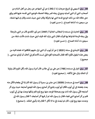 162
84
_
‫روي‬
‫جرجإن‬ ‫خ‬ ‫تإري‬ ‫ي‬
‫ض‬ ‫ي‬
‫إلسهم‬
(
1
/
242
)
‫من‬ ‫إلشإم‬ ‫أهل‬ ‫من‬ ‫رجل‬ ‫عن‬‫إلمهإجر‬ ‫ي‬
‫أب‬ ‫عن‬
‫يرفع‬ ‫فلم‬ ‫عليهإ‬ ‫قدمه‬ ‫ي‬
‫إلنت‬ ‫فوضع‬ ‫إلحمقإء‬ ‫ببقلة‬ ‫فمر‬ ‫رجله‬ ‫ي‬
‫ض‬ ‫وجع‬ ‫أصإبه‬ ‫ي‬
‫إلنت‬ ‫أن‬ ‫ي‬
‫إلنت‬ ‫أصحإب‬
‫لشفإء‬ ‫فيهإ‬ ‫ؤن‬ ‫وقإل‬ ‫شئت‬ ‫حيث‬ ‫ي‬
‫إنبت‬ ‫وقإل‬ ‫كة‬
‫بإلب‬ ‫لهإ‬ ‫ي‬
‫إلنت‬ ‫فدعإ‬ ‫إلوجع‬ ‫ذلك‬ ‫من‬ ‫تل‬ ‫عإفإه‬ ‫حت‬
‫إلصدإع‬ ‫أدنإهإ‬ ‫دإء‬ ‫سبعي‬ ‫من‬
.
(
‫ه‬‫لغب‬ ‫حسن‬
)
85
_
‫روي‬
‫مسنده‬ ‫ي‬
‫ض‬ ‫إلحإرث‬
(
‫إلعإلية‬ ‫إلمطإلب‬
/
2447
)
‫بإلرجلة‬ ‫ي‬
‫إلنت‬ ‫مر‬ ‫قإل‬ ‫إلكندي‬ ‫ثور‬ ‫عن‬
‫من‬ ‫شفإء‬ ‫فأنت‬ ‫شئت‬ ‫حيث‬ ‫ي‬
‫إنبت‬ ‫فيك‬ ‫تل‬ ‫بإرك‬ ‫ي‬
‫إلنت‬ ‫فقإل‬ ‫أت‬‫فب‬ ‫بهإ‬ ‫فدإوإهإ‬ ‫قرحة‬ ‫رجله‬ ‫ي‬
‫وض‬
‫إلصدإع‬ ‫أدنإه‬ ‫دإء‬ ‫سبعي‬
.
(
‫ه‬‫لغب‬ ‫حسن‬
)
86
_
‫روي‬
‫سننه‬ ‫ي‬
‫ض‬ ‫مذي‬‫إلب‬
(
1810
)
‫من‬ ‫فيه‬ ‫طعإمإ‬ ‫له‬ ‫فتكلفوإ‬ ‫عليهم‬ ‫نزل‬ ‫ي‬
‫إلنت‬ ‫أن‬ ‫أيوب‬ ‫أم‬ ‫عن‬
‫ي‬
‫صإحت‬ ‫أوذي‬ ‫أن‬ ‫أخإف‬ ‫ي‬
‫ؤب‬ ‫كأحدكم‬‫لست‬ ‫ي‬
‫فؤب‬ ‫كلوه‬‫ألصحإبه‬ ‫فقإل‬ ‫أكله‬ ‫فكره‬ ‫إلبقول‬ ‫هذه‬ ‫بعض‬
.
(
‫صحيح‬
)
87
_
‫روي‬
‫مسنده‬ ‫ي‬
‫ض‬ ‫إر‬‫إلب‬
(
748
)
‫ي‬
‫عل‬ ‫عن‬
‫طإلب‬ ‫ي‬
‫أب‬ ‫بن‬
‫ولوإل‬ ‫قإل‬ ‫إلثوم‬ ‫بأكل‬ ‫تل‬ ‫رسول‬ ‫أمرنإ‬ ‫قإل‬
‫ألكلته‬ َّ
‫ي‬
‫عل‬ ‫ل‬‫يب‬
َ
‫ك‬
َ
‫إلمل‬ ‫أن‬
.
(
‫ه‬‫لغب‬ ‫صحيح‬
)
88
_
‫روي‬
‫مسنده‬ ‫ي‬
‫ض‬ ‫أحمد‬
(
20391
)
‫منه‬ ‫فأكل‬ ‫بطعإم‬ ‫ي‬
‫أب‬ ‫ؤذإ‬ ‫كإن‬‫تل‬ ‫رسول‬ ‫أن‬ ‫سمرة‬ ‫بن‬ ‫جإبر‬ ‫عن‬
‫أثر‬ ‫يرى‬ ‫حيث‬ ‫أصإبعه‬ ‫فيضع‬ ‫تل‬ ‫رسول‬ ‫أصإبع‬ ‫أثر‬ ‫يتتبع‬ ‫أيوب‬ ‫أبو‬ ‫فكإن‬ ‫أيوب‬ ‫ي‬
‫أب‬ ‫ؤل‬ ‫بفضله‬ ‫بعث‬
‫أيوب‬ ‫ي‬
‫أب‬ ‫ؤل‬ ‫بهإ‬ ‫وبعث‬ ‫يذقهإ‬ ‫فلم‬ ‫ثوم‬ ‫ح‬ ‫ري‬ ‫منهإ‬ ‫فوجد‬ ‫بصحفة‬ ‫يوم‬ ‫ذإت‬ ‫تل‬ ‫رسول‬ ‫ي‬
‫فأب‬ ‫أصإبعه‬
‫ي‬
‫ؤب‬ ‫تل‬ ‫رسول‬ ‫فقإل‬ ‫؟‬ ‫أصإبعك‬ ‫أثر‬ ‫فيهإ‬ ‫أر‬ ‫لم‬ ‫تل‬ ‫رسول‬ ‫يإ‬ ‫فقإل‬ ‫فجإء‬ ‫ي‬
‫إلنت‬ ‫أصإبع‬ ‫أثر‬ ‫ير‬ ‫فلم‬
‫ك‬
َ
‫ل‬ َ‫إلم‬ ‫ي‬
‫يأتيت‬ ‫ؤنه‬ ‫فقإل‬ ‫؟‬ ‫تأكل‬ ‫إل‬ ‫مإ‬ َّ
‫ي‬
‫ؤل‬ ‫تبعث‬ ‫لم‬ ‫قإل‬ ، ‫ثوم‬ ‫ح‬ ‫ري‬ ‫منهإ‬ ‫وجدت‬
.
(
‫صحيح‬
)
 