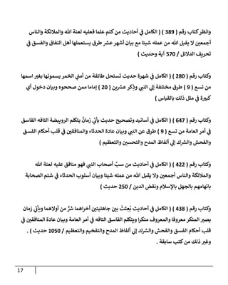 17
‫رقم‬ ‫كتإب‬‫وإنظر‬
(
389
( )
‫وإلنإس‬ ‫وإلمةلئكة‬ ‫تل‬ ‫لعنة‬ ‫فعليه‬ ‫علمإ‬ ‫كتم‬‫من‬ ‫أحإديث‬ ‫ي‬
‫ض‬ ‫إلكإمل‬
‫ي‬
‫ض‬ ‫وإلفسق‬ ‫إلنفإق‬ ‫أهل‬ ‫يستعملهإ‬ ‫طرق‬ ‫ر‬
‫عش‬‫أشهر‬ ‫بيإن‬ ‫مع‬ ‫شيئإ‬ ‫عمله‬ ‫من‬ ‫تل‬ ‫يقبل‬ ‫إل‬ ‫أجمعي‬
‫إلدإلئل‬ ‫تحريف‬
/
570
‫وحديث‬ ‫آية‬
)
‫رقم‬ ‫وكتإب‬
(
280
( )
‫إسمهإ‬ ‫بغب‬ ‫يسمونهإ‬ ‫إلخمر‬ ‫ي‬
‫أمت‬ ‫من‬ ‫طإئفة‬ ‫تستحل‬ ‫حديث‬ ‫شهرة‬ ‫ي‬
‫ض‬ ‫إلكإمل‬
‫تسع‬ ‫من‬
(
9
)
‫ين‬ ‫ر‬
‫عش‬‫كر‬ِ
‫وذ‬ ‫ي‬
‫إلنت‬ ‫ي‬
‫ؤل‬ ‫مختلفة‬ ‫طرق‬
(
20
)
‫أي‬ ‫دخول‬ ‫وبيإن‬ ‫صححوه‬ ‫ممن‬ ‫ؤمإمإ‬
‫بإلقيإس‬ ‫ذلك‬ ‫مثل‬ ‫ي‬
‫ض‬ ‫ة‬‫كبب‬
)
‫وكتإب‬
‫رقم‬
(
647
)
(
‫إلفإسق‬ ‫إلتإفه‬ ‫إلرويبضة‬ ‫يتكلم‬
ٌ
‫زمإن‬ ‫ي‬
‫يأب‬ ‫حديث‬ ‫وتصحيح‬ ‫أسإنيد‬ ‫ي‬
‫ض‬ ‫إلكإمل‬
‫تسع‬ ‫من‬ ‫إلعإمة‬ ‫أمر‬ ‫ي‬
‫ض‬
(
9
)
‫إلفسق‬ ‫أحكإم‬ ‫قلب‬ ‫ي‬
‫ض‬ ‫وإلمنإفقي‬ ‫إلحدثإء‬ ‫عإدة‬ ‫وبيإن‬ ‫ي‬
‫إلنت‬ ‫عن‬ ‫طرق‬
‫وإلتعظيم‬ ‫وإلتحسي‬ ‫إلمدح‬ ‫ألفإظ‬ ‫ي‬
‫ؤل‬ ‫ك‬ ‫ر‬
‫وإلش‬ ‫وإلفحش‬
)
‫رقم‬ ‫وكتإب‬
(
422
( )
‫تل‬ ‫لعنة‬ ‫عليه‬ ‫منإفق‬ ‫فهو‬ ‫ي‬
‫إلنت‬ ‫أصحإب‬ َّ
‫سب‬ ‫من‬ ‫أحإديث‬ ‫ي‬
‫ض‬ ‫إلكإمل‬
‫إلصحإبة‬ ‫شتم‬ ‫ي‬
‫ض‬ ‫إلحدثإء‬ ‫أسلوب‬ ‫وبيإن‬ ‫شيئإ‬ ‫عمله‬ ‫من‬ ‫تل‬ ‫يقبل‬ ‫وإل‬ ‫أجمعي‬ ‫وإلنإس‬ ‫وإلمةلئكة‬
‫إلدين‬ ‫ونقض‬ ‫بإؤلسةلم‬ ‫بإلجهل‬ ‫بإتهإمهم‬
/
250
‫حديث‬
)
‫رقم‬ ‫وكتإب‬
(
438
)
(
‫زمإن‬ ‫ي‬
‫ويأب‬ ‫أوإلهمإ‬ ‫من‬ ٌّ ‫ر‬
‫ش‬ ‫إهمإ‬‫ر‬‫أخ‬ ‫جإهليتي‬ ‫بي‬
ُ
‫ثت‬ ِ
‫ع‬
ُ
‫ب‬ ‫أحإديث‬ ‫ي‬
‫ض‬ ‫إلكإمل‬
‫ي‬
‫ض‬ ‫إلمنإفقي‬ ‫عإدة‬ ‫وبيإن‬ ‫إلعإمة‬ ‫أمر‬ ‫ي‬
‫ض‬ ‫إلتإفه‬ ‫إلفإسق‬ ‫ويتكلم‬ ‫إ‬‫ر‬‫منك‬ ‫وإلمعروف‬ ‫معروفإ‬ ‫إلمنكر‬ ‫يصب‬
‫وإلتعظيم‬ ‫وإلتفخيم‬ ‫إلمدح‬ ‫ألفإظ‬ ‫ي‬
‫ؤل‬ ‫ك‬ ‫ر‬
‫وإلش‬ ‫وإلفحش‬ ‫إلفسق‬ ‫أحكإم‬ ‫قلب‬
/
1050
‫حديث‬
)
.
‫سإبقة‬ ‫كتب‬‫من‬ ‫ذلك‬ ‫وغب‬
.
 