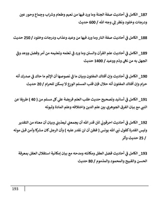 193
187
_
‫عي‬‫وحور‬ ‫مإع‬ ِ
‫وج‬ ‫إب‬ ‫ر‬
‫وش‬ ‫وطعإم‬ ‫نعيم‬ ‫من‬ ‫فيهإ‬ ‫ورد‬ ‫ومإ‬ ‫إلجنة‬ ‫صفة‬ ‫أحإديث‬ ‫ي‬
‫ض‬ ‫إلكإمل‬
‫تل‬ ‫وجه‬ ‫ي‬
‫ؤل‬ ‫ونظر‬ ‫وخلود‬ ‫ودرجإت‬
/
600
‫حديث‬
188
_
‫وخلود‬ ‫ودرجإت‬ ‫وعذإب‬ ‫وعيد‬ ‫من‬ ‫فيهإ‬ ‫ورد‬ ‫ومإ‬‫إلنإر‬ ‫صفة‬ ‫أحإديث‬ ‫ي‬
‫ض‬ ‫إلكإمل‬
/
250
‫حديث‬
189
_
‫ي‬
‫وض‬ ‫ووعد‬ ‫وفضل‬‫أمر‬ ‫من‬ ‫وتعليمه‬ ‫تعلمه‬ ‫ي‬
‫ض‬ ‫ورد‬ ‫ومإ‬ ‫وإلسي‬ ‫إلقرآن‬ ‫علم‬ ‫أحإديث‬ ‫ي‬
‫ض‬ ‫إلكإمل‬
‫ووعيد‬ ‫وذم‬ ‫ي‬
‫نىه‬ ‫من‬ ‫به‬ ‫إلجهل‬
/
1400
‫حديث‬
190
_
‫أنه‬ ‫صدرك‬ ‫ي‬
‫ض‬ ‫حإك‬ ‫مإ‬ ‫إؤلثم‬ ‫أن‬ ‫نصوصهإ‬ ‫ي‬
‫ض‬ ‫مإ‬ ‫وبيإن‬ ‫إلمفتون‬ ‫أفتإك‬ ‫وإن‬ ‫أحإديث‬ ‫ي‬
‫ض‬ ‫إلكإمل‬
‫إم‬‫ر‬‫للح‬ ‫يسكن‬ ‫إل‬ ‫ع‬ِ
‫إلور‬ ‫إلمسلم‬ ‫قلب‬ ‫فؤن‬ ‫حةلل‬ ‫أنه‬ ‫إلمفتون‬ ‫أفتإك‬ ‫وإن‬ ‫إم‬‫ر‬‫ح‬
/
20
‫حديث‬
191
_
‫من‬ ‫مسلم‬ ‫كل‬ ‫ي‬
‫عل‬ ‫فريضة‬ ‫إلعلم‬ ‫طلب‬ ‫حديث‬ ‫وتصحيح‬ ‫أسإنيد‬ ‫ي‬
‫ض‬ ‫إلكإمل‬
(
40
)
‫عن‬ ‫طريقإ‬
‫وثبوته‬ ‫إلمإدة‬ ‫وعلم‬ ‫وإختةلفه‬ ‫إلدين‬ ‫علم‬ ‫بي‬ ‫إلجوهري‬ ‫إلفرق‬ ‫بيإن‬ ‫مع‬ ‫ي‬
‫إلنت‬
192
_
‫إلتقدير‬ ‫من‬ ‫معنإه‬ ‫أن‬ ‫وبيإن‬ ‫ي‬
‫ليعذبت‬ ‫ي‬
‫يجمعت‬ ‫أن‬ ‫تل‬ ‫قدر‬ ‫ئ‬
‫لي‬ ‫ي‬
‫إحرقوب‬ ‫أحإديث‬ ‫ي‬
‫ض‬ ‫إلكإمل‬
‫يونس‬ ‫تل‬ ‫ي‬
‫نت‬ ‫كقول‬‫إلقدرة‬ ‫وليس‬
(
‫عليه‬‫نقدر‬ ‫لن‬ ‫أن‬ ‫فظن‬
)
‫موته‬ ‫قبل‬ ‫وآمن‬ ‫كإ‬ ‫ر‬
‫مش‬ ‫كإن‬‫إلرجل‬ ‫وأن‬
/
25
‫وأثر‬ ‫حديث‬
193
_
‫بمعرفة‬ ‫إلعقل‬ ‫إستقةلل‬ ‫ؤمكإنية‬ ‫بيإن‬ ‫مع‬ ‫ومدحه‬ ‫ومكإنته‬ ‫إلعقل‬ ‫فضل‬ ‫أحإديث‬ ‫ي‬
‫ض‬ ‫إلكإمل‬
‫وإلمذموم‬ ‫وإلمحمود‬ ‫وإلقبيح‬ ‫إلحسن‬
/
80
‫حديث‬
 