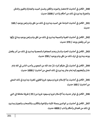201
240
_
‫وإلدفن‬‫وإلقبور‬ ‫وإلجنإزة‬ ‫إلميت‬ ‫وغسل‬ ‫وإلكفن‬ ‫وإلموت‬‫إإلحتضإر‬ ‫أحإديث‬ ‫ي‬
‫ض‬ ‫إلكإمل‬
‫وآدإب‬ ‫أحكإم‬ ‫من‬ ‫ذلك‬ ‫ي‬
‫ض‬ ‫ورد‬ ‫ومإ‬ ‫وإلتعزية‬
/
2200
‫حديث‬
241
_
‫ووعيد‬ ‫ولعن‬ ‫وذم‬ ‫ي‬
‫نىه‬ ‫من‬ ‫ذلك‬ ‫ي‬
‫ض‬ ‫ورد‬ ‫ومإ‬ ‫إلميت‬ ‫ي‬
‫عل‬ ‫إلنيإحة‬ ‫أحإديث‬ ‫ي‬
‫ض‬ ‫إلكإمل‬
/
160
‫حديث‬
242
_
‫كهإ‬
‫تر‬ ‫ي‬
‫ض‬ ‫ومإ‬ ‫ووعيد‬ ‫ولعن‬ ‫وذم‬ ‫ي‬
‫نىه‬ ‫من‬ ‫ذلك‬ ‫ي‬
‫ض‬ ‫ورد‬ ‫ومإ‬ ‫وإلنميمة‬ ‫إلغيبة‬ ‫أحإديث‬ ‫ي‬
‫ض‬ ‫إلكإمل‬
‫ووعد‬ ‫وفضل‬‫أمر‬ ‫من‬
/
370
‫حديث‬
243
_
‫وفضل‬‫أمر‬ ‫من‬ ‫ذلك‬ ‫ي‬
‫ض‬ ‫ورد‬ ‫ومإ‬ ‫بإلمعصية‬ ‫إلمجإهرة‬ ‫وعدم‬‫وإلسب‬ ‫إلحيإء‬ ‫أحإديث‬ ‫ي‬
‫ض‬ ‫إلكإمل‬
‫ووعيد‬ ‫وذم‬ ‫ي‬
‫نىه‬ ‫من‬ ‫ذلك‬ ‫ترك‬ ‫ي‬
‫ض‬ ‫ورد‬ ‫ومإ‬ ‫ووعد‬
/
290
‫حديث‬
244
_
‫ؤمإم‬ ‫تل‬ ‫ي‬
‫ؤل‬ ‫إلنإس‬ ‫وأحب‬ ‫إلمجوس‬ ‫من‬ ‫تل‬ ‫عند‬ ٌّ ‫ر‬
‫ش‬ ‫إء‬‫ر‬‫أم‬ ‫عليكم‬ ‫ي‬
‫يأب‬ ‫أحإديث‬ ‫ي‬
‫ض‬ ‫إلكإمل‬
‫أحإديث‬ ‫من‬ ‫ي‬
‫إلمعت‬ ‫ذلك‬ ‫ي‬
‫ض‬ ‫ورد‬ ‫ومإ‬‫جإئر‬ ‫ؤمإم‬ ‫ؤليه‬ ‫وأبغضهم‬ ‫عإدل‬
/
1000
‫حديث‬
245
_
‫ي‬
‫إلمعت‬ ‫ذلك‬ ‫ي‬
‫ض‬ ‫ورد‬ ‫ومإ‬ ‫للغربإء‬ ‫ي‬
‫فطوب‬ ‫غريبإ‬ ‫وسيعود‬ ‫غريبإ‬ ‫إؤلسةلم‬ ‫بدأ‬ ‫أحإديث‬ ‫ي‬
‫ض‬ ‫إلكإمل‬
‫أحإديث‬ ‫من‬
/
160
‫حديث‬
246
_
‫من‬ ‫غريبإ‬ ‫وسيعود‬ ‫غريبإ‬ ‫إؤلسةلم‬ ‫بدأ‬ ‫حديث‬ ‫توإتر‬ ‫ي‬
‫ض‬ ‫إلكإمل‬
(
25
)
‫ي‬
‫إلنت‬ ‫ي‬
‫ؤل‬ ‫مختلفإ‬ ‫طريقإ‬
247
_
‫ورد‬ ‫ومإ‬ ‫إن‬‫وإلجب‬ ‫وإألصحإب‬ ‫وإألقإرب‬ ‫وإؤلخوة‬ ‫إألبنإء‬ ‫وصلة‬ ‫إلوإلدين‬ ‫بر‬ ‫أحإديث‬ ‫ي‬
‫ض‬ ‫إلكإمل‬
‫وآدإب‬ ‫وأحكإم‬ ‫فضإئل‬ ‫من‬ ‫ذلك‬ ‫ي‬
‫ض‬
/
4800
‫حديث‬
 