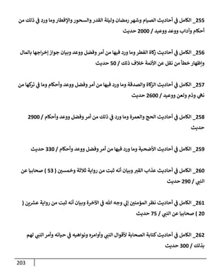 203
255
_
‫من‬ ‫ذلك‬ ‫ي‬
‫ض‬ ‫ورد‬ ‫ومإ‬‫وإؤلفطإر‬‫وإلسحور‬‫إلقدر‬ ‫وليلة‬ ‫رمضإن‬ ‫وشهر‬ ‫إلصيإم‬ ‫أحإديث‬ ‫ي‬
‫ض‬ ‫إلكإمل‬
‫ووعيد‬ ‫ووعد‬ ‫وآدإب‬ ‫أحكإم‬
/
2000
‫حديث‬
256
_
‫بإلمإل‬ ‫إجهإ‬‫ر‬‫ؤخ‬ ‫جوإز‬ ‫وبيإن‬ ‫ووعد‬ ‫وفضل‬‫أمر‬ ‫من‬ ‫فيهإ‬ ‫ورد‬ ‫ومإ‬‫إلفطر‬ ‫كإة‬
‫ز‬ ‫أحإديث‬ ‫ي‬
‫ض‬ ‫إلكإمل‬
‫ذلك‬ ‫خةلف‬ ‫إألئمة‬ ‫عن‬ ‫نقل‬ ‫من‬ ‫خطأ‬ ‫وإظهإر‬
/
50
‫حديث‬
257
_
‫من‬ ‫كهإ‬
‫تر‬ ‫ي‬
‫ض‬ ‫ومإ‬ ‫وأحكإم‬ ‫ووعد‬ ‫وفضل‬‫أمر‬ ‫من‬ ‫فيهإ‬ ‫ورد‬ ‫ومإ‬ ‫وإلصدقة‬ ‫كإة‬
‫إلز‬ ‫أحإديث‬ ‫ي‬
‫ض‬ ‫إلكإمل‬
‫ووعيد‬ ‫ولعن‬ ‫وذم‬ ‫ي‬
‫نىه‬
/
2600
‫حديث‬
258
_
‫وأحكإم‬ ‫ووعد‬ ‫وفضل‬‫أمر‬ ‫من‬ ‫ذلك‬ ‫ي‬
‫ض‬ ‫ورد‬ ‫ومإ‬ ‫وإلعمرة‬ ‫إلحج‬ ‫أحإديث‬ ‫ي‬
‫ض‬ ‫إلكإمل‬
/
2900
‫حديث‬
259
_
‫وأحكإم‬ ‫ووعد‬ ‫وفضل‬‫أمر‬ ‫من‬ ‫فيهإ‬ ‫ورد‬ ‫ومإ‬ ‫إألضحية‬ ‫أحإديث‬ ‫ي‬
‫ض‬ ‫إلكإمل‬
/
330
‫حديث‬
260
_
‫وخمسي‬ ‫ثةلثة‬ ‫روإية‬ ‫من‬ ‫ثبت‬ ‫أنه‬ ‫وبيإن‬‫إلقب‬ ‫عذإب‬ ‫أحإديث‬ ‫ي‬
‫ض‬ ‫إلكإمل‬
(
53
)
‫عن‬ ‫صحإبيإ‬
‫ي‬
‫إلنت‬
/
290
‫حديث‬
261
_
‫ين‬ ‫ر‬
‫عش‬ ‫روإية‬ ‫من‬ ‫ثبت‬ ‫أنه‬ ‫وبيإن‬ ‫إآلخرة‬ ‫ي‬
‫ض‬ ‫تل‬ ‫وجه‬ ‫ي‬
‫ؤل‬ ‫إلمؤمني‬ ‫نظر‬ ‫أحإديث‬ ‫ي‬
‫ض‬ ‫إلكإمل‬
(
20
)
‫ي‬
‫إلنت‬ ‫عن‬ ‫صحإبيإ‬
/
75
‫حديث‬
262
_
‫لهم‬ ‫ي‬
‫إلنت‬ ‫وأمر‬ ‫حيإته‬ ‫ي‬
‫ض‬ ‫ونوإهيه‬ ‫وأوإمره‬ ‫ي‬
‫إلنت‬ ‫ألقوإل‬ ‫إلصحإبة‬ ‫كتإبة‬‫أحإديث‬ ‫ي‬
‫ض‬ ‫إلكإمل‬
‫بذلك‬
/
300
‫حديث‬
 