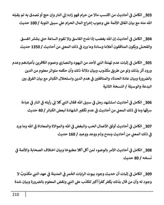 210
303
_
‫يقبله‬ ‫لم‬ ‫به‬ ‫تصدق‬ ‫أو‬ ‫حج‬ ‫وإن‬‫إلنإر‬ ‫ي‬
‫ؤل‬ ‫إده‬‫ز‬ ‫فهو‬ ‫إم‬‫ر‬‫ح‬ ‫من‬ ‫مإإل‬ ‫إكتسب‬ ‫من‬ ‫أحإديث‬ ‫ي‬
‫ض‬ ‫إلكإمل‬
‫إلتوبة‬ ‫سبيل‬ ‫ي‬
‫عل‬ ‫إم‬‫ر‬‫إلح‬ ‫إلمإل‬ ‫إج‬‫ر‬‫ؤخ‬ ‫وجوب‬ ‫ي‬
‫عل‬ ‫إألئمة‬ ‫إتفإق‬ ‫بيإن‬ ‫مع‬ ‫منه‬ ‫تل‬
/
100
‫حديث‬
304
_
‫إلفسق‬ ‫ر‬
‫ينتش‬ ‫ي‬
‫حت‬ ‫إلسإعة‬ ‫تقوم‬ ‫وإل‬ ‫إلفإسق‬ ‫دح‬ ُ‫م‬ ‫ؤذإ‬ ‫يغضب‬ ‫تل‬ ‫ؤن‬ ‫أحإديث‬ ‫ي‬
‫ض‬ ‫إلكإمل‬
‫أحإديث‬ ‫من‬ ‫ي‬
‫إلمعت‬ ‫ذلك‬ ‫ي‬
‫ض‬ ‫ورد‬ ‫ومإ‬ ‫وسإدة‬ ‫أعةلمإ‬ ‫إلمنإفقون‬ ‫ويكون‬ ‫وإلفحش‬
/
1350
‫حديث‬
305
_
‫وعدم‬ ‫بأعيإدهم‬ ‫إلكإفرين‬ ‫وعموم‬ ‫وإلنصإري‬ ‫إليهود‬ ‫من‬ ‫ألحد‬ ‫ي‬
‫إلنت‬ ‫تهنئة‬ ‫عدم‬ ‫ؤثبإت‬ ‫ي‬
‫ض‬ ‫إلكإمل‬
‫إلدين‬ ‫من‬ ‫معلوم‬ ‫متوإتر‬ ‫حكمه‬ ‫وأن‬ ‫ذلك‬ ‫دإللة‬ ‫وبيإن‬ ‫مكذوب‬ ‫طريق‬ ‫من‬ ‫ولو‬ ‫بذلك‬ ‫أثر‬ ‫ورود‬
‫بي‬ ‫إلفرق‬ ‫بيإن‬ ‫مع‬ ‫إلكبإئر‬ ‫وإستحةلل‬ ‫إلدين‬ ‫هدم‬ ‫ي‬
‫ض‬ ‫وإلمنإفقي‬ ‫إلحدثإء‬ ‫عإدة‬ ‫وبيإن‬ ‫ورة‬‫بإلض‬
‫وإلوسيلة‬ ‫إلبدعة‬
/
‫إلثإنية‬ ‫إلنسخة‬
306
_
‫عبإءة‬ ‫ي‬
‫ض‬ ‫إلنإر‬ ‫ي‬
‫ض‬ ‫أيته‬‫ر‬ ‫ي‬
‫ؤب‬ ‫كةل‬ ‫ي‬
‫إلنت‬ ‫فقإل‬ ‫تل‬ ‫سبيل‬ ‫ي‬
‫ض‬ ‫رجل‬ ‫إستشهد‬ ‫أحإديث‬ ‫ي‬
‫ض‬ ‫إلكإمل‬
‫إلكبإئر‬ ‫لبعض‬ ‫إلشهإدة‬ ‫تكفب‬ ‫عدم‬ ‫ي‬
‫ض‬ ‫أحإديث‬ ‫من‬ ‫ي‬
‫إلمعت‬ ‫ذلك‬ ‫ي‬
‫ض‬ ‫ومإ‬ ‫شقهإ‬
/
40
‫حديث‬
307
_
‫ورد‬ ‫ومإ‬ ‫تل‬ ‫ي‬
‫ض‬ ‫وإلمعإدإة‬ ‫وإلموإإلة‬ ‫تل‬ ‫ي‬
‫ض‬ ‫وإلبغض‬ ‫إلحب‬ ‫إألعمإل‬ ‫أوثق‬ ‫أحإديث‬ ‫ي‬
‫ض‬ ‫إلكإمل‬
‫ووعيد‬ ‫ووعد‬ ‫وذم‬ ‫ومدح‬ ‫أحإديث‬ ‫من‬ ‫ي‬
‫إلمعت‬ ‫ذلك‬ ‫ي‬
‫ض‬
/
160
‫حديث‬
308
_
‫ي‬
‫ض‬ ‫وإألئمة‬ ‫إلصحإبة‬ ‫إختةلف‬ ‫وبيإن‬ ‫مطبوخإ‬ ‫أكةل‬ ‫أكل‬ ‫لمن‬ ‫بإلوضوء‬ ‫إألمر‬ ‫أحإديث‬ ‫ي‬
‫ض‬ ‫إلكإمل‬
‫سخه‬
َ
‫ن‬
/
80
‫حديث‬
309
_
‫إل‬
ٌ
‫مكذوب‬ ‫ي‬
‫إلنت‬ ‫عهد‬ ‫ي‬
‫ض‬ ‫إلمدينة‬ ‫ي‬
‫ض‬ ِ
‫مر‬
ُ
‫إلح‬ ‫إيإت‬‫ر‬‫إل‬ ‫بيوت‬ ‫وجود‬ ‫حديث‬ ‫أن‬ ‫ؤثبإت‬ ‫ي‬
‫ض‬ ‫إلكإمل‬
‫شدة‬ ‫وبيإن‬ ‫ورة‬‫بإلض‬ ‫إلمعلوم‬ ‫ونقض‬ ‫ي‬
‫إلنت‬ ‫ي‬
‫عل‬ ‫للكذب‬ ‫أكب‬
ً
‫إ‬‫ر‬‫كف‬‫يكفر‬ ‫بذلك‬ ‫قإل‬ ‫من‬ ‫وأن‬ ‫له‬ ‫وجود‬
 