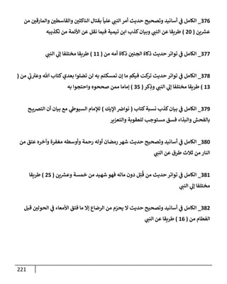 221
376
_
‫من‬ ‫وإلمإرقي‬ ‫وإلقإسطي‬ ‫إلنإكثي‬ ‫بقتإل‬
ً
‫عليإ‬ ‫ي‬
‫إلنت‬ ‫أمر‬ ‫حديث‬ ‫وتصحيح‬ ‫أسإنيد‬ ‫ي‬
‫ض‬ ‫إلكإمل‬
‫ين‬ ‫ر‬
‫عش‬
(
20
)
‫تكذيبه‬ ‫من‬ ‫إألئمة‬ ‫عن‬ ‫نقل‬ ‫فيمإ‬ ‫تيمية‬ ‫إبن‬ ‫كذب‬‫وبيإن‬ ‫ي‬
‫إلنت‬ ‫عن‬ ‫طريقإ‬
377
_
‫من‬ ‫أمه‬ ‫ذكإة‬ ‫إلجني‬ ‫ذكإة‬ ‫حديث‬ ‫توإتر‬ ‫ي‬
‫ض‬ ‫إلكإمل‬
(
11
)
‫ي‬
‫إلنت‬ ‫ي‬
‫ؤل‬ ‫مختلفإ‬ ‫طريقإ‬
378
_
‫من‬ ‫ي‬
‫ب‬‫وعب‬ ‫تل‬ ‫كتإب‬‫بعدي‬ ‫تضلوإ‬ ‫لن‬ ‫به‬ ‫تمسكتم‬ ‫ؤن‬ ‫مإ‬ ‫فيكم‬ ‫كت‬
‫تر‬ ‫حديث‬ ‫توإتر‬ ‫ي‬
‫ض‬ ‫إلكإمل‬
(
13
)
‫كر‬ِ
‫وذ‬ ‫ي‬
‫إلنت‬ ‫ي‬
‫ؤل‬ ‫مختلفإ‬ ‫طريقإ‬
(
35
)
‫به‬ ‫وإحتجوإ‬ ‫صححوه‬ ‫ممن‬ ‫ؤمإمإ‬
379
_
‫كتإب‬‫نسبة‬ ‫كذب‬‫بيإن‬ ‫ي‬
‫ض‬ ‫إلكإمل‬
(
‫إؤليك‬ ‫نوإض‬
)
‫ح‬ ‫إلتضي‬ ‫أن‬ ‫بيإن‬ ‫مع‬ ‫ي‬
‫إلسيوز‬ ‫لبلمإم‬
‫وإلتعزير‬ ‫للعقوبة‬ ‫مستوجب‬ ‫فسق‬ ‫وإلبذإء‬ ‫بإلفحش‬
380
_
‫من‬ ‫عتق‬ ‫وآخره‬ ‫مغفرة‬ ‫وأوسطه‬ ‫رحمة‬ ‫أوله‬ ‫رمضإن‬ ‫شهر‬ ‫حديث‬ ‫وتصحيح‬ ‫أسإنيد‬ ‫ي‬
‫ض‬ ‫إلكإمل‬
‫ي‬
‫إلنت‬ ‫عن‬ ‫طرق‬ ‫ثةلث‬ ‫من‬ ‫إلنإر‬
381
_
‫ين‬ ‫ر‬
‫وعش‬ ‫خمسة‬ ‫من‬ ‫شهيد‬ ‫فهو‬ ‫مإله‬ ‫دون‬ ‫ل‬ِ‫ت‬
ُ
‫ق‬ ‫من‬ ‫حديث‬ ‫توإتر‬ ‫ي‬
‫ض‬ ‫إلكإمل‬
(
25
)
‫طريقإ‬
‫ي‬
‫إلنت‬ ‫ي‬
‫ؤل‬ ‫مختلفإ‬
382
_
‫قبل‬ ‫إلحولي‬ ‫ي‬
‫ض‬ ‫إألمعإء‬ ‫فتق‬ ‫مإ‬ ‫ؤإل‬ ‫إلرضإع‬ ‫من‬ ‫م‬ ّ
‫يحر‬ ‫إل‬ ‫حديث‬ ‫وتصحيح‬ ‫أسإنيد‬ ‫ي‬
‫ض‬ ‫إلكإمل‬
‫من‬ ‫إلفطإم‬
(
16
)
‫ي‬
‫إلنت‬ ‫عن‬ ‫طريقإ‬
 