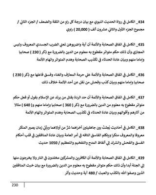 230
434
_
‫وإلضعف‬ ‫إلثقة‬ ‫من‬ ٍ
‫إو‬‫ر‬ ‫كل‬‫درجة‬ ‫بيإن‬ ‫مع‬ ‫إلنبوي‬ ‫إلحديث‬ ‫روإة‬ ‫ي‬
‫ض‬ ‫إلكإمل‬
/
‫ي‬
‫إلثإب‬ ‫إلجزء‬
/
‫ألف‬ ‫ون‬ ‫ر‬
‫عش‬ ‫ي‬
‫وإلثإب‬ ‫إألول‬ ‫إلجزء‬ ‫مجموع‬
(
20,000
)
‫إوي‬‫ر‬
435
_
‫وليس‬ ‫إلمعروف‬ ‫إلجسدي‬ ‫ب‬‫إلض‬ ‫ي‬
‫تعت‬ ‫بوهن‬‫وإض‬ ‫آية‬ ‫أن‬ ‫وإألئمة‬ ‫إلصحإبة‬ ‫إتفإق‬ ‫ي‬
‫ض‬ ‫إلكإمل‬
‫كر‬ِ
‫ذ‬ ‫مع‬ ‫ورة‬‫بإلض‬ ‫إلدين‬ ‫من‬ ‫معلوم‬ ‫به‬ ‫مقطوع‬ ‫متوإتر‬ ‫حكم‬ ‫ذلك‬ ‫وأن‬ ‫إلمجإزي‬
(
230
)
‫صحإبيإ‬
‫إألئمة‬ ‫وإتهإم‬‫إلمتوإتر‬ ‫وهدم‬ ‫إلصحإبة‬ ‫تكذيب‬ ‫ي‬
‫ض‬ ‫إلحدثإء‬ ‫عإدة‬ ‫وبيإن‬ ‫منهم‬ ‫وإمإمإ‬
436
_
‫كر‬ِ
‫ذ‬ ‫مع‬ ‫فإعلهإ‬ ‫وفسق‬ ‫وإلغنإء‬ ‫إلمعإزف‬ ‫حرمة‬ ‫ي‬
‫عل‬ ‫وإألئمة‬ ‫إلصحإبة‬ ‫إتفإق‬ ‫ي‬
‫ض‬ ‫إلكإمل‬
(
230
)
‫ذلك‬ ‫خةلف‬ ‫إألئمة‬ ‫أحد‬ ‫عن‬ ‫نقل‬ ‫من‬ ‫وفحش‬ ‫كذب‬‫وبيإن‬ ‫منهم‬ ‫وإمإمإ‬ ‫صحإبيإ‬
437
_
‫حكم‬ ‫فعل‬ ‫أو‬ ‫بقول‬ ‫إؤلسةلم‬ ‫عن‬ ‫يرتد‬ ‫من‬ ‫بقتل‬ ‫إلردة‬ ‫حد‬ ‫أن‬ ‫وإألئمة‬ ‫إلصحإبة‬ ‫إتفإق‬ ‫ي‬
‫ض‬ ‫إلكإمل‬
‫كر‬ِ
‫ذ‬ ‫مع‬ ‫ورة‬‫بإلض‬ ‫إلدين‬ ‫من‬ ‫معلوم‬ ‫به‬ ‫مقطوع‬ ‫متوإتر‬
(
360
)
‫و‬ ‫منهم‬ ‫وإمإمإ‬ ‫صحإبيإ‬
(
640
)
‫مثإإل‬
‫إألئمة‬ ‫وإتهإم‬‫إلمتوإتر‬ ‫وهدم‬ ‫إلصحإبة‬ ‫تكذيب‬ ‫ي‬
‫ض‬ ‫إلحدثإء‬ ‫عإدة‬ ‫وبيإن‬ ‫وأقوإلهم‬ ‫آثإرهم‬ ‫من‬
438
_
‫إلمنكر‬ ‫يصب‬ ‫زمإن‬ ‫ي‬
‫ويأب‬ ‫أوإلهمإ‬ ‫من‬ ٌّ ‫ر‬
‫ش‬ ‫إهمإ‬‫ر‬‫أخ‬ ‫جإهليتي‬ ‫بي‬
ُ
‫ثت‬ ِ
‫ع‬
ُ
‫ب‬ ‫أحإديث‬ ‫ي‬
‫ض‬ ‫إلكإمل‬
‫أحكإم‬ ‫قلب‬ ‫ي‬
‫ض‬ ‫إلمنإفقي‬ ‫عإدة‬ ‫وبيإن‬ ‫إلعإمة‬ ‫أمر‬ ‫ي‬
‫ض‬ ‫إلتإفه‬ ‫إلفإسق‬ ‫ويتكلم‬ ‫إ‬‫ر‬‫منك‬ ‫وإلمعروف‬ ‫معروفإ‬
‫وإلتعظيم‬ ‫وإلتفخيم‬ ‫إلمدح‬ ‫ألفإظ‬ ‫ي‬
‫ؤل‬ ‫ك‬ ‫ر‬
‫وإلش‬ ‫وإلفحش‬ ‫إلفسق‬
/
1050
‫حديث‬
439
_
‫منهإ‬ ‫يخرجون‬ ‫وإل‬‫إلنإر‬ ‫ي‬
‫ض‬ ‫مخلدون‬ ‫كي‬ ‫ر‬
‫وإلمش‬ ‫إلكإفرين‬ ‫أن‬ ‫وإألئمة‬ ‫إلصحإبة‬ ‫إتفإق‬ ‫ي‬
‫ض‬ ‫إلكإمل‬
‫إلمنإفقي‬ ‫خبث‬ ‫بيإن‬ ‫مع‬ ‫ورة‬‫بإلض‬ ‫إلدين‬ ‫من‬ ‫معلوم‬ ‫به‬ ‫مقطوع‬ ‫متوإتر‬ ‫حكم‬ ‫ذلك‬ ‫وأن‬ ‫أبدإ‬ ‫إلجنة‬ ‫ي‬
‫ؤل‬
‫وإلعبث‬ ‫بإلكذب‬ ‫تل‬ ‫وصفوإ‬ ‫إلذين‬
/
480
‫وأثر‬ ‫وحديث‬ ‫آية‬
 