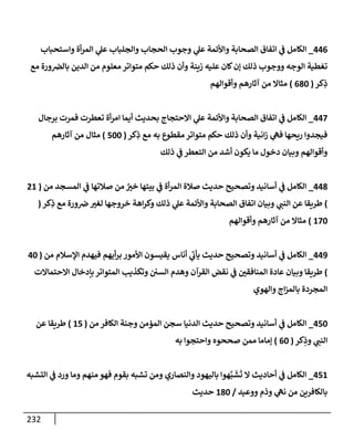 232
446
_
‫وإستحبإب‬ ‫أة‬‫ر‬‫إلم‬ ‫ي‬
‫عل‬ ‫وإلجلبإب‬ ‫إلحجإب‬ ‫وجوب‬ ‫ي‬
‫عل‬ ‫وإألئمة‬ ‫إلصحإبة‬ ‫إتفإق‬ ‫ي‬
‫ض‬ ‫إلكإمل‬
‫مع‬ ‫ورة‬‫بإلض‬ ‫إلدين‬ ‫من‬ ‫معلوم‬ ‫متوإتر‬ ‫حكم‬ ‫ذلك‬ ‫وأن‬ ‫زينة‬ ‫عليه‬ ‫كإن‬‫ؤن‬ ‫ذلك‬ ‫ووجوب‬ ‫إلوجه‬ ‫تغطية‬
‫كر‬ِ
‫ذ‬
(
680
)
‫وأقوإلهم‬ ‫آثإرهم‬ ‫من‬ ‫مثإإل‬
447
_
‫برجإل‬ ‫فمرت‬ ‫تعطرت‬ ‫أة‬‫ر‬‫إم‬ ‫أيمإ‬ ‫بحديث‬ ‫إإلحتجإج‬ ‫ي‬
‫عل‬ ‫وإألئمة‬ ‫إلصحإبة‬ ‫إتفإق‬ ‫ي‬
‫ض‬ ‫إلكإمل‬
‫كر‬ِ
‫ذ‬ ‫مع‬ ‫به‬ ‫مقطوع‬ ‫متوإتر‬ ‫حكم‬ ‫ذلك‬ ‫وأن‬ ‫إنية‬‫ز‬ ‫ي‬
‫فىه‬ ‫ريحهإ‬ ‫فيجدوإ‬
(
500
)
‫آثإرهم‬ ‫من‬ ‫مثإل‬
‫ذلك‬ ‫ي‬
‫ض‬ ‫إلتعطر‬ ‫من‬ ‫أشد‬ ‫يكون‬ ‫مإ‬ ‫دخول‬ ‫وبيإن‬ ‫وأقوإلهم‬
448
_
‫من‬ ‫إلمسجد‬ ‫ي‬
‫ض‬ ‫صةلتهإ‬ ‫من‬ ٌ
‫خب‬ ‫بيتهإ‬ ‫ي‬
‫ض‬ ‫أة‬‫ر‬‫إلم‬ ‫صةلة‬ ‫حديث‬ ‫وتصحيح‬ ‫أسإنيد‬ ‫ي‬
‫ض‬ ‫إلكإمل‬
(
21
)
‫كر‬ِ
‫ذ‬ ‫مع‬ ‫ورة‬‫ض‬‫لغب‬ ‫خروجهإ‬ ‫إهة‬‫ر‬‫وك‬ ‫ذلك‬ ‫ي‬
‫عل‬ ‫وإألئمة‬ ‫إلصحإبة‬ ‫إتفإق‬ ‫وبيإن‬ ‫ي‬
‫إلنت‬ ‫عن‬ ‫طريقإ‬
(
170
)
‫وأقوإلهم‬ ‫آثإرهم‬ ‫من‬ ‫مثإإل‬
449
_
‫من‬ ‫إؤلسةلم‬ ‫فيهدم‬ ‫أيهم‬‫ر‬‫ب‬ ‫إألمور‬ ‫يقيسون‬ ‫أنإس‬ ‫ي‬
‫يأب‬ ‫حديث‬ ‫وتصحيح‬ ‫أسإنيد‬ ‫ي‬
‫ض‬ ‫إلكإمل‬
(
40
)
‫إإلحتمإإلت‬ ‫بإدخإل‬ ‫إلمتوإتر‬ ‫وتكذيب‬ ‫إلسي‬ ‫وهدم‬ ‫إلقرآن‬ ‫نقض‬ ‫ي‬
‫ض‬ ‫إلمنإفقي‬ ‫عإدة‬ ‫وبيإن‬ ‫طريقإ‬
‫وإلهوي‬ ‫إج‬‫ز‬‫بإلم‬ ‫إلمجردة‬
450
_
‫من‬ ‫إلكإفر‬ ‫وجنة‬ ‫إلمؤمن‬ ‫سجن‬ ‫إلدنيإ‬ ‫حديث‬ ‫وتصحيح‬ ‫أسإنيد‬ ‫ي‬
‫ض‬ ‫إلكإمل‬
(
15
)
‫عن‬ ‫طريقإ‬
‫كر‬ِ
‫وذ‬ ‫ي‬
‫إلنت‬
(
60
)
‫به‬ ‫وإحتجوإ‬ ‫صححوه‬ ‫ممن‬ ‫ؤمإمإ‬
451
_
‫إلتشبه‬ ‫ي‬
‫ض‬ ‫ورد‬ ‫ومإ‬ ‫منهم‬ ‫فهو‬ ‫بقوم‬ ‫تشبه‬ ‫ومن‬ ‫وإلنصإري‬ ‫بإليهود‬ ‫هوإ‬َّ‫ب‬
َ
‫ش‬
َ
‫ت‬ ‫إل‬ ‫أحإديث‬ ‫ي‬
‫ض‬ ‫إلكإمل‬
‫ووعيد‬ ‫وذم‬ ‫ي‬
‫نىه‬ ‫من‬ ‫بإلكإفرين‬
/
180
‫حديث‬
 