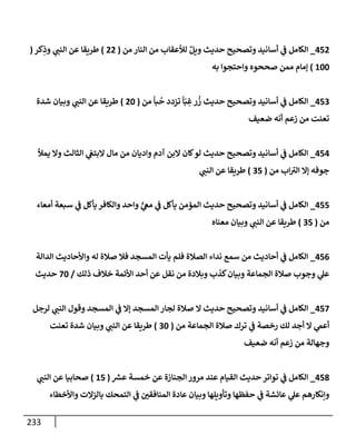 233
452
_
‫من‬ ‫إلنإر‬ ‫من‬ ‫لالعقإب‬ ٌ‫ويل‬ ‫حديث‬ ‫وتصحيح‬ ‫أسإنيد‬ ‫ي‬
‫ض‬ ‫إلكإمل‬
(
22
)
‫كر‬ِ
‫وذ‬ ‫ي‬
‫إلنت‬ ‫عن‬ ‫طريقإ‬
(
100
)
‫به‬ ‫وإحتجوإ‬ ‫صححوه‬ ‫ممن‬ ‫ؤمإم‬
453
_
‫من‬
ً
‫بإ‬
ُ
‫ح‬ ‫تزدد‬
ً
‫إ‬ّ‫ب‬ ِ
‫غ‬‫ر‬
ُ
‫ز‬ ‫حديث‬ ‫وتصحيح‬ ‫أسإنيد‬ ‫ي‬
‫ض‬ ‫إلكإمل‬
(
20
)
‫شدة‬ ‫وبيإن‬ ‫ي‬
‫إلنت‬ ‫عن‬ ‫طريقإ‬
‫ضعيف‬ ‫أنه‬ ‫زعم‬ ‫من‬ ‫تعنت‬
454
_
‫يمال‬ ‫وإل‬ ‫إلثإلث‬ ‫ي‬
‫إلبتص‬ ‫مإل‬ ‫من‬ ‫وإديإن‬ ‫آدم‬ ‫إلبن‬ ‫كإن‬‫لو‬ ‫حديث‬ ‫وتصحيح‬ ‫أسإنيد‬ ‫ي‬
‫ض‬ ‫إلكإمل‬
‫من‬ ‫إب‬‫إلب‬ ‫ؤإل‬ ‫جوفه‬
(
35
)
‫ي‬
‫إلنت‬ ‫عن‬ ‫طريقإ‬
455
_
‫أمعإء‬ ‫سبعة‬ ‫ي‬
‫ض‬ ‫يأكل‬ ‫وإلكإفر‬ ‫وإحد‬ ٍّ
‫ي‬
‫مص‬ ‫ي‬
‫ض‬ ‫يأكل‬ ‫إلمؤمن‬ ‫حديث‬ ‫وتصحيح‬ ‫أسإنيد‬ ‫ي‬
‫ض‬ ‫إلكإمل‬
‫من‬
(
35
)
‫معنإه‬ ‫وبيإن‬ ‫ي‬
‫إلنت‬ ‫عن‬ ‫طريقإ‬
456
_
‫إلدإلة‬ ‫وإألحإديث‬ ‫له‬ ‫صةلة‬ ‫فةل‬ ‫إلمسجد‬ ‫يأت‬ ‫فلم‬ ‫إلصةلة‬ ‫ندإء‬ ‫سمع‬ ‫من‬ ‫أحإديث‬ ‫ي‬
‫ض‬ ‫إلكإمل‬
‫ذلك‬ ‫خةلف‬ ‫إألئمة‬ ‫أحد‬ ‫عن‬ ‫نقل‬ ‫من‬ ‫وبةلدة‬ ‫كذب‬‫وبيإن‬ ‫إلجمإعة‬ ‫صةلة‬ ‫وجوب‬ ‫ي‬
‫عل‬
/
70
‫حديث‬
457
_
‫لرجل‬ ‫ي‬
‫إلنت‬ ‫وقول‬ ‫إلمسجد‬ ‫ي‬
‫ض‬ ‫ؤإل‬ ‫إلمسجد‬ ‫لجإر‬ ‫صةلة‬ ‫إل‬ ‫حديث‬ ‫وتصحيح‬ ‫أسإنيد‬ ‫ي‬
‫ض‬ ‫إلكإمل‬
‫من‬ ‫إلجمإعة‬ ‫صةلة‬ ‫ترك‬ ‫ي‬
‫ض‬ ‫رخصة‬ ‫لك‬ ‫أجد‬ ‫إل‬ ‫ي‬
‫أعم‬
(
30
)
‫تعنت‬ ‫شدة‬ ‫وبيإن‬ ‫ي‬
‫إلنت‬ ‫عن‬ ‫طريقإ‬
‫ضعيف‬ ‫أنه‬ ‫زعم‬ ‫من‬ ‫وجهإلة‬
458
_
‫ر‬
‫عش‬ ‫خمسة‬ ‫عن‬ ‫إلجنإزة‬ ‫مرور‬ ‫عند‬ ‫إلقيإم‬ ‫حديث‬ ‫توإتر‬ ‫ي‬
‫ض‬ ‫إلكإمل‬
(
15
)
‫ي‬
‫إلنت‬ ‫عن‬ ‫صحإبيإ‬
‫وإألخطإء‬ ‫بإلزإلت‬ ‫إلتمحك‬ ‫ي‬
‫ض‬ ‫إلمنإفقي‬ ‫عإدة‬ ‫وبيإن‬ ‫وتأويلهإ‬ ‫حفظهإ‬ ‫ي‬
‫ض‬ ‫عإئشة‬ ‫ي‬
‫عل‬ ‫وإنكإرهم‬
 