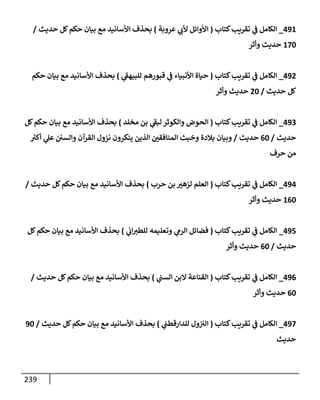 239
491
_
‫كتإب‬‫تقريب‬ ‫ي‬
‫ض‬ ‫إلكإمل‬
(
‫عروبة‬ ‫ي‬
‫ألب‬ ‫إألوإئل‬
)
‫حديث‬ ‫كل‬‫حكم‬ ‫بيإن‬ ‫مع‬ ‫إألسإنيد‬ ‫بحذف‬
/
170
‫وأثر‬ ‫حديث‬
492
_
‫كتإب‬‫تقريب‬ ‫ي‬
‫ض‬ ‫إلكإمل‬
(
‫ي‬
‫للبيهط‬ ‫قبورهم‬ ‫ي‬
‫ض‬ ‫إألنبيإء‬ ‫حيإة‬
)
‫حكم‬ ‫بيإن‬ ‫مع‬ ‫إألسإنيد‬ ‫بحذف‬
‫حديث‬ ‫كل‬
/
20
‫وأثر‬ ‫حديث‬
493
_
‫كتإب‬‫تقريب‬ ‫ي‬
‫ض‬ ‫إلكإمل‬
(
‫مخلد‬ ‫بن‬ ‫ي‬
‫لبط‬ ‫وإلكوثر‬ ‫إلحوض‬
)
‫كل‬‫حكم‬ ‫بيإن‬ ‫مع‬ ‫إألسإنيد‬ ‫بحذف‬
‫حديث‬
/
60
‫حديث‬
/
ُ
‫أكب‬ ‫ي‬
‫عل‬ ‫وإلسي‬ ‫إلقرآن‬ ‫نزول‬ ‫ينكرون‬ ‫إلذين‬ ‫إلمنإفقي‬ ‫وخبث‬ ‫بةلدة‬ ‫وبيإن‬
‫حرف‬ ‫من‬
494
_
‫كتإب‬‫تقريب‬ ‫ي‬
‫ض‬ ‫إلكإمل‬
(
‫حرب‬ ‫بن‬ ‫لزهب‬ ‫إلعلم‬
)
‫حديث‬ ‫كل‬‫حكم‬ ‫بيإن‬ ‫مع‬ ‫إألسإنيد‬ ‫بحذف‬
/
160
‫وأثر‬ ‫حديث‬
495
_
‫كتإب‬‫تقريب‬ ‫ي‬
‫ض‬ ‫إلكإمل‬
(
‫ي‬
‫إب‬‫للطب‬ ‫وتعليمه‬ ‫ي‬
‫إلرم‬ ‫فضإئل‬
)
‫كل‬‫حكم‬ ‫بيإن‬ ‫مع‬ ‫إألسإنيد‬ ‫بحذف‬
‫حديث‬
/
60
‫وأثر‬ ‫حديث‬
496
_
‫كتإب‬‫تقريب‬ ‫ي‬
‫ض‬ ‫إلكإمل‬
(
‫ي‬
‫إلست‬ ‫إلبن‬ ‫إلقنإعة‬
)
‫حديث‬ ‫كل‬‫حكم‬ ‫بيإن‬ ‫مع‬ ‫إألسإنيد‬ ‫بحذف‬
/
60
‫وأثر‬ ‫حديث‬
497
_
‫كتإب‬‫تقريب‬ ‫ي‬
‫ض‬ ‫إلكإمل‬
(
‫ي‬
‫للدإرقطت‬ ‫ول‬‫إلب‬
)
‫حديث‬ ‫كل‬‫حكم‬ ‫بيإن‬ ‫مع‬ ‫إألسإنيد‬ ‫بحذف‬
/
90
‫حديث‬
 