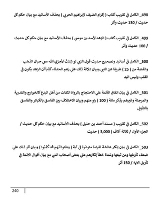 240
498
_
‫كتإب‬‫تقريب‬ ‫ي‬
‫ض‬ ‫إلكإمل‬
(
‫ي‬
‫إلحرب‬ ‫إهيم‬‫ر‬‫ؤلب‬ ‫إلضيف‬ ‫إم‬‫ر‬‫ؤك‬
)
‫كل‬‫حكم‬ ‫بيإن‬ ‫مع‬ ‫إألسإنيد‬ ‫بحذف‬
‫حديث‬
/
130
‫وأثر‬ ‫حديث‬
499
_
‫كتإب‬‫تقريب‬ ‫ي‬
‫ض‬ ‫إلكإمل‬
(
‫ي‬
‫موخ‬ ‫بن‬ ‫ألسد‬ ‫إلزهد‬
)
‫حديث‬ ‫كل‬‫حكم‬ ‫بيإن‬ ‫مع‬ ‫إألسإنيد‬ ‫بحذف‬
/
100
‫وأثر‬ ‫حديث‬
500
_
‫إلذهب‬ ‫جبإل‬ ‫ي‬
‫مص‬ ‫تل‬ ‫ي‬ َ
‫ألجر‬
ُ
‫ئت‬ ِ
‫ش‬ ‫لو‬ ‫ي‬
‫إلنت‬ ‫قول‬ ‫حديث‬ ‫وتصحيح‬ ‫أسإنيد‬ ‫ي‬
‫ض‬ ‫إلكإمل‬
‫من‬ ‫وإلفضة‬
(
25
)
‫ي‬
‫ض‬ ‫يكون‬ ‫إلزهد‬ ‫أن‬
ً
‫كذبإ‬‫إلحدثإء‬ ‫زعم‬ ‫ي‬
‫عل‬ ‫ذلك‬ ‫دإللة‬ ‫وبيإن‬ ‫ي‬
‫إلنت‬ ‫عن‬ ‫طريقإ‬
‫إليد‬ ‫وليس‬ ‫إلقلب‬
501
_
‫وإلقدرية‬ ‫كإلخوإرج‬‫إلبدع‬ ‫أهل‬ ‫من‬ ‫إلثقإت‬ ‫بإلروإة‬ ‫إإلحتجإج‬ ‫ي‬
‫عل‬ ‫إألئمة‬ ‫إتفإق‬ ‫بيإن‬ ‫ي‬
‫ض‬ ‫إلكإمل‬
‫مإئة‬ ‫كر‬ ِ
‫بذ‬ ‫هم‬‫وغب‬ ‫وإلمرجئة‬
(
100
)
‫وإلفإسق‬‫بإلكبإئر‬ ‫إلفإسق‬ ‫بي‬ ‫إإلختةلف‬ ‫وبيإن‬ ‫منهم‬ ٍ
‫إو‬‫ر‬
‫بإلتأويل‬
502
_
‫تقريب‬ ‫ي‬
‫ض‬ ‫إلكإمل‬
(
‫حنبل‬ ‫بن‬ ‫أحمد‬ ‫مسند‬
)
‫حديث‬ ‫كل‬‫حكم‬ ‫بيإن‬ ‫مع‬ ‫إألسإنيد‬ ‫بحذف‬
/
‫إألول‬ ‫إلجزء‬
/
‫آإلف‬ ‫ثةلثة‬
(
3,000
)
‫حديث‬
503
_
‫آية‬ ‫ي‬
‫ض‬ ‫متوإترة‬ ‫إءة‬‫ر‬‫لق‬ ‫عإئشة‬‫ؤنكإر‬ ‫بيإن‬ ‫ي‬
‫ض‬ ‫إلكإمل‬
(
‫وإ‬
ُ
‫ب‬ ِ
‫ذ‬
ُ
‫ك‬‫قد‬ ‫أنهم‬ ‫وظنوإ‬
)
‫ي‬
‫عل‬ ‫ذلك‬ ‫أثر‬ ‫وبيإن‬
‫ي‬
‫ض‬ ‫إألئمة‬ ‫أقوإل‬ ‫بيإن‬ ‫مع‬ ‫ي‬
‫إلنت‬ ‫أصحإب‬ ‫بعض‬ ‫ي‬
‫عل‬ ‫ؤنكإرهم‬ ‫خطأ‬ ‫وشدة‬ ‫تبعهإ‬ ‫ومن‬ ‫تأويلهإ‬ ‫ضعف‬
‫إآلية‬ ‫تأويل‬
/
150
‫أثر‬
 