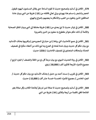 254
579
_
‫فيقول‬ ‫إليهود‬ ‫إلمسلمون‬ ‫يقإتل‬ ‫ي‬
‫حت‬ ‫إلسإعة‬ ‫تقوم‬ ‫إل‬ ‫حديث‬ ‫وتصحيح‬ ‫أسإنيد‬ ‫ي‬
‫ض‬ ‫إلكإمل‬
‫من‬ ‫فإقتله‬ ‫ي‬
‫تعإل‬ ‫ي‬
‫ئ‬
‫إب‬‫ر‬‫و‬ ‫يهودي‬ ‫هذإ‬ ‫مسلم‬ ‫يإ‬ ‫وإلشجر‬‫إلحجر‬
(
18
)
‫عإدة‬ ‫وبيإن‬ ‫ي‬
‫إلنت‬ ‫عن‬ ‫طريقإ‬
‫وإلهوي‬ ‫إج‬‫ز‬‫بإلم‬ ‫يعجبهم‬ ‫مإ‬ ‫وإألحكإم‬ ‫إلغيب‬ ‫من‬ ‫ينتقون‬ ‫إلذين‬ ‫إلمنإفقي‬
580
_
‫من‬ ‫بعدي‬ َّ
‫ي‬
‫نت‬ ‫إل‬ ‫حديث‬ ‫توإتر‬ ‫ي‬
‫ض‬ ‫إلكإمل‬
(
60
)
‫إلصحإبة‬ ‫إتفإق‬ ‫وبيإن‬ ‫ي‬
‫إلنت‬ ‫ي‬
‫ؤل‬ ‫مختلفإ‬ ‫طريقإ‬
‫ورة‬‫بإلض‬ ‫إلدين‬ ‫من‬ ‫معلوم‬ ‫به‬ ‫مقطوع‬ ‫متوإتر‬ ‫حكم‬ ‫ذلك‬ ‫أن‬ ‫وإألئمة‬
581
_
‫روإهإ‬ ‫ي‬
‫إلت‬ ‫إألحإديث‬ ‫جمع‬ ‫ي‬
‫ض‬ ‫إلكإمل‬
(
‫إلمجروحي‬ ‫ي‬
‫ض‬ ‫حبإن‬ ‫إبن‬
)
‫إألسإنيد‬ ‫بحذف‬ ‫وتقريبهإ‬
‫تضعيف‬ ‫ي‬
‫ض‬ ‫منكرة‬ ‫أخطإء‬ ‫من‬ ‫ذلك‬ ‫تبع‬ ‫ومإ‬ ‫إلجرح‬ ‫ي‬
‫ض‬ ‫تعنته‬ ‫شدة‬ ‫وبيإن‬ ‫حديث‬ ‫كل‬‫حكم‬ ‫بيإن‬ ‫مع‬
‫إألحإديث‬ ‫تضعيف‬ ‫ي‬
‫ض‬ ‫إلمتعنتي‬ ‫وتمحكإت‬ ‫إلحدثإء‬
/
1250
‫حديث‬
582
_
‫وإلضعف‬ ‫إلثقة‬ ‫من‬ ٍ
‫إو‬‫ر‬ ‫كل‬‫درجة‬ ‫بيإن‬ ‫مع‬ ‫إلنبوي‬ ‫إلحديث‬ ‫روإة‬ ‫ي‬
‫ض‬ ‫إلكإمل‬
/
‫إبع‬‫ر‬‫إل‬ ‫إلجزء‬
/
‫ألف‬ ‫ثةلثون‬ ‫إألربعة‬ ‫إء‬‫ز‬‫إألج‬ ‫مجموع‬
(
30,000
)
‫إوي‬‫ر‬
583
_
‫تقريب‬ ‫ي‬
‫ض‬ ‫إلكإمل‬
(
‫حنبل‬ ‫بن‬ ‫أحمد‬ ‫مسند‬
)
‫حديث‬ ‫كل‬‫حكم‬ ‫بيإن‬ ‫مع‬ ‫إألسإنيد‬ ‫بحذف‬
/
‫إلخإمس‬ ‫إلجزء‬
/
‫ألف‬ ‫ر‬
‫عش‬ ‫خمسة‬ ‫إلخمسة‬ ‫إء‬‫ز‬‫إألج‬ ‫مجموع‬
(
15,000
)
‫حديث‬
584
_
‫بغب‬ ‫صةلة‬ ‫وكل‬ ‫إلكتإب‬ ‫بفإتحة‬ ‫أ‬‫ر‬‫يق‬ ‫لم‬ ‫لمن‬ ‫صةلة‬ ‫إل‬ ‫حديث‬ ‫وتصحيح‬ ‫أسإنيد‬ ‫ي‬
‫ض‬ ‫إلكإمل‬
‫وثةلثي‬ ‫أربعة‬ ‫من‬ ‫نإقصة‬ ‫ي‬
‫فىه‬ ‫إلفإتحة‬
(
34
)
‫ي‬
‫إلنت‬ ‫عن‬ ‫طريقإ‬
 