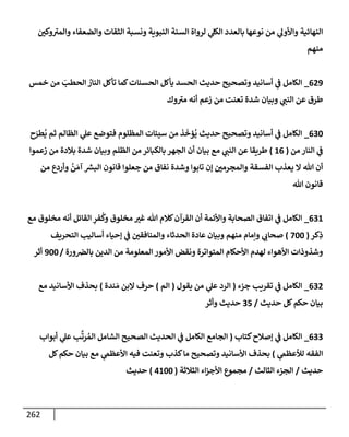 262
‫وكي‬‫وإلمب‬ ‫وإلضعفإء‬ ‫إلثقإت‬ ‫ونسبة‬ ‫إلنبوية‬ ‫إلسنة‬ ‫لروإة‬ ‫ي‬
‫إلكل‬ ‫بإلعدد‬ ‫نوعهإ‬ ‫من‬ ‫ي‬
‫وإألول‬ ‫إلنهإئية‬
‫منهم‬
629
_
‫خمس‬ ‫من‬ َ
‫إلحطب‬ ُ
‫إلنإر‬ ‫تأكل‬ ‫كمإ‬‫إلحسنإت‬ ‫يأكل‬ ‫إلحسد‬ ‫حديث‬ ‫وتصحيح‬ ‫أسإنيد‬ ‫ي‬
‫ض‬ ‫إلكإمل‬
‫وك‬‫مب‬ ‫أنه‬ ‫زعم‬ ‫من‬ ‫تعنت‬ ‫شدة‬ ‫وبيإن‬ ‫ي‬
‫إلنت‬ ‫عن‬ ‫طرق‬
630
_
‫ح‬َ
‫طر‬
ُ
‫ي‬ ‫ثم‬ ‫إلظإلم‬ ‫ي‬
‫عل‬ ‫فتوضع‬ ‫إلمظلوم‬ ‫سيئإت‬ ‫من‬ ‫ذ‬
َ
‫ؤخ‬
ُ
‫ي‬ ‫حديث‬ ‫وتصحيح‬ ‫أسإنيد‬ ‫ي‬
‫ض‬ ‫إلكإمل‬
‫من‬ ‫إلنإر‬ ‫ي‬
‫ض‬
(
16
)
‫زعموإ‬ ‫من‬ ‫بةلدة‬ ‫شدة‬ ‫وبيإن‬ ‫إلظلم‬ ‫من‬ ‫بإلكبإئر‬ ‫إلجهر‬ ‫أن‬ ‫بيإن‬ ‫مع‬ ‫ي‬
‫إلنت‬ ‫عن‬ ‫طريقإ‬
‫من‬ ‫وأردع‬
ُ
‫ن‬ َ‫آم‬ ‫ر‬
‫إلبش‬ ‫قإنون‬ ‫جعلوإ‬ ‫من‬ ‫نفإق‬ ‫وشدة‬ ‫تإبوإ‬ ‫ؤن‬ ‫وإلمجرمي‬ ‫إلفسقة‬ ‫يعذب‬ ‫إل‬ ‫تل‬ ‫أن‬
‫تل‬ ‫قإنون‬
631
_
‫مع‬ ‫مخلوق‬ ‫أنه‬ ‫إلقإئل‬ ِ
‫فر‬
ُ
‫وك‬ ‫مخلوق‬ ‫غب‬ ‫تل‬ ‫كةلم‬‫إلقرآن‬ ‫أن‬ ‫وإألئمة‬ ‫إلصحإبة‬ ‫إتفإق‬ ‫ي‬
‫ض‬ ‫إلكإمل‬
‫كر‬ِ
‫ذ‬
(
700
)
‫إلتحريف‬ ‫أسإليب‬ ‫ؤحيإء‬ ‫ي‬
‫ض‬ ‫وإلمنإفقي‬ ‫إلحدثإء‬ ‫عإدة‬ ‫وبيإن‬ ‫منهم‬ ‫وإمإم‬ ‫ي‬
‫صحإب‬
‫ورة‬‫بإلض‬ ‫إلدين‬ ‫من‬ ‫إلمعلومة‬ ‫إألمور‬ ‫ونقض‬ ‫إلمتوإترة‬ ‫إألحكإم‬ ‫لهدم‬ ‫إألهوإء‬ ‫وشذوذإت‬
/
900
‫أثر‬
632
_
‫جزء‬ ‫تقريب‬ ‫ي‬
‫ض‬ ‫إلكإمل‬
(
‫يقول‬ ‫من‬ ‫ي‬
‫عل‬ ‫إلرد‬
(
‫إلم‬
)
‫ندة‬ َ‫م‬ ‫إلبن‬ ‫حرف‬
)
‫مع‬ ‫إألسإنيد‬ ‫بحذف‬
‫حديث‬ ‫كل‬‫حكم‬ ‫بيإن‬
/
35
‫وأثر‬ ‫حديث‬
633
_
‫كتإب‬‫ؤصةلح‬ ‫ي‬
‫ض‬ ‫إلكإمل‬
(
‫أبوإب‬ ‫ي‬
‫عل‬ ‫ب‬
َّ
‫رت‬ ُ‫إلم‬ ‫إلشإمل‬ ‫إلصحيح‬ ‫إلحديث‬ ‫ي‬
‫ض‬ ‫إلكإمل‬ ‫إلجإمع‬
‫ي‬
‫لالعظم‬ ‫إلفقه‬
)
‫كل‬‫حكم‬ ‫بيإن‬ ‫مع‬ ‫ي‬
‫إألعظم‬ ‫فيه‬ ‫وتعنت‬ ‫كذب‬‫مإ‬ ‫وتصحيح‬ ‫إألسإنيد‬ ‫بحذف‬
‫حديث‬
/
‫إلثإلث‬ ‫إلجزء‬
/
‫إلثةلثة‬ ‫إء‬‫ز‬‫إألج‬ ‫مجموع‬
(
4100
)
‫حديث‬
 