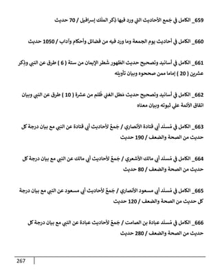 267
659
_
‫إفيل‬‫ش‬‫ؤ‬ ‫ك‬
َ
‫إلمل‬ ‫كر‬ِ
‫ذ‬ ‫فيهإ‬ ‫ورد‬ ‫ي‬
‫إلت‬ ‫إألحإديث‬ ‫مع‬
َ
‫ج‬ ‫ي‬
‫ض‬ ‫إلكإمل‬
/
70
‫حديث‬
660
_
‫وآدإب‬ ‫وأحكإم‬ ‫فضإئل‬ ‫من‬ ‫فيه‬ ‫ورد‬ ‫ومإ‬ ‫إلجمعة‬ ‫يوم‬ ‫أحإديث‬ ‫ي‬
‫ض‬ ‫إلكإمل‬
/
1050
‫حديث‬
661
_
‫ستة‬ ‫من‬ ‫إؤليمإن‬ ‫طر‬
َ
‫ش‬ ‫هور‬
َ
‫إلط‬ ‫حديث‬ ‫وتصحيح‬ ‫أسإنيد‬ ‫ي‬
‫ض‬ ‫إلكإمل‬
(
6
)
‫كر‬ِ
‫وذ‬ ‫ي‬
‫إلنت‬ ‫عن‬ ‫طرق‬
‫ين‬ ‫ر‬
‫عش‬
(
20
)
‫تأويله‬ ‫وبيإن‬ ‫صححوه‬ ‫ممن‬ ‫ؤمإمإ‬
662
_
‫ة‬ ‫ر‬
‫عش‬ ‫من‬ ‫لم‬
ُ
‫ظ‬ ‫ي‬
‫إلغت‬ ‫طل‬ َ‫م‬ ‫حديث‬ ‫وتصحيح‬ ‫أسإنيد‬ ‫ي‬
‫ض‬ ‫إلكإمل‬
(
10
)
‫وبيإن‬ ‫ي‬
‫إلنت‬ ‫عن‬ ‫طرق‬
‫معنإه‬ ‫وبيإن‬ ‫ثبوته‬ ‫ي‬
‫عل‬ ‫إألئمة‬ ‫إتفإق‬
663
_
‫إألنصإري‬ ‫قتإدة‬ ‫ي‬
‫أب‬ ‫د‬
َ
‫سن‬ ُ‫م‬ ‫ي‬
‫ض‬ ‫إلكإمل‬
/
‫كل‬‫درجة‬ ‫بيإن‬ ‫مع‬ ‫ي‬
‫إلنت‬ ‫عن‬ ‫قتإدة‬ ‫ي‬
‫أب‬ ‫ألحإديث‬ ٌ
‫مع‬
َ
‫ج‬
‫وإلضعف‬ ‫إلصحة‬ ‫من‬ ‫حديث‬
/
190
‫حديث‬
664
_
‫إألشعري‬ ‫مإلك‬ ‫ي‬
‫أب‬ ‫د‬
َ
‫سن‬ ُ‫م‬ ‫ي‬
‫ض‬ ‫إلكإمل‬
/
‫كل‬‫درجة‬ ‫بيإن‬ ‫مع‬ ‫ي‬
‫إلنت‬ ‫عن‬ ‫مإلك‬ ‫ي‬
‫أب‬ ‫ألحإديث‬ ٌ
‫مع‬
َ
‫ج‬
‫وإلضعف‬ ‫إلصحة‬ ‫من‬ ‫حديث‬
/
80
‫حديث‬
665
_
‫إألنصإري‬ ‫مسعود‬ ‫ي‬
‫أب‬ ‫د‬
َ
‫سن‬ ُ‫م‬ ‫ي‬
‫ض‬ ‫إلكإمل‬
/
‫درجة‬ ‫بيإن‬ ‫مع‬ ‫ي‬
‫إلنت‬ ‫عن‬ ‫مسعود‬ ‫ي‬
‫أب‬ ‫ألحإديث‬ ٌ
‫مع‬
َ
‫ج‬
‫وإلضعف‬ ‫إلصحة‬ ‫من‬ ‫حديث‬ ‫كل‬
/
120
‫حديث‬
666
_
‫إلصإمت‬ ‫بن‬ ‫عبإدة‬ ‫د‬
َ
‫سن‬ ُ‫م‬ ‫ي‬
‫ض‬ ‫إلكإمل‬
/
‫كل‬‫درجة‬ ‫بيإن‬ ‫مع‬ ‫ي‬
‫إلنت‬ ‫عن‬ ‫عبإدة‬ ‫ألحإديث‬ ٌ
‫مع‬
َ
‫ج‬
‫وإلضعف‬ ‫إلصحة‬ ‫من‬ ‫حديث‬
/
280
‫حديث‬
 