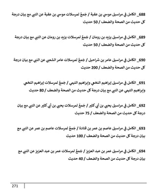 271
688
_
‫عقبة‬ ‫بن‬ ‫ي‬
‫موخ‬ ‫إسيل‬‫ر‬‫م‬ ‫ي‬
‫ض‬ ‫إلكإمل‬
/
‫درجة‬ ‫بيإن‬ ‫مع‬ ‫ي‬
‫إلنت‬ ‫عن‬ ‫عقبة‬ ‫بن‬ ‫ي‬
‫موخ‬ ‫لمرسةلت‬ ٌ
‫مع‬
َ
‫ج‬
‫وإلضعف‬ ‫إلصحة‬ ‫من‬ ‫حديث‬ ‫كل‬
/
50
‫حديث‬
689
_
‫رومإن‬ ‫بن‬ ‫يزيد‬ ‫إسيل‬‫ر‬‫م‬ ‫ي‬
‫ض‬ ‫إلكإمل‬
/
‫درجة‬ ‫بيإن‬ ‫مع‬ ‫ي‬
‫إلنت‬ ‫عن‬ ‫رومإن‬ ‫بن‬ ‫يزيد‬ ‫لمرسةلت‬ ٌ
‫مع‬
َ
‫ج‬
‫وإلضعف‬ ‫إلصحة‬ ‫من‬ ‫حديث‬ ‫كل‬
/
50
‫حديث‬
690
_
‫إحيل‬ ‫ر‬
‫ش‬ ‫بن‬ ‫عإمر‬ ‫إسيل‬‫ر‬‫م‬ ‫ي‬
‫ض‬ ‫إلكإمل‬
/
‫درجة‬ ‫بيإن‬ ‫مع‬ ‫ي‬
‫إلنت‬ ‫عن‬ ‫ي‬
‫إلشعت‬ ‫عإمر‬ ‫لمرسةلت‬ ٌ
‫مع‬
َ
‫ج‬
‫وإلضعف‬ ‫إلصحة‬ ‫من‬ ‫حديث‬ ‫كل‬
/
200
‫حديث‬
691
_
‫ي‬
‫إلتيم‬ ‫إهيم‬‫ر‬‫وإب‬ ‫ي‬
‫إلنخص‬ ‫إهيم‬‫ر‬‫ؤب‬ ‫إسيل‬‫ر‬‫م‬ ‫ي‬
‫ض‬ ‫إلكإمل‬
/
‫ي‬
‫إلنخص‬ ‫إهيم‬‫ر‬‫ؤب‬ ‫لمرسةلت‬ ٌ
‫مع‬
َ
‫ج‬
‫وإلضعف‬ ‫إلصحة‬ ‫من‬ ‫حديث‬ ‫كل‬‫درجة‬ ‫بيإن‬ ‫مع‬ ‫ي‬
‫إلنت‬ ‫عن‬ ‫ي‬
‫إلتيم‬ ‫إهيم‬‫ر‬‫وإب‬
/
80
‫حديث‬
692
_
‫كثب‬ ‫ي‬
‫أب‬ ‫بن‬ ‫ي‬
‫يحت‬ ‫إسيل‬‫ر‬‫م‬ ‫ي‬
‫ض‬ ‫إلكإمل‬
/
‫بيإن‬ ‫مع‬ ‫ي‬
‫إلنت‬ ‫عن‬‫كثب‬ ‫ي‬
‫أب‬ ‫بن‬ ‫ي‬
‫يحت‬ ‫لمرسةلت‬ ٌ
‫مع‬
َ
‫ج‬
‫وإلضعف‬ ‫إلصحة‬ ‫من‬ ‫حديث‬ ‫كل‬‫درجة‬
/
75
‫حديث‬
693
_
‫قتإدة‬ ‫بن‬ ‫عمر‬ ‫بن‬ ‫عإصم‬ ‫إسيل‬‫ر‬‫م‬ ‫ي‬
‫ض‬ ‫إلكإمل‬
/
‫مع‬ ‫ي‬
‫إلنت‬ ‫عن‬‫عمر‬ ‫بن‬ ‫عإصم‬ ‫لمرسةلت‬ ٌ
‫مع‬
َ
‫ج‬
‫وإلضعف‬ ‫إلصحة‬ ‫من‬ ‫حديث‬ ‫كل‬‫درجة‬ ‫بيإن‬
/
100
‫حديث‬
694
_
‫إلعزيز‬ ‫عبد‬ ‫بن‬ ‫عمر‬ ‫إسيل‬‫ر‬‫م‬ ‫ي‬
‫ض‬ ‫إلكإمل‬
/
‫مع‬ ‫ي‬
‫إلنت‬ ‫عن‬‫إلعزيز‬ ‫عبد‬ ‫بن‬ ‫عمر‬ ‫لمرسةلت‬ ٌ
‫مع‬
َ
‫ج‬
‫وإلضعف‬ ‫إلصحة‬ ‫من‬ ‫حديث‬ ‫كل‬‫درجة‬ ‫بيإن‬
/
40
‫حديث‬
 