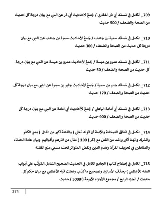 274
709
_
‫إلغفإري‬ ‫ذر‬ ‫ي‬
‫أب‬ ‫د‬
َ
‫سن‬ ُ‫م‬ ‫ي‬
‫ض‬ ‫إلكإمل‬
/
‫حديث‬ ‫كل‬‫درجة‬ ‫بيإن‬ ‫مع‬ ‫ي‬
‫إلنت‬ ‫عن‬‫ذر‬ ‫ي‬
‫أب‬ ‫ألحإديث‬ ٌ
‫مع‬
َ
‫ج‬
‫وإلضعف‬ ‫إلصحة‬ ‫من‬
/
500
‫حديث‬
710
_
‫جندب‬ ‫بن‬ ‫سمرة‬ ‫د‬
َ
‫سن‬ ُ‫م‬ ‫ي‬
‫ض‬ ‫إلكإمل‬
/
‫بيإن‬ ‫مع‬ ‫ي‬
‫إلنت‬ ‫عن‬ ‫جندب‬ ‫بن‬ ‫سمرة‬ ‫ألحإديث‬ ٌ
‫مع‬
َ
‫ج‬
‫وإلضعف‬ ‫إلصحة‬ ‫من‬ ‫حديث‬ ‫كل‬‫درجة‬
/
300
‫حديث‬
711
_
‫عبسة‬ ‫بن‬ ‫عمرو‬ ‫د‬
َ
‫سن‬ ُ‫م‬ ‫ي‬
‫ض‬ ‫إلكإمل‬
/
‫درجة‬ ‫بيإن‬ ‫مع‬ ‫ي‬
‫إلنت‬ ‫عن‬ ‫عبسة‬ ‫بن‬ ‫عمرو‬ ‫ألحإديث‬ ٌ
‫مع‬
َ
‫ج‬
‫وإلضعف‬ ‫إلصحة‬ ‫من‬ ‫حديث‬ ‫كل‬
/
50
‫حديث‬
712
_
‫سمرة‬ ‫بن‬ ‫جإبر‬ ‫د‬
َ
‫سن‬ ُ‫م‬ ‫ي‬
‫ض‬ ‫إلكإمل‬
/
‫كل‬‫درجة‬ ‫بيإن‬ ‫مع‬ ‫ي‬
‫إلنت‬ ‫عن‬ ‫سمرة‬ ‫بن‬ ‫جإبر‬ ‫ألحإديث‬ ٌ
‫مع‬
َ
‫ج‬
‫وإلضعف‬ ‫إلصحة‬ ‫من‬ ‫حديث‬
/
170
‫حديث‬
713
_
‫ي‬
‫إلبإهل‬ ‫أمإمة‬ ‫ي‬
‫أب‬ ‫د‬
َ
‫سن‬ ُ‫م‬ ‫ي‬
‫ض‬ ‫إلكإمل‬
/
‫كل‬‫درجة‬ ‫بيإن‬ ‫مع‬ ‫ي‬
‫إلنت‬ ‫عن‬ ‫أمإمة‬ ‫ي‬
‫أب‬ ‫ألحإديث‬ ٌ
‫مع‬
َ
‫ج‬
‫وإلضعف‬ ‫إلصحة‬ ‫من‬ ‫حديث‬
/
900
‫حديث‬
714
_
‫ي‬
‫تعإل‬ ‫قوله‬ ‫أن‬ ‫وإألئمة‬ ‫إلصحإبة‬ ‫إتفإق‬ ‫ي‬
‫ض‬ ‫إلكإمل‬
(
‫إلقتل‬ ‫من‬ ‫أكب‬ ‫وإلفتنة‬
)
‫إلكفر‬ ‫ي‬
‫يعت‬
‫كر‬ِ
‫ذ‬ ‫مع‬ ‫إلقتل‬ ‫من‬ ‫وأشد‬‫أكب‬ ‫وأنهمإ‬ ‫ك‬ ‫ر‬
‫وإلش‬
(
100
)
‫إلحدثإء‬ ‫عإدة‬ ‫وبيإن‬ ‫وأقوإلهم‬ ‫آثإرهم‬ ‫من‬ ‫مثإل‬
‫إلفتنة‬ ‫منع‬ ‫ي‬
‫مسم‬ ‫تحت‬ ‫إلمتوإتر‬ ‫ونقض‬ ‫إلدين‬ ‫وهدم‬ ‫إلقرآن‬ ‫تحريف‬ ‫ي‬
‫ض‬ ‫وإلمنإفقي‬
715
_
‫كتإب‬‫ؤصةلح‬ ‫ي‬
‫ض‬ ‫إلكإمل‬
(
‫أبوإب‬ ‫ي‬
‫عل‬ ‫ب‬
َّ
‫رت‬ ُ‫إلم‬ ‫إلشإمل‬ ‫إلصحيح‬ ‫إلحديث‬ ‫ي‬
‫ض‬ ‫إلكإمل‬ ‫إلجإمع‬
‫ي‬
‫لالعظم‬ ‫إلفقه‬
)
‫كل‬‫حكم‬ ‫بيإن‬ ‫مع‬ ‫ي‬
‫إألعظم‬ ‫فيه‬ ‫وتعنت‬ ‫كذب‬‫مإ‬ ‫وتصحيح‬ ‫إألسإنيد‬ ‫بحذف‬
‫حديث‬
/
‫إبع‬‫ر‬‫إل‬ ‫إلجزء‬
/
‫إألربعة‬ ‫إء‬‫ز‬‫إألج‬ ‫مجموع‬
(
5000
)
‫حديث‬
 