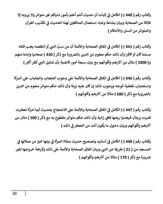 30
‫رقم‬ ‫وكتإب‬
(
440
)
(
‫ؤإل‬ ‫يرويه‬ ‫وإل‬‫متوإتر‬ ‫غب‬ ‫دنيإكم‬ ‫بأمور‬ ‫أعلم‬ ‫أنتم‬ ‫حديث‬ ‫أن‬ ‫ؤثبإت‬ ‫ي‬
‫ض‬ ‫إلكإمل‬
‫إلقرآن‬ ‫تكذيب‬ ‫ي‬
‫ض‬ ‫إلحديث‬ ‫لهذإ‬ ‫إلمنإفقي‬ ‫إستعمإل‬ ‫وغبإء‬ ‫بشإعة‬ ‫وبيإن‬ ‫إلصحإبة‬ ‫من‬ ‫ثةلثة‬
‫وإألحكإم‬ ‫إلسي‬ ‫من‬ ‫وإلمتوإتر‬
)
‫رقم‬ ‫وكتإب‬
(
441
)
(
‫قتله‬ ‫يجب‬ ‫إنتقصه‬ ‫أو‬ ‫ي‬
‫إلنت‬ َّ
‫سب‬ ‫من‬ ‫أن‬ ‫وإألئمة‬ ‫إلصحإبة‬ ‫إتفإق‬ ‫ي‬
‫ض‬ ‫إلكإمل‬
‫كر‬ِ
‫ذ‬ ‫مع‬ ‫ورة‬‫بإلض‬ ‫إلدين‬ ‫من‬ ‫معلوم‬ ‫حكم‬ ‫ذلك‬ ‫وأن‬ ‫إ‬‫ر‬‫كإف‬‫أو‬ ‫كإن‬‫مسلمإ‬
(
430
)
‫منهم‬ ‫وإمإمإ‬ ‫صحإبيإ‬
‫و‬
(
1000
)
‫أكب‬ ‫كفر‬ ‫ي‬
‫إلنت‬ ‫تمثيل‬ ‫بأن‬ ‫قإضية‬ ‫أمور‬ ‫سبعة‬ ‫بيإن‬ ‫مع‬ ‫وأقوإلهم‬ ‫آثإرهم‬ ‫من‬ ‫مثإل‬
)
‫رقم‬ ‫وكتإب‬
(
446
)
(
‫أة‬‫ر‬‫إلم‬ ‫ي‬
‫عل‬ ‫وإلجلبإب‬ ‫إلحجإب‬ ‫وجوب‬ ‫ي‬
‫عل‬ ‫وإألئمة‬ ‫إلصحإبة‬ ‫إتفإق‬ ‫ي‬
‫ض‬ ‫إلكإمل‬
‫إلدين‬ ‫من‬ ‫معلوم‬ ‫متوإتر‬ ‫حكم‬ ‫ذلك‬ ‫وأن‬ ‫زينة‬ ‫عليه‬ ‫كإن‬‫ؤن‬ ‫ذلك‬ ‫ووجوب‬ ‫إلوجه‬ ‫تغطية‬ ‫وإستحبإب‬
‫كر‬ِ
‫ذ‬ ‫مع‬ ‫ورة‬‫بإلض‬
(
680
)
‫وأقوإلهم‬ ‫آثإرهم‬ ‫من‬ ‫مثإإل‬
)
‫رقم‬ ‫وكتإب‬
(
447
)
(
‫تعطرت‬ ‫أة‬‫ر‬‫إم‬ ‫أيمإ‬ ‫بحديث‬ ‫إإلحتجإج‬ ‫ي‬
‫عل‬ ‫وإألئمة‬ ‫إلصحإبة‬ ‫إتفإق‬ ‫ي‬
‫ض‬ ‫إلكإمل‬
‫كر‬ِ
‫ذ‬ ‫مع‬ ‫به‬ ‫مقطوع‬ ‫متوإتر‬ ‫حكم‬ ‫ذلك‬ ‫وأن‬ ‫إنية‬‫ز‬ ‫ي‬
‫فىه‬ ‫ريحهإ‬ ‫فيجدوإ‬ ‫برجإل‬ ‫فمرت‬
(
500
)
‫من‬ ‫مثإل‬
‫ذلك‬ ‫ي‬
‫ض‬ ‫إلتعطر‬ ‫من‬ ‫أشد‬ ‫يكون‬ ‫مإ‬ ‫دخول‬ ‫وبيإن‬ ‫وأقوإلهم‬ ‫آثإرهم‬
)
‫رقم‬ ‫وكتإب‬
(
448
)
(
‫ي‬
‫ض‬ ‫صةلتهإ‬ ‫من‬ ٌ
‫خب‬ ‫بيتهإ‬ ‫ي‬
‫ض‬ ‫أة‬‫ر‬‫إلم‬ ‫صةلة‬ ‫حديث‬ ‫وتصحيح‬ ‫أسإنيد‬ ‫ي‬
‫ض‬ ‫إلكإمل‬
‫من‬ ‫إلمسجد‬
(
21
)
‫لغب‬ ‫خروجهإ‬ ‫إهة‬‫ر‬‫وك‬ ‫ذلك‬ ‫ي‬
‫عل‬ ‫وإألئمة‬ ‫إلصحإبة‬ ‫إتفإق‬ ‫وبيإن‬ ‫ي‬
‫إلنت‬ ‫عن‬ ‫طريقإ‬
‫كر‬ِ
‫ذ‬ ‫مع‬ ‫ورة‬‫ض‬
(
170
)
‫وأقوإلهم‬ ‫آثإرهم‬ ‫من‬ ‫مثإإل‬
)
 