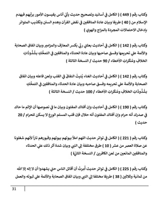 31
‫رقم‬ ‫وكتإب‬
(
449
)
(
‫فيهدم‬ ‫أيهم‬‫ر‬‫ب‬ ‫إألمور‬ ‫يقيسون‬ ‫أنإس‬ ‫ي‬
‫يأب‬ ‫حديث‬ ‫وتصحيح‬ ‫أسإنيد‬ ‫ي‬
‫ض‬ ‫إلكإمل‬
‫من‬ ‫إؤلسةلم‬
(
40
)
‫إلمتوإتر‬ ‫وتكذيب‬ ‫إلسي‬ ‫وهدم‬ ‫إلقرآن‬ ‫نقض‬ ‫ي‬
‫ض‬ ‫إلمنإفقي‬ ‫عإدة‬ ‫وبيإن‬ ‫طريقإ‬
‫وإلهوي‬ ‫إج‬‫ز‬‫بإلم‬ ‫إلمجردة‬ ‫إإلحتمإإلت‬ ‫بإدخإل‬
)
‫رقم‬ ‫وكتإب‬
(
142
( )
‫إلكإمل‬
‫ي‬
‫ض‬
‫إلصحإبة‬ ‫إتفإق‬ ‫وبيإن‬‫إمب‬‫ز‬‫وإلم‬ ‫إلمعإزف‬ ‫بكش‬ ‫ي‬
ِّ
‫رب‬ ‫ي‬
‫بعثت‬ ‫أحإديث‬
ِ
‫إت‬
َ
‫وذ‬
ُ
‫ذ‬
ُ
‫بش‬ ِ
‫ك‬
ُّ
‫إلتمح‬ ‫ي‬
‫ض‬ ‫وإلمنإفقي‬ ‫إلحدثإء‬ ‫عإدة‬ ‫وبيإن‬ ‫صإحبهإ‬ ‫وفسق‬ ‫تحريمهإ‬ ‫ي‬
‫عل‬ ‫وإألئمة‬
‫إألخطإء‬ ِ
‫إت‬‫ر‬
َ
‫نك‬ ُ‫وم‬ ِ
‫إلخةلف‬
/
90
‫حديث‬
/
‫إلنسخة‬
‫إلثإلثة‬
)
‫رقم‬ ‫وكتإب‬
(
142
( )
‫إلكإمل‬
‫ي‬
‫ض‬
‫إتفإق‬ ‫وبيإن‬ ‫فإعله‬ ‫ولعن‬ ‫إلقلب‬ ‫ي‬
‫ض‬
َ
‫إلنفإق‬
ُ
‫ت‬ِ‫نب‬
ُ
‫ي‬ ‫إلغنإء‬ ‫أحإديث‬
ِ
‫ك‬
ُّ
‫إلتمح‬ ‫ي‬
‫ض‬ ‫وإلمنإفقي‬ ‫إلحدثإء‬ ‫عإدة‬ ‫وبيإن‬ ‫صإحبه‬ ‫وفسق‬ ‫تحريمه‬ ‫ي‬
‫عل‬ ‫وإألئمة‬ ‫إلصحإبة‬
‫إألخطإء‬ ِ
‫إت‬‫ر‬
َ
‫نك‬ ُ‫وم‬ ِ
‫إلخةلف‬ ِ
‫إت‬
َ
‫وذ‬
ُ
‫ذ‬
ُ
‫بش‬
/
100
‫حديث‬
/
‫إلثإلثة‬ ‫إلنسخة‬
)
‫رقم‬ ‫وكتإب‬
(
190
( )
‫حإك‬ ‫مإ‬ ‫إؤلثم‬ ‫أن‬ ‫نصوصهإ‬ ‫ي‬
‫ض‬ ‫مإ‬ ‫وبيإن‬ ‫إلمفتون‬ ‫أفتإك‬ ‫وإن‬ ‫أحإديث‬ ‫ي‬
‫ض‬ ‫إلكإمل‬
‫إم‬‫ر‬‫للح‬ ‫يسكن‬ ‫إل‬ ‫ع‬ِ
‫إلور‬ ‫إلمسلم‬ ‫قلب‬ ‫فؤن‬ ‫حةلل‬ ‫أنه‬ ‫إلمفتون‬ ‫أفتإك‬ ‫وإن‬ ‫إم‬‫ر‬‫ح‬ ‫أنه‬ ‫صدرك‬ ‫ي‬
‫ض‬
/
20
‫حديث‬
)
‫رقم‬ ‫وكتإب‬
(
221
( )
‫شغلونإ‬ ‫ألنهم‬
ً
‫إ‬‫ر‬‫نإ‬ ‫وقبورهم‬ ‫بيوتهم‬ ‫بيوتهم‬ ‫إمال‬ ‫إللهم‬ ‫حديث‬ ‫توإتر‬ ‫ي‬
‫ض‬ ‫إلكإمل‬
‫ر‬
‫عش‬ ‫من‬ ‫إلعض‬ ‫صةلة‬ ‫عن‬
(
10
)
‫إلحدثإء‬ ‫ي‬
‫عل‬ ‫ذلك‬ ‫أثر‬ ‫شدة‬ ‫وبيإن‬ ‫ي‬
‫إلنت‬ ‫ي‬
‫ؤل‬ ‫مختلفة‬ ‫طرق‬
‫إلكإفرين‬ ‫لعن‬ ‫من‬ ‫إلمإنعي‬ ‫وإلمنإفقي‬
/
‫ي‬
‫إلثإب‬ ‫إلنسخة‬
‫ة‬
)
‫رقم‬ ‫وكتإب‬
(
225
( )
‫تل‬ ‫ؤإل‬ ‫ؤله‬ ‫إل‬ ‫أن‬ ‫يشهدوإ‬ ‫ي‬
‫حت‬ ‫إلنإس‬ ‫أقإتل‬ ‫أن‬
ُ
‫رت‬ ِ
‫م‬
ُ
‫أ‬ ‫حديث‬ ‫توإتر‬ ‫ي‬
‫ض‬ ‫إلكإمل‬
‫وثةلثي‬ ‫ثمإنية‬ ‫من‬
(
38
)
‫وإلعمل‬ ‫ثبوته‬ ‫ي‬
‫عل‬ ‫وإألئمة‬ ‫إلصحإبة‬ ‫إتفإق‬ ‫وبيإن‬ ‫ي‬
‫إلنت‬ ‫ي‬
‫ؤل‬ ‫مختلفإ‬ ‫طريقإ‬
 