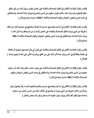 43
‫رقم‬ ‫وكتإب‬
(
551
)
(
‫منكم‬ ‫أي‬‫ر‬ ‫من‬ ‫تل‬ ‫رسول‬ ‫بقول‬ ‫إلعمل‬ ‫ي‬
‫عل‬ ‫وإألئمة‬ ‫إلصحإبة‬ ‫إتفإق‬ ‫ي‬
‫ض‬ ‫إلكإمل‬
‫وإلمنإفقي‬ ‫إلحدثإء‬ ‫عإدة‬ ‫وبيإن‬ ‫ورة‬‫بإلض‬ ‫إلدين‬ ‫من‬ ‫معلوم‬ ‫متوإتر‬ ‫حكم‬ ‫ذلك‬ ‫وأن‬ ‫بيده‬ ‫ه‬ ّ
‫فليغب‬ ‫إ‬‫ر‬‫منك‬
‫وإألئمة‬ ‫إلصحإبة‬ ‫وإتهإم‬‫إلمتوإتر‬ ‫ونقض‬ ‫إلدين‬ ‫هدم‬ ‫ي‬
‫ض‬
/
4500
‫وأثر‬ ‫وإجمإع‬ ‫حديث‬
)
‫رقم‬ ‫وكتإب‬
(
554
( )
‫من‬ ‫تل‬ ‫معصية‬ ‫ي‬
‫ض‬ ٍ
‫لمخلوق‬ ‫طإعة‬ ‫إل‬ ‫حديث‬ ‫وتصحيح‬ ‫أسإنيد‬ ‫ي‬
‫ض‬ ‫إلكإمل‬
(
49
)
‫بآيإت‬ ‫إلعمل‬ ‫ي‬
‫عل‬ ‫وإألئمة‬ ‫إلصحإبة‬ ‫إتفإق‬ ‫وبيإن‬ ‫ي‬
‫إلنت‬ ‫عن‬ ‫طريقإ‬
(
‫تل‬ ‫أنزل‬ ‫بمإ‬ ‫يحكم‬ ‫لم‬ ‫من‬
)
‫وإألئمة‬ ‫إلصحإبة‬ ‫وإتهإم‬‫إلمتوإتر‬ ‫ونقض‬ ‫إلدين‬ ‫هدم‬ ‫ي‬
‫ض‬ ‫وإلمنإفقي‬ ‫إلحدثإء‬ ‫عإدة‬ ‫وبيإن‬
/
400
‫ؤجمإع‬
‫وأثر‬
)
‫رقم‬ ‫وكتإب‬
(
557
)
(
‫قتةلنإ‬ ‫أن‬ ‫إشهدوإ‬ ‫إلصديق‬ ‫بكر‬ ‫ي‬
‫أب‬ ‫قول‬ ‫ي‬
‫عل‬ ‫وإألئمة‬ ‫إلصحإبة‬ ‫إتفإق‬ ‫ي‬
‫ض‬ ‫إلكإمل‬
‫بحإل‬ ‫يجوز‬ ‫إل‬ ‫تل‬ ‫ي‬
‫عل‬ ‫ي‬
‫إلتأل‬ ‫أن‬ ‫وزعم‬ ‫نإفق‬ ‫من‬ ‫ي‬
‫عل‬ ‫ذلك‬ ‫أثر‬ ‫شدة‬ ‫وبيإن‬‫إلنإر‬ ‫ي‬
‫ض‬ ‫وقتةلكم‬ ‫إلجنة‬ ‫ي‬
‫ض‬
/
60
‫أثر‬
)
‫رقم‬ ‫وكتإب‬
(
558
)
(
‫متوإتر‬ ‫أمر‬ ‫ذلك‬ ‫وأن‬‫إلقب‬ ‫عذإب‬ ‫ثبوت‬ ‫ي‬
‫عل‬ ‫وإألئمة‬ ‫إلصحإبة‬ ‫إتفإق‬ ‫ي‬
‫ض‬ ‫إلكإمل‬
‫وإتهإم‬‫إلمتوإتر‬ ‫ونقض‬ ‫إلدين‬ ‫هدم‬ ‫ي‬
‫ض‬ ‫وإلمنإفقي‬ ‫إلحدثإء‬ ‫عإدة‬ ‫وبيإن‬ ‫ورة‬‫بإلض‬ ‫إلدين‬ ‫من‬ ‫معلوم‬
‫وإألئمة‬ ‫إلصحإبة‬
/
600
‫وأثر‬ ‫وإجمإع‬ ‫حديث‬
)
‫رقم‬ ‫وكتإب‬
(
562
)
(
ٌ‫رجل‬
َّ
‫ن‬ َ
‫يخلو‬ ‫وإل‬ ‫بإلنسإء‬ ‫وإلخلوة‬ ‫ؤيإكم‬ ‫حديث‬ ‫وتصحيح‬ ‫أسإنيد‬ ‫ي‬
‫ض‬ ‫إلكإمل‬
‫من‬ ‫أة‬‫ر‬‫بإم‬
(
24
)
‫إستحل‬ ‫من‬ ‫كبإئر‬‫خمس‬ ‫من‬ ‫ذلك‬ ‫خةلف‬ ‫ي‬
‫ض‬ ‫يجتمع‬ ‫مإ‬ ‫وبيإن‬ ‫ي‬
‫إلنت‬ ‫عن‬ ‫طريقإ‬
‫بإلقتل‬ ‫إلمستحل‬ ‫وغب‬ ‫إلمستحل‬ ‫عقوبة‬‫جوإز‬ ‫وبيإن‬‫أكب‬ ‫إ‬‫ر‬‫كف‬‫يكفر‬ ‫منهإ‬ ‫وإحدة‬
)
 