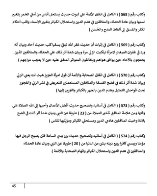 45
‫رقم‬ ‫وكتإب‬
(
568
)
(
‫بتغيب‬ ‫إلخمر‬ ‫ي‬
‫أمت‬ ‫من‬ ‫أنإس‬ ‫يستحل‬ ‫حديث‬ ‫ثبوت‬ ‫ي‬
‫عل‬ ‫إألئمة‬ ‫إتفإق‬ ‫ي‬
‫ض‬ ‫إلكإمل‬
‫أحكإم‬ ‫وقلب‬ ‫إألسمإء‬ ‫بتغيب‬ ‫إلكبإئر‬ ‫وإستحةلل‬ ‫إلدين‬ ‫هدم‬ ‫ي‬
‫ض‬ ‫وإلمنإفقي‬ ‫إلحدثإء‬ ‫عإدة‬ ‫وبيإن‬ ‫إسمهإ‬
‫سن‬
ُ
‫وإلح‬ ‫إلمدح‬ ‫ألفإظ‬ ‫ي‬
‫ؤل‬ ‫وإلفسق‬‫إلكفر‬
)
‫رقم‬ ‫وكتإب‬
(
569
)
(
‫أنه‬ ‫وبيإن‬ ‫آحإد‬ ‫حديث‬ ‫كلب‬‫بسقيإ‬ ٍّ
‫ي‬
‫لبص‬ ‫تل‬‫غفر‬ ‫حديث‬ ‫أن‬ ‫ؤثبإت‬ ‫ي‬
‫ض‬ ‫إلكإمل‬
‫إلذين‬ ‫وإلمنإفقي‬ ‫إلحدثإء‬ ‫ي‬
‫عل‬ ‫ذلك‬ ‫أثر‬ ‫شدة‬ ‫وبيإن‬ ‫مرة‬ ‫ي‬
‫إلزب‬ ‫إرتكبت‬ ‫أة‬‫ر‬‫إلم‬‫إلصغإئر‬ ‫إن‬‫ر‬‫غف‬ ‫ي‬
‫ض‬ ‫ورد‬
‫إجهم‬‫ز‬‫م‬ ‫يعجب‬ ‫إل‬ ‫حي‬ ‫عليه‬ ‫إلمتفق‬ ‫إلمتوإتر‬ ‫ويخإلفون‬ ‫هوإهم‬ ‫يوإفق‬ ‫حي‬ ‫بإآلحإد‬ ‫يحتجون‬
)
‫رقم‬ ‫وكتإب‬
(
570
)
(
‫ي‬
‫إلزب‬ ‫ي‬
‫يعت‬ ‫لك‬ ‫هيت‬ ‫إلعزيز‬ ‫أة‬‫ر‬‫إم‬ ‫قول‬ ‫أن‬ ‫وإألئمة‬ ‫إلصحإبة‬ ‫إتفإق‬ ‫ي‬
‫ض‬ ‫إلكإمل‬
‫وإلفجور‬ ‫ي‬
‫إلزب‬ ‫ر‬
‫نش‬ ‫ي‬
‫ض‬ ‫للتعريض‬ ‫إلمستعملي‬ ‫وإلمنإفقي‬ ‫إلفسقة‬ ‫فضح‬ ‫ي‬
‫ض‬ ‫ذلك‬ ‫أثر‬ ‫شدة‬ ‫وبيإن‬
‫ؤليهإ‬ ‫يي‬‫وإلب‬‫بإلكبإئر‬ ‫بإلجهر‬ ‫إلدين‬ ‫وهدم‬ ‫إلتمثيل‬ ‫فوإحش‬ ‫تحت‬
)
‫رقم‬ ‫وكتإب‬
(
573
)
(
‫ي‬
‫عل‬ ‫إلصةلة‬ ‫تل‬ ‫ي‬
‫ؤل‬ ‫وأحبهإ‬ ‫إألعمإل‬ ‫أفضل‬ ‫حديث‬ ‫وتصحيح‬ ‫أسإنيد‬ ‫ي‬
‫ض‬ ‫إلكإمل‬
‫من‬ ‫إلصةلة‬ ‫تأخب‬ ‫إلمنإفق‬ ‫عةلمة‬ ‫ومن‬ ‫وقتهإ‬
(
23
)
‫فضح‬ ‫ي‬
‫ض‬ ‫ذلك‬ ‫أثر‬ ‫شدة‬ ‫وبيإن‬ ‫ي‬
‫إلنت‬ ‫عن‬ ‫طريقإ‬
‫للنإس‬ ‫نيهإ‬
ِّ
‫ومزي‬‫إلكبإئر‬ ‫ي‬
‫ومستحل‬ ‫إلدين‬ ‫ي‬
‫هإدم‬ ‫إلمنإفقي‬ ‫وخبث‬ ‫بةلدة‬
)
‫رقم‬ ‫وكتإب‬
(
574
)
(
‫فيهإ‬ ‫إلرجل‬ ‫يصبح‬ ‫في‬ ‫إلسإعة‬ ‫يدي‬ ‫بي‬ ‫حديث‬ ‫وتصحيح‬ ‫أسإنيد‬ ‫ي‬
‫ض‬ ‫إلكإمل‬
‫من‬ ‫إلدنيإ‬ ‫من‬ ‫ئ‬ ‫ر‬
‫بد‬ ‫دينه‬ ‫يبيع‬ ‫إ‬‫ر‬‫كإف‬ ‫ي‬
‫ويمد‬ ‫مؤمنإ‬
(
20
)
‫إلحدثإء‬ ‫عإدة‬ ‫وبيإن‬ ‫ي‬
‫إلنت‬ ‫عن‬ ‫طريقإ‬
‫وإألئمة‬ ‫إلصحإبة‬ ‫وإتهإم‬‫إلكبإئر‬ ‫وإستحةلل‬ ‫إلدين‬ ‫هدم‬ ‫ي‬
‫ض‬ ‫وإلمنإفقي‬
)
 