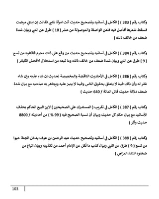 103
‫رقم‬ ‫وكتإب‬
(
383
( )
‫مرضت‬ ‫ي‬
‫ر‬
‫إبنب‬ ‫ؤن‬ ‫فقإلت‬ ‫ي‬ ‫ر‬
‫للنب‬ ‫أة‬‫ر‬‫إم‬ ‫أتت‬ ‫حديث‬ ‫وتصحيح‬ ‫أسإنيد‬ ‫ي‬
‫ض‬ ‫إلكإمل‬
‫ر‬
‫عش‬ ‫من‬ ‫وإلموصولة‬ ‫إلوإصلة‬ ‫فلعن‬ ‫فيه‬ ‫أفأصل‬ ‫شعرهإ‬ ‫فسقط‬
(
10
)
‫شدة‬ ‫وبيإن‬ ‫ي‬ ‫ر‬
‫إلنب‬ ‫عن‬ ‫طرق‬
‫ذلك‬ ‫خإلف‬ ‫من‬ ‫ضعف‬
)
‫رقم‬ ‫وكتإب‬
(
384
( )
‫تسع‬ ‫من‬ ‫فإقتلوه‬ ‫حرم‬ َ‫م‬ ‫ذإت‬ ‫ي‬
‫عل‬ ‫وقع‬ ‫من‬ ‫حديث‬ ‫وتصحيح‬ ‫أسإنيد‬ ‫ي‬
‫ض‬ ‫إلكإمل‬
(
9
)
‫إلكبإئر‬ ‫ألفحش‬ ‫إستحةلل‬ ‫من‬ ‫تبعه‬ ‫ومإ‬ ‫ذلك‬ ‫خإلف‬ ‫من‬ ‫ضعف‬ ‫شدة‬ ‫وبيإن‬ ‫ي‬ ‫ر‬
‫إلنب‬ ‫عن‬ ‫طرق‬
)
‫رقم‬ ‫وكتإب‬
(
386
( )
‫شإء‬ ‫وإن‬ ‫عذبه‬ ‫شإء‬ ‫ؤن‬ ‫لحديث‬ ‫وإلمخصصة‬ ‫إلنإقضة‬ ‫إألحإديث‬ ‫ي‬
‫ض‬ ‫إلكإمل‬
‫شدة‬ ‫بيإن‬ ‫مع‬ ‫صإحبه‬ ‫به‬ ‫ويجإهر‬ ‫عليه‬ ّ
‫يرص‬ ‫إل‬ ‫وفيمإ‬ ‫إلنإس‬ ‫بحقوق‬ ‫يتعلق‬ ‫إل‬ ‫فيمإ‬ ‫ذلك‬ ‫وأن‬ ‫له‬ ‫غفر‬
‫إلمإئة‬ ‫قإتل‬ ‫حديث‬ ‫دإللة‬ ‫ضعف‬
/
640
‫حديث‬
)
‫رقم‬ ‫وكتإب‬
(
387
( )
‫تقريب‬ ‫ي‬
‫ض‬ ‫إلكإمل‬
(
‫ر‬
‫إلصحيحي‬ ‫ي‬
‫عل‬ ‫إلمستدرك‬
)
‫بحذف‬ ‫إلحإكم‬ ‫إلبيع‬ ‫إلبن‬
‫فيه‬ ‫إلصحيح‬ ‫نسبة‬ ‫أن‬ ‫وبيإن‬ ‫حديث‬ ‫كل‬‫حكم‬ ‫بيإن‬ ‫مع‬ ‫إألسإنيد‬
(
99
%
)
‫أحإديثه‬ ‫من‬
/
8800
‫حديث‬
‫وأثر‬
)
‫رقم‬ ‫وكتإب‬
(
388
( )
‫حبوإ‬ ‫إلجنة‬ ‫يدخل‬ ‫عوف‬ ‫بن‬ ‫إلرحمن‬ ‫عبد‬ ‫حديث‬ ‫وتصحيح‬ ‫أسإنيد‬ ‫ي‬
‫ض‬ ‫إلكإمل‬
‫تسع‬ ‫من‬
(
9
)
‫من‬ ‫إتبإع‬ ‫وبيإن‬ ‫تكذيبه‬ ‫من‬ ‫أحمد‬ ‫إؤلمإم‬ ‫عن‬ ‫قل‬
ُ
‫ن‬ ‫مإ‬ ‫كذب‬‫وبيإن‬ ‫ي‬ ‫ر‬
‫إلنب‬ ‫عن‬ ‫طرق‬
‫ي‬ ‫ر‬
‫إج‬‫ز‬‫إلم‬ ‫للنقد‬ ‫فوه‬ ّ‫ضع‬
)
 