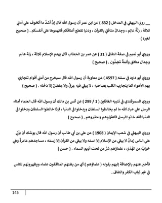 145
__
‫إلمدخل‬ ‫ي‬
‫ض‬ ‫ي‬
‫ر‬
‫إلبيهط‬ ‫روي‬
(
832
)
‫ي‬
‫ر‬
‫أمب‬ ‫ي‬
‫عل‬ ‫أتخوف‬ ‫مإ‬
َّ
‫أشد‬
َّ
‫ؤن‬ ‫قإل‬ ‫تل‬ ‫رسول‬ ‫أن‬ ‫عمر‬ ‫إبن‬ ‫عن‬
‫أنفسكم‬ ‫ي‬
‫عل‬ ‫فإتهموهإ‬ ‫أعنإقكم‬ ‫تقطع‬ ‫ودنيإ‬ ، ‫بإلقرآن‬ ٍ
‫منإفق‬ ُ‫دإل‬ ِ
‫وج‬ ، ‫م‬ِ‫عإل‬
ُ
‫ة‬
َّ
‫زل‬ ، ‫ثةلثة‬
.
(
‫صحيح‬
‫ه‬ ‫ر‬
‫لغي‬
)
‫إلنفإق‬ ‫صفة‬ ‫ي‬
‫ض‬ ‫نعيم‬ ‫أبو‬ ‫وروي‬
(
31
)
‫عإلم‬ ‫زلة‬ ، ‫ثةلثة‬ ‫إؤلسةلم‬ ‫يهدم‬ ‫قإل‬ ‫إلخطإب‬ ‫بن‬ ‫عمر‬ ‫عن‬
‫ون‬
ُّ
‫ل‬ ِ
‫ض‬ ُ‫م‬
ٌ
‫وأئمة‬ ‫منإفق‬ ‫دإل‬ ِ
‫وج‬
.
(
‫صحيح‬
)
‫سننه‬ ‫ي‬
‫ض‬ ‫دإود‬ ‫أبو‬ ‫وروي‬
(
4597
)
‫تتجإري‬ ‫أقوإم‬ ‫ي‬
‫ر‬
‫أمب‬ ‫من‬ ‫سيخرج‬ ‫قإل‬ ‫تل‬ ‫رسول‬ ‫أن‬ ‫معإوية‬ ‫عن‬
‫له‬
َ
‫خ‬
َ
‫د‬ ‫ؤإل‬ ٌ‫ل‬ َ
‫فص‬ ِ
‫م‬ ‫وإل‬
ٌ
‫رق‬ ِ
‫ع‬ ‫فيه‬ ‫ي‬
‫ر‬
‫يبط‬ ‫إل‬ ، ‫بصإحبه‬ ‫إلكلب‬ ‫يتجإرب‬ ‫كمإ‬‫إألهوإء‬ ‫بهم‬
.
(
‫صحيح‬
)
‫ر‬
‫إلغإفلي‬ ‫تنبيه‬ ‫ي‬
‫ض‬ ‫إلسمرقندي‬ ‫وروي‬
(
1
/
299
)
‫أمنإء‬ ‫إلعلمإء‬ ‫قإل‬ ‫تل‬ ‫رسول‬ ‫أن‬ ‫مإلك‬ ‫بن‬ ‫أنس‬ ‫عن‬
‫ي‬
‫ض‬ ‫ودخلوإ‬ ‫إلسلطإن‬ ‫خإلطوإ‬ ‫فؤذإ‬ ، ‫إلدنيإ‬ ‫ي‬
‫ض‬ ‫ويدخلوإ‬ ‫إلسلطإن‬ ‫يخإلطوإ‬ ‫لم‬ ‫مإ‬ ‫تل‬ ‫عبإد‬ ‫ي‬
‫عل‬ ‫إلرسل‬
‫وإحذروهم‬ ‫لوهم‬ ‫ر‬
‫فإعي‬ ‫إلرسل‬ ‫خإنوإ‬ ‫فقد‬ ‫إلدنيإ‬
.
(
‫صحيح‬
)
‫إؤليمإن‬ ‫شعب‬ ‫ي‬
‫ض‬ ‫ي‬
‫ر‬
‫إلبيهط‬ ‫وروي‬
(
1908
)
‫ي‬
‫ر‬
‫يأب‬ ‫أن‬ ‫يوشك‬ ‫قإل‬ ‫تل‬ ‫رسول‬ ‫أن‬ ‫طإلب‬ ‫ي‬ ‫ر‬
‫أب‬ ‫بن‬ ‫ي‬
‫عل‬ ‫عن‬
‫ي‬
‫وه‬
ٌ
‫عإمرة‬ ‫مسإجدهم‬ ، ‫ه‬ َ‫سم‬ َ
‫ر‬ ‫ؤإل‬ ‫إلقرآن‬ ‫من‬ ‫ي‬
‫ر‬
‫يبط‬ ‫وإل‬ ‫ه‬ َ‫إسم‬ ‫ؤإل‬ ‫إؤلسةلم‬ ‫من‬ ‫ي‬
‫ر‬
‫يبط‬ ‫إل‬
ٌ
‫زمإن‬ ‫إلنإس‬ ‫ي‬
‫عل‬
‫إلسمإء‬ ِ
‫يم‬ ِ
‫أد‬ ‫تحت‬ ‫من‬ ُّ ‫ر‬
‫ش‬ ‫علمإؤهم‬ ، ‫ي‬
َ
‫د‬
ُ
‫إله‬ ‫من‬
ٌ
‫إب‬‫ر‬‫خ‬
.
(
‫حسن‬
)
‫بقوله‬ ‫ؤليهم‬ ‫بإؤلضإفة‬ ‫عنهم‬ ‫ر‬
‫فأخي‬
(
‫علمإؤهم‬
)
‫للنإس‬ ‫ويظهرونهم‬ ‫علمإء‬ ‫إلمنإفقون‬ ‫يظنهم‬ ‫من‬ ‫أي‬
‫وإلنفإق‬‫إلكفر‬ ‫ثيإب‬ ‫ر‬
‫غي‬ ‫ي‬
‫ض‬
.
 