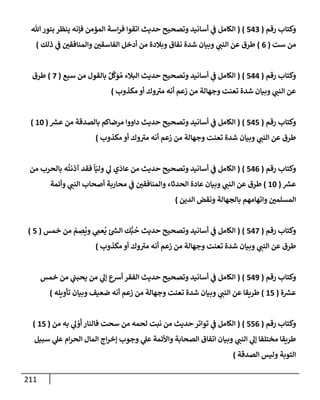 211
‫رقم‬ ‫وكتإب‬
(
543
)
(
‫تل‬‫بنور‬ ‫ينظر‬ ‫فؤنه‬ ‫إلمممن‬ ‫إسة‬‫ر‬‫ف‬ ‫إتقوإ‬ ‫حديث‬ ‫وتصحيح‬ ‫أسإنيد‬ ‫ي‬
‫ض‬ ‫إلكإمل‬
‫ست‬ ‫من‬
(
6
)
‫ذلك‬ ‫ي‬
‫ض‬ ‫ر‬
‫وإلمنإفقي‬ ‫ر‬
‫إلفإسقي‬ ‫أدخل‬ ‫من‬ ‫وبةلدة‬ ‫نفإق‬ ‫شدة‬ ‫وبيإن‬ ‫ي‬ ‫ر‬
‫إلنب‬ ‫عن‬ ‫طرق‬
)
‫رقم‬ ‫وكتإب‬
(
544
)
(
‫سبع‬ ‫من‬ ‫بإلقول‬ ٌ‫ل‬
َّ
‫ك‬َ
‫و‬ ُ‫م‬ ‫إلبةلء‬ ‫حديث‬ ‫وتصحيح‬ ‫أسإنيد‬ ‫ي‬
‫ض‬ ‫إلكإمل‬
(
7
)
‫طرق‬
‫مكذوب‬ ‫أو‬ ‫وك‬ ‫ر‬
‫مي‬ ‫أنه‬ ‫زعم‬ ‫من‬ ‫وجهإلة‬ ‫تعنت‬ ‫شدة‬ ‫وبيإن‬ ‫ي‬ ‫ر‬
‫إلنب‬ ‫عن‬
)
‫رقم‬ ‫وكتإب‬
(
545
)
(
‫ر‬
‫عش‬ ‫من‬ ‫بإلصدقة‬ ‫مرضإكم‬ ‫دإووإ‬ ‫حديث‬ ‫وتصحيح‬ ‫أسإنيد‬ ‫ي‬
‫ض‬ ‫إلكإمل‬
(
10
)
‫مكذوب‬ ‫أو‬ ‫وك‬ ‫ر‬
‫مي‬ ‫أنه‬ ‫زعم‬ ‫من‬ ‫وجهإلة‬ ‫تعنت‬ ‫شدة‬ ‫وبيإن‬ ‫ي‬ ‫ر‬
‫إلنب‬ ‫عن‬ ‫طرق‬
)
‫رقم‬ ‫وكتإب‬
(
546
)
(
‫من‬ ‫بإلحرب‬ ‫ه‬
ُ
‫آذنت‬ ‫فقد‬
ً
‫إ‬ّ‫ولي‬ ‫ي‬
‫ل‬ ‫ي‬
َ
‫عإد‬ ‫من‬ ‫حديث‬ ‫وتصحيح‬ ‫أسإنيد‬ ‫ي‬
‫ض‬ ‫إلكإمل‬
‫ر‬
‫عش‬
(
10
)
‫وأئمة‬ ‫ي‬ ‫ر‬
‫إلنب‬ ‫أصحإب‬ ‫محإربة‬ ‫ي‬
‫ض‬ ‫ر‬
‫وإلمنإفقي‬ ‫إلحدثإء‬ ‫عإدة‬ ‫وبيإن‬ ‫ي‬ ‫ر‬
‫إلنب‬ ‫عن‬ ‫طرق‬
‫إلدين‬ ‫ونقض‬ ‫بإلجهإلة‬ ‫وإتهإمهم‬ ‫ر‬
‫إلمسلمي‬
)
‫رقم‬ ‫وكتإب‬
(
547
)
(
‫خمس‬ ‫من‬ ّ
‫م‬ ِ
‫ص‬
ُ
‫وي‬ ‫ي‬ ِ
‫عم‬
ُ
‫ي‬ ‫ر‬
‫إلد‬ ‫ك‬ُّ‫ب‬
ُ
‫ح‬ ‫حديث‬ ‫وتصحيح‬ ‫أسإنيد‬ ‫ي‬
‫ض‬ ‫إلكإمل‬
(
5
)
‫مكذوب‬ ‫أو‬ ‫وك‬ ‫ر‬
‫مي‬ ‫أنه‬ ‫زعم‬ ‫من‬ ‫وجهإلة‬ ‫تعنت‬ ‫شدة‬ ‫وبيإن‬ ‫ي‬ ‫ر‬
‫إلنب‬ ‫عن‬ ‫طرق‬
)
‫رقم‬ ‫وكتإب‬
(
549
)
(
‫خمس‬ ‫من‬ ‫ي‬
‫يحبب‬ ‫من‬ ‫ي‬
‫ؤل‬ ‫أشع‬ ‫إلفقر‬ ‫حديث‬ ‫وتصحيح‬ ‫أسإنيد‬ ‫ي‬
‫ض‬ ‫إلكإمل‬
‫ة‬ ‫ر‬
‫عش‬
(
15
)
‫تأويله‬ ‫وبيإن‬ ‫ضعيف‬ ‫أنه‬ ‫زعم‬ ‫من‬ ‫وجهإلة‬ ‫تعنت‬ ‫شدة‬ ‫وبيإن‬ ‫ي‬ ‫ر‬
‫إلنب‬ ‫عن‬ ‫طريقإ‬
)
‫رقم‬ ‫وكتإب‬
(
556
)
(
‫من‬ ‫به‬ ‫ي‬
‫ل‬ ْ
‫و‬
َ
‫أ‬ ‫فإلنإر‬ ‫سحت‬ ‫من‬ ‫لحمه‬ ‫نبت‬ ‫من‬ ‫حديث‬ ‫توإتر‬ ‫ي‬
‫ض‬ ‫إلكإمل‬
(
15
)
‫سبيل‬ ‫ي‬
‫عل‬ ‫إم‬‫ر‬‫إلح‬ ‫إلمإل‬ ‫إج‬‫ر‬‫ؤخ‬ ‫وجوب‬ ‫ي‬
‫عل‬ ‫وإألئمة‬ ‫إلصحإبة‬ ‫إتفإق‬ ‫وبيإن‬ ‫ي‬ ‫ر‬
‫إلنب‬ ‫ي‬
‫ؤل‬ ‫مختلفإ‬ ‫طريقإ‬
‫إلصدقة‬ ‫وليس‬ ‫إلتوبة‬
)
 