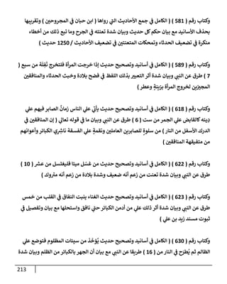 213
‫رقم‬ ‫وكتإب‬
(
581
)
(
‫روإهإ‬ ‫ي‬
‫ر‬
‫إلب‬ ‫إألحإديث‬ ‫جمع‬ ‫ي‬
‫ض‬ ‫إلكإمل‬
(
‫ر‬
‫إلمجروحي‬ ‫ي‬
‫ض‬ ‫حبإن‬ ‫إبن‬
)
‫وتقريبهإ‬
‫أخطإء‬ ‫من‬ ‫ذلك‬ ‫تبع‬ ‫ومإ‬ ‫إلجرح‬ ‫ي‬
‫ض‬ ‫تعنته‬ ‫شدة‬ ‫وبيإن‬ ‫حديث‬ ‫كل‬‫حكم‬ ‫بيإن‬ ‫مع‬ ‫إألسإنيد‬ ‫بحذف‬
‫إألحإديث‬ ‫تضعيف‬ ‫ي‬
‫ض‬ ‫ر‬
‫إلمتعنتي‬ ‫وتمحكإت‬ ‫إلحدثإء‬ ‫تضعيف‬ ‫ي‬
‫ض‬ ‫منكرة‬
/
1250
‫حديث‬
)
‫رقم‬ ‫وكتإب‬
(
589
)
(
‫سبع‬ ‫من‬ ‫ة‬
َ
‫ل‬ ِ
‫ف‬
َ
‫ت‬ ‫فلتخرج‬ ‫أة‬‫ر‬‫إلم‬ ‫خرجت‬ ‫ؤذإ‬ ‫حديث‬ ‫وتصحيح‬ ‫أسإنيد‬ ‫ي‬
‫ض‬ ‫إلكإمل‬
(
7
)
‫ر‬
‫وإلمنإفقي‬ ‫إلحدثإء‬ ‫وخبث‬ ‫بةلدة‬ ‫فضح‬ ‫ي‬
‫ض‬ ‫إللفظ‬ ‫بذلك‬ ‫ر‬
‫إلتعبي‬ ‫أثر‬ ‫شدة‬ ‫وبيإن‬ ‫ي‬ ‫ر‬
‫إلنب‬ ‫عن‬ ‫طرق‬
‫وعطر‬ ٍ
‫بزينة‬ ‫أة‬‫ر‬‫إلم‬ ‫لخروج‬ ‫ين‬ ‫ر‬
‫إلمجي‬
)
‫رقم‬ ‫وكتإب‬
(
618
)
(
‫ي‬
‫عل‬ ‫فيهم‬ ‫إلصإبر‬
ٌ
‫زمإن‬ ‫إلنإس‬ ‫ي‬
‫عل‬ ‫ي‬
‫ر‬
‫يأب‬ ‫حديث‬ ‫وتصحيح‬ ‫أسإنيد‬ ‫ي‬
‫ض‬ ‫إلكإمل‬
‫ست‬ ‫من‬ ‫إلجمر‬ ‫ي‬
‫عل‬ ‫كإلقإبض‬‫ينه‬ ِ
‫د‬
(
6
)
‫ي‬
‫تعإل‬ ‫قوله‬ ‫ي‬
‫ض‬ ‫مإ‬ ‫وبيإن‬ ‫ي‬ ‫ر‬
‫إلنب‬ ‫عن‬ ‫طرق‬
(
‫ي‬
‫ض‬ ‫ر‬
‫إلمنإفقي‬ ‫ؤن‬
‫إلنإر‬ ‫من‬ ‫إألسفل‬ ‫إلدرك‬
)
‫وأعوإنهم‬‫إلكبإئر‬ ‫ي‬ِ ِ
‫ر‬
‫نإش‬ ‫إلفسقة‬ ‫ي‬
‫عل‬ ٍ
‫ونقمة‬ ‫ر‬
‫إلعإملي‬ ‫للصإبرين‬ ٍ‫سلوة‬ ‫من‬
‫ر‬
‫إلمنإفقي‬ ‫متفيقهة‬ ‫من‬
)
‫رقم‬ ‫وكتإب‬
(
622
)
(
‫ر‬
‫عش‬ ‫من‬ ‫فليغتسل‬ ‫ميتإ‬ ‫ل‬ ّ
‫غس‬ ‫من‬ ‫حديث‬ ‫وتصحيح‬ ‫أسإنيد‬ ‫ي‬
‫ض‬ ‫إلكإمل‬
(
10
)
‫وك‬ ‫ر‬
‫مي‬ ‫أنه‬ ‫زعم‬ ‫من‬ ‫بةلدة‬ ‫وشدة‬ ‫ضعيف‬ ‫أنه‬ ‫زعم‬ ‫من‬ ‫تعنت‬ ‫شدة‬ ‫وبيإن‬ ‫ي‬ ‫ر‬
‫إلنب‬ ‫عن‬ ‫طرق‬
)
‫رقم‬ ‫وكتإب‬
(
623
)
(
‫خمس‬ ‫من‬ ‫إلقلب‬ ‫ي‬
‫ض‬ ‫إلنفإق‬ ‫ينبت‬ ‫إلغنإء‬ ‫حديث‬ ‫وتصحيح‬ ‫أسإنيد‬ ‫ي‬
‫ض‬ ‫إلكإمل‬
‫ي‬
‫ض‬ ‫وتفصيل‬ ‫بيإن‬ ‫مع‬ ‫وإستحلهإ‬ ‫نإفق‬ ‫ي‬
‫ر‬
‫حب‬ ‫إلكبإئر‬ ‫أدمن‬ ‫من‬ ‫ي‬
‫عل‬ ‫ذلك‬ ‫أثر‬ ‫شدة‬ ‫وبيإن‬ ‫ي‬ ‫ر‬
‫إلنب‬ ‫عن‬ ‫طرق‬
‫ي‬
‫عل‬ ‫بن‬ ‫زيد‬ ‫مسند‬ ‫ثبوت‬
)
‫رقم‬ ‫وكتإب‬
(
630
)
(
‫ي‬
‫عل‬ ‫فتوضع‬ ‫إلمظلوم‬ ‫سييإت‬ ‫من‬ ‫ذ‬
َ
‫مخ‬
ُ
‫ي‬ ‫حديث‬ ‫وتصحيح‬ ‫أسإنيد‬ ‫ي‬
‫ض‬ ‫إلكإمل‬
‫من‬ ‫إلنإر‬ ‫ي‬
‫ض‬ ‫ح‬َ
‫طر‬
ُ
‫ي‬ ‫ثم‬ ‫إلظإلم‬
(
16
)
‫شدة‬ ‫وبيإن‬ ‫إلظلم‬ ‫من‬ ‫بإلكبإئر‬ ‫إلجهر‬ ‫أن‬ ‫بيإن‬ ‫مع‬ ‫ي‬ ‫ر‬
‫إلنب‬ ‫عن‬ ‫طريقإ‬
 