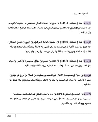 218
__
‫إلحديث‬ ‫أسإنيد‬
:
1
_
‫روإه‬
‫مسنده‬ ‫ي‬
‫ض‬ ‫أحمد‬
(
23910
)
‫عن‬ ‫إألزدي‬ ‫ميمون‬ ‫بن‬ ‫مهدي‬ ‫عن‬ ‫ي‬
‫إلبجل‬ ‫ؤسحإق‬ ‫بن‬ ‫ي‬ ‫ر‬
‫يحب‬ ‫عن‬
‫عإئشة‬ ‫عن‬ ‫ي‬
‫إلتيم‬ ‫بن‬ ‫إلقإسم‬ ‫عن‬ ‫إألنصإري‬ ‫سإلم‬ ‫بن‬ ‫عمرو‬
.
‫ثقإت‬ ‫ورجإله‬ ‫صحيح‬ ‫ؤسنإد‬ ‫وهذإ‬
‫فيه‬ ‫علة‬ ‫وإل‬
.
2
_
‫روإه‬
‫مسنده‬ ‫ي‬
‫ض‬ ‫أحمد‬
(
23901
)
‫إلسعدي‬ ‫صبيح‬ ‫بن‬ ‫إلربيع‬ ‫عن‬ ‫إلجوهري‬ ‫إلوليد‬ ‫بن‬ ‫خلف‬ ‫عن‬
‫عإئشة‬ ‫عن‬ ‫ي‬
‫إلتيم‬ ‫بن‬ ‫إلقإسم‬ ‫عن‬ ‫إألنصإري‬ ‫سإلم‬ ‫بن‬ ‫عمرو‬ ‫عن‬
.
‫ورجإله‬ ‫صحيح‬ ‫ؤسنإد‬ ‫وهذإ‬
‫يتفرد‬ ‫ولم‬ ‫بحإل‬ ‫إلصدوق‬ ‫عن‬ ‫يقل‬ ‫وإل‬ ‫ثقة‬ ‫إلسعدي‬ ‫وإلربيع‬ ‫فيه‬ ‫علة‬ ‫وإل‬ ‫ثقإت‬
.
3
_
‫روإه‬
‫مسنده‬ ‫ي‬
‫ض‬ ‫أحمد‬
(
24470
)
‫سإلم‬ ‫بن‬ ‫عمرو‬ ‫عن‬ ‫ميمون‬ ‫بن‬ ‫مهدي‬ ‫عن‬ ‫مسلم‬ ‫بن‬ ‫عفإن‬ ‫عن‬
‫عإئشة‬ ‫عن‬ ‫بن‬ ‫إلقإسم‬ ‫عن‬
.
‫فيه‬ ‫علة‬ ‫وإل‬ ‫ثقإت‬ ‫ورجإله‬ ‫صحيح‬ ‫ؤسنإد‬ ‫وهذإ‬
.
4
_
‫روإه‬
‫صحيحه‬ ‫ي‬
‫ض‬ ‫حبإن‬ ‫إبن‬
(
5498
)
‫ر‬
‫مهديي‬ ‫عن‬ ‫فروخ‬ ‫بن‬ ‫شيبإن‬ ‫عن‬ ‫سفيإن‬ ‫بن‬ ‫إلحسن‬ ‫عن‬
‫عإئشة‬ ‫عن‬ ‫بن‬ ‫إلقإسم‬ ‫عن‬ ‫سإلم‬ ‫بن‬ ‫عمرو‬ ‫عن‬ ‫ميمون‬
.
‫وإل‬ ‫ثقإت‬ ‫ورجإله‬ ‫صحيح‬ ‫ؤسنإد‬ ‫وهذإ‬
‫فيه‬ ‫علة‬
.
5
_
‫روإه‬
‫ي‬
‫ر‬
‫إلمنتط‬ ‫ي‬
‫ض‬ ‫إلجإرود‬ ‫إبن‬
(
838
)
‫عن‬ ‫مخلد‬ ‫بن‬ ‫إلضحإك‬ ‫عن‬ ‫ي‬
‫إلذهل‬ ‫ي‬ ‫ر‬
‫يحب‬ ‫بن‬ ‫عن‬
‫عإئشة‬ ‫عن‬ ‫ي‬
‫إلتيم‬ ‫بن‬ ‫إلقإسم‬ ‫عن‬ ‫إألنصإري‬ ‫سإلم‬ ‫بن‬ ‫عمرو‬ ‫عن‬ ‫ميمون‬ ‫ر‬
‫مهديي‬
.
‫ؤسنإد‬ ‫وهذإ‬
‫فيه‬ ‫علة‬ ‫وإل‬ ‫ثقإت‬ ‫ورجإله‬ ‫صحيح‬
.
 