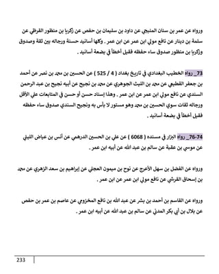 233
‫عن‬ ‫ي‬
‫إلقرز‬ ‫منظور‬ ‫بن‬ ‫كريإ‬
‫ز‬ ‫عن‬ ‫حفص‬ ‫بن‬ ‫سليمإن‬ ‫بن‬ ‫دإود‬ ‫عن‬ ‫ي‬ ‫ر‬
‫إلمنبح‬ ‫سنإن‬ ‫بن‬ ‫عمر‬ ‫عن‬ ‫وروإه‬
‫عمر‬ ‫إبن‬ ‫عن‬‫عمر‬ ‫إبن‬ ‫ي‬
‫مول‬ ‫نإفع‬ ‫عن‬‫دينإر‬ ‫بن‬ ‫سلمة‬
.
‫وصدوق‬ ‫ثقة‬ ‫ر‬
‫بي‬ ‫ورجإله‬ ‫حسنة‬ ‫أسإنيد‬ ‫وكلهإ‬
‫أسإنيد‬ ‫بضعة‬ ‫ي‬
‫ض‬ ‫أخطأ‬ ‫فقيل‬ ‫حفظه‬ ‫سإء‬ ‫صدوق‬ ‫منظور‬ ‫بن‬ ‫كريإ‬
‫وز‬
.
73
_
‫روإه‬
‫بغدإد‬ ‫خ‬ ‫تإري‬ ‫ي‬
‫ض‬ ‫إلبغدإدي‬ ‫إلخطيب‬
(
4
/
525
)
‫أحمد‬ ‫عن‬‫نرص‬ ‫بن‬ ‫بن‬ ‫ر‬
‫إلحسي‬ ‫عن‬
‫إلرحمن‬ ‫عبد‬ ‫بن‬ ‫نجيح‬ ‫أبيه‬ ‫عن‬ ‫نجيح‬ ‫بن‬ ‫عن‬ ‫إلجوهري‬ ‫إلليث‬ ‫بن‬ ‫عن‬ ‫ي‬
‫إلقطيص‬ ‫جعفر‬ ‫بن‬
‫عمر‬ ‫إبن‬ ‫عن‬‫عمر‬ ‫إبن‬ ‫ي‬
‫مول‬ ‫نإفع‬ ‫عن‬ ‫إلسندي‬
.
‫إألقل‬ ‫ي‬
‫عل‬ ‫إلمتإبعإت‬ ‫ي‬
‫ض‬ ‫حسن‬ ‫أو‬ ‫حسن‬ ‫ؤسنإد‬ ‫وهذإ‬
‫حفظه‬ ‫سإء‬ ‫صدوق‬ ‫إلسندي‬ ‫ونجيح‬ ‫به‬ ‫بأس‬ ‫إل‬‫مستور‬ ‫وهو‬ ‫بن‬ ‫ر‬
‫إلحسي‬ ‫سوي‬ ‫ثقإت‬ ‫ورجإله‬
‫أسإنيد‬ ‫بضعة‬ ‫ي‬
‫ض‬ ‫أخطأ‬ ‫فقيل‬
.
74
-
76
_
‫روإه‬
‫مسنده‬ ‫ي‬
‫ض‬ ‫إر‬ ‫ر‬
‫إلي‬
(
6068
)
‫ي‬
‫ر‬
‫إلليب‬ ‫عيإض‬ ‫بن‬ ‫أنس‬ ‫عن‬ ‫ي‬
‫إلدرهم‬ ‫ر‬
‫إلحسي‬ ‫بن‬ ‫ي‬
‫عل‬ ‫عن‬
‫عمر‬ ‫إبن‬ ‫أبيه‬ ‫عن‬ ‫تل‬ ‫عبد‬ ‫بن‬ ‫سإلم‬ ‫عن‬ ‫عقبة‬ ‫بن‬ ‫ي‬
‫موخ‬ ‫عن‬
.
‫عن‬ ‫إلزهري‬ ‫سعد‬ ‫بن‬ ‫إهيم‬‫ر‬‫ؤب‬ ‫عن‬ ‫ي‬
‫إلعجل‬ ‫ميمون‬ ‫بن‬ ‫نوح‬ ‫عن‬ ‫إألعرج‬ ‫سهل‬ ‫بن‬ ‫إلفضل‬ ‫عن‬ ‫وروإه‬
‫عمر‬ ‫إبن‬ ‫عن‬‫عمر‬ ‫إبن‬ ‫ي‬
‫مول‬ ‫نإفع‬ ‫عن‬ ‫ي‬
‫ر‬
‫إلقرخ‬ ‫ؤسحإق‬ ‫بن‬
.
‫حفص‬ ‫بن‬ ‫عمر‬ ‫بن‬ ‫عإصم‬ ‫عن‬ ‫ي‬
‫إلمخزوم‬ ‫نإفع‬ ‫بن‬ ‫تل‬ ‫عبد‬ ‫عن‬ ‫ر‬
‫بش‬ ‫بن‬ ‫أحمد‬ ‫بن‬ ‫إلقإسم‬ ‫عن‬ ‫وروإه‬
‫عمر‬ ‫إبن‬ ‫أبيه‬ ‫عن‬ ‫تل‬ ‫عبد‬ ‫بن‬ ‫سإلم‬ ‫عن‬ ‫ي‬
‫إلمدب‬ ‫بكر‬ ‫ي‬ ‫ر‬
‫أب‬ ‫بن‬ ‫بةلل‬ ‫عن‬
.
 