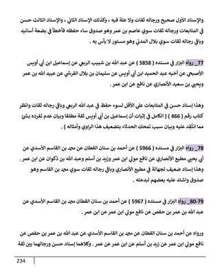 234
‫حسن‬ ‫إلثإلث‬ ‫وإؤلسنإد‬ ، ‫ي‬
‫إلثإب‬ ‫إؤلسنإد‬ ‫وكذلك‬ ، ‫فيه‬ ‫علة‬ ‫وإل‬ ‫ثقإت‬ ‫ورجإله‬ ‫صحيح‬ ‫إألول‬ ‫وإؤلسنإد‬
‫أسإنيد‬ ‫بضعة‬ ‫ي‬
‫ض‬ ‫فأخطأ‬ ‫حفظه‬ ‫سإء‬ ‫صدوق‬ ‫وهو‬‫عمر‬ ‫بن‬ ‫عإصم‬ ‫سوي‬ ‫ثقإت‬ ‫ورجإله‬ ‫إلمتإبعإت‬ ‫ي‬
‫ض‬
‫به‬ ‫بأس‬ ‫إل‬‫مستور‬ ‫وهو‬ ‫ي‬
‫إلمدب‬ ‫بةلل‬ ‫سوي‬ ‫ثقإت‬ ‫رجإله‬ ‫ي‬
‫ر‬
‫وبإض‬
.
77
_
‫روإه‬
‫مسنده‬ ‫ي‬
‫ض‬ ‫إر‬ ‫ر‬
‫إلي‬
(
5858
)
‫أويس‬ ‫ي‬ ‫ر‬
‫أب‬ ‫إبن‬ ‫ؤسمإعيل‬ ‫عن‬ ‫ي‬
‫إلربص‬ ‫شبيب‬ ‫بن‬ ‫تل‬ ‫عبد‬ ‫عن‬
‫عمر‬ ‫بن‬ ‫تل‬ ‫عبيد‬ ‫عن‬ ‫ي‬
‫ر‬
‫إلقرخ‬ ‫بةلل‬ ‫بن‬ ‫سليمإن‬ ‫عن‬ ‫أويس‬ ‫ي‬ ‫ر‬
‫أب‬ ‫إبن‬ ‫إلحميد‬ ‫عبد‬ ‫أخيه‬ ‫عن‬ ‫ي‬
‫إألصبح‬
‫عمر‬ ‫إبن‬ ‫عن‬ ‫نإفع‬ ‫عن‬ ‫إألنصإري‬ ‫سعيد‬ ‫بن‬ ‫ي‬ ‫ر‬
‫ويحب‬
.
‫وإنظر‬ ‫ثقإت‬ ‫رجإله‬ ‫ي‬
‫ر‬
‫وبإض‬ ‫ي‬
‫إلربص‬ ‫تل‬ ‫عبد‬ ‫ي‬
‫ض‬ ‫حفظ‬ ‫لسوء‬ ‫إألقل‬ ‫ي‬
‫عل‬ ‫إلمتإبعإت‬ ‫ي‬
‫ض‬ ‫حسن‬ ‫ؤسنإد‬ ‫وهذإ‬
‫رقم‬ ‫كتإب‬
(
466
)
(
‫ر‬
‫بد‬ ‫تفرده‬ ‫عدم‬ ‫وبيإن‬ ‫مطلقإ‬ ‫ثقة‬ ‫أويس‬ ‫ي‬ ‫ر‬
‫أب‬ ‫بن‬ ‫ؤسمإعيل‬ ‫أن‬ ‫ؤثبإت‬ ‫ي‬
‫ض‬ ‫إلكإمل‬
‫وأمثإله‬ ‫إوي‬‫ر‬‫إل‬ ‫هذإ‬ ‫بتضعيف‬ ‫إلحدثإء‬ ‫تمحك‬ ‫سبب‬ ‫وبيإن‬ ‫عليه‬ ‫د‬ ِ
‫ق‬
ُ
‫إنت‬ ‫ممإ‬
)
.
78
_
‫روإه‬
‫مسنده‬ ‫ي‬
‫ض‬ ‫إر‬ ‫ر‬
‫إلي‬
(
5966
)
‫عن‬ ‫إألسدي‬ ‫إلقإسم‬ ‫بن‬ ‫عن‬ ‫إلقطإن‬ ‫سنإن‬ ‫بن‬ ‫أحمد‬ ‫عن‬
‫عمر‬ ‫إبن‬ ‫عن‬ ‫ذكوإن‬ ‫بن‬ ‫تل‬ ‫وعبد‬ ‫أسلم‬ ‫بن‬ ‫وزيد‬‫عمر‬ ‫إبن‬ ‫ي‬
‫مول‬ ‫نإفع‬ ‫عن‬ ‫إألنصإري‬ ‫مطيع‬ ‫ي‬ ‫ر‬
‫يحب‬ ‫ي‬ ‫ر‬
‫أب‬
.
‫وهو‬ ‫إلقإسم‬ ‫بن‬ ‫سوي‬ ‫ثقإت‬ ‫رجإله‬ ‫ي‬
‫ر‬
‫وبإض‬ ‫إألنصإري‬ ‫مطيع‬ ‫ي‬
‫ض‬ ‫لجهإلة‬ ‫ضعيف‬ ‫ؤسنإد‬ ‫وهذإ‬
‫لبدعته‬ ‫بعضهم‬ ‫عليه‬ ‫وإشتد‬ ‫صدوق‬
.
79
-
80
_
‫روإه‬
‫مسنده‬ ‫ي‬
‫ض‬ ‫إر‬ ‫ر‬
‫إلي‬
(
5967
)
‫عن‬ ‫إألسدي‬ ‫إلقإسم‬ ‫بن‬ ‫إلقطإن‬ ‫سنإن‬ ‫بن‬ ‫أحمد‬ ‫عن‬
‫عمر‬ ‫إبن‬ ‫عن‬‫عمر‬ ‫إبن‬ ‫ي‬
‫مول‬ ‫نإفع‬ ‫عن‬ ‫حفص‬ ‫بن‬ ‫عمر‬ ‫بن‬ ‫تل‬ ‫عبد‬
.
‫عن‬ ‫حفص‬ ‫بن‬ ‫عمر‬ ‫بن‬ ‫تل‬ ‫عبد‬ ‫عن‬ ‫إألسدي‬ ‫إلقإسم‬ ‫بن‬ ‫عن‬ ‫إلقطإن‬ ‫سنإن‬ ‫بن‬ ‫أحمد‬ ‫عن‬ ‫وروإه‬
‫عمر‬ ‫عن‬‫عمر‬ ‫إبن‬ ‫عن‬ ‫أسلم‬ ‫بن‬ ‫زيد‬ ‫عن‬‫عمر‬ ‫إبن‬ ‫ي‬
‫مول‬ ‫نإفع‬
.
‫ثقة‬ ‫ر‬
‫بي‬ ‫ورجإلهمإ‬ ‫حسن‬ ‫ؤسنإد‬ ‫وكةلهمإ‬
 