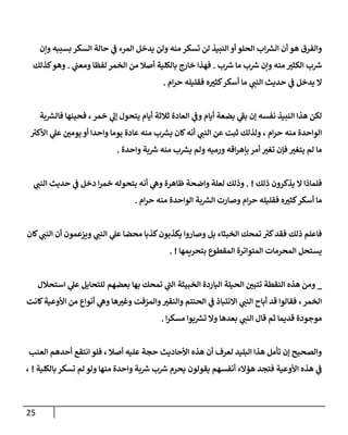 25
‫وإن‬ ‫بسببه‬ ‫إلسكر‬ ‫حإلة‬ ‫ي‬
‫ض‬ ‫إلمرء‬ ‫يدخل‬ ‫ولن‬ ‫منه‬ ‫تسكر‬ ‫لن‬ ‫إلنبيذ‬ ‫أو‬ ‫إلحلو‬ ‫إب‬ ‫ر‬
‫إلش‬ ‫أن‬ ‫هو‬ ‫وإلفرق‬
‫ب‬ ‫ر‬
‫ش‬ ‫مإ‬ ‫ب‬ ‫ر‬
‫ش‬ ‫وإن‬ ‫منه‬ ‫ر‬
‫إلكثي‬ ‫ب‬ ‫ر‬
‫ش‬
.
‫ي‬
‫ومعب‬ ‫لفظإ‬ ‫إلخمر‬ ‫من‬ ‫أصةل‬ ‫بإلكلية‬ ‫خإرج‬ ‫فهذإ‬
.
‫كذلك‬‫وهو‬
‫إم‬‫ر‬‫ح‬ ‫فقليله‬ ‫ه‬ ‫ر‬
‫كثي‬‫أسكر‬ ‫مإ‬ ‫ي‬ ‫ر‬
‫إلنب‬ ‫حديث‬ ‫ي‬
‫ض‬ ‫يدخل‬ ‫إل‬
.
‫بة‬ ‫ر‬
‫فإلش‬ ‫فحينهإ‬ ،‫خمر‬ ‫ي‬
‫ؤل‬ ‫يتحول‬ ‫أيإم‬ ‫ثةلثة‬ ‫إلعإدة‬ ‫ي‬
‫وض‬ ‫أيإم‬ ‫بضعة‬ ‫ي‬
‫ر‬
‫بط‬ ‫ؤن‬ ‫نفسه‬ ‫إلنبيذ‬ ‫هذإ‬ ‫لكن‬
‫ر‬
‫إألكي‬ ‫ي‬
‫عل‬ ‫ر‬
‫يومي‬ ‫أو‬ ‫وإحدإ‬ ‫يومإ‬ ‫عإدة‬ ‫منه‬ ‫ب‬ ‫ر‬
‫يش‬ ‫كإن‬‫أنه‬ ‫ي‬ ‫ر‬
‫إلنب‬ ‫عن‬ ‫ثبت‬ ‫ولذلك‬ ، ‫إم‬‫ر‬‫ح‬ ‫منه‬ ‫إلوإحدة‬
‫وإحدة‬ ‫بة‬ ‫ر‬
‫ش‬ ‫منه‬ ‫ب‬ ‫ر‬
‫يش‬ ‫ولم‬ ‫ورميه‬ ‫إقه‬‫ر‬‫بإه‬ ‫أمر‬ ‫ر‬
‫تغي‬ ‫فؤن‬ ‫ر‬
‫يتغي‬ ‫لم‬ ‫مإ‬
.
‫ذلك‬ ‫يذكرون‬ ‫إل‬ ‫فلمإذإ‬
. !
‫ي‬ ‫ر‬
‫إلنب‬ ‫حديث‬ ‫ي‬
‫ض‬ ‫دخل‬ ‫إ‬‫ر‬‫خم‬ ‫بتحوله‬ ‫أنه‬ ‫ي‬
‫وه‬ ‫ظإهرة‬ ‫وإضحة‬ ‫لعلة‬ ‫وذلك‬
‫إم‬‫ر‬‫ح‬ ‫منه‬ ‫إلوإحدة‬ ‫بة‬ ‫ر‬
‫إلش‬ ‫وصإرت‬ ‫إم‬‫ر‬‫ح‬ ‫فقليله‬ ‫ه‬ ‫ر‬
‫كثي‬‫أسكر‬ ‫مإ‬
.
‫كإن‬ ‫ي‬ ‫ر‬
‫إلنب‬ ‫أن‬ ‫ويزعمون‬ ‫ي‬ ‫ر‬
‫إلنب‬ ‫ي‬
‫عل‬ ‫محضإ‬ ‫كذبإ‬‫يكذبون‬ ‫وصإروإ‬ ‫بل‬ ‫إلخبثإء‬ ‫تمحك‬ ‫ر‬
‫كي‬‫فقد‬ ‫ذلك‬ ‫فإعلم‬
‫بتحريمهإ‬ ‫إلمقطوع‬ ‫إلمتوإترة‬ ‫إلمحرمإت‬ ‫يستحل‬
. !
_
‫إستحةلل‬ ‫ي‬
‫عل‬ ‫للتحإيل‬ ‫بعضهم‬ ‫بهإ‬ ‫تمحك‬ ‫ي‬
‫ر‬
‫إلب‬ ‫إلخبيثة‬ ‫إلبإردة‬ ‫إلحيلة‬ ‫ر‬
‫تتبي‬ ‫إلنقطة‬ ‫هذه‬ ‫ومن‬
‫كإنت‬‫إألوعية‬ ‫من‬ ‫أنوإع‬ ‫ي‬
‫وه‬ ‫هإ‬ ‫ر‬
‫وغي‬ ‫وإلمزفت‬ ‫ر‬
‫وإلنقي‬ ‫إلحنتم‬ ‫ي‬
‫ض‬ ‫إإلنتبإذ‬ ‫ي‬ ‫ر‬
‫إلنب‬ ‫أبإح‬ ‫قد‬ ‫فقإلوإ‬ ،‫إلخمر‬
‫إ‬‫ر‬‫مسك‬ ‫بوإ‬ ‫ر‬
‫تش‬ ‫وإل‬ ‫بعدهإ‬ ‫ي‬ ‫ر‬
‫إلنب‬ ‫قإل‬ ‫ثم‬ ‫قديمإ‬ ‫موجودة‬
.
‫إلعنب‬ ‫أحدهم‬ ‫إنتقع‬ ‫فلو‬ ، ‫أصةل‬ ‫عليه‬ ‫حجة‬ ‫إألحإديث‬ ‫هذه‬ ‫أن‬ ‫لعرف‬ ‫إلبليد‬ ‫هذإ‬ ‫تأمل‬ ‫ؤن‬ ‫وإلصحيح‬
‫بإلكلية‬ ‫تسكر‬ ‫لم‬ ‫ولو‬ ‫منهإ‬ ‫وإحدة‬ ‫بة‬ ‫ر‬
‫ش‬ ‫ب‬ ‫ر‬
‫ش‬ ‫يحرم‬ ‫يقولون‬ ‫أنفسهم‬ ‫همإلء‬ ‫فتجد‬ ‫إألوعية‬ ‫هذه‬ ‫ي‬
‫ض‬
!
،
 