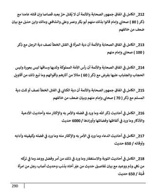 290
212
_
‫مع‬ ‫عإمدإ‬ ‫قتله‬ ‫وإن‬ ‫قصإصإ‬ ‫بعبد‬ ٌ
‫حر‬ ‫قتل‬
ُ
‫ي‬ ‫إل‬ ‫أن‬ ‫وإألئمة‬ ‫إلصحإبة‬ ‫جمهور‬ ‫إتفإق‬ ‫ي‬
‫ض‬ ‫إلكإمل‬
‫كر‬ِ
‫ذ‬
(
80
)
‫بيإن‬ ‫مع‬ ‫حنبل‬ ‫وإبن‬ ‫ومإلك‬ ‫ي‬
‫وإلشإفص‬ ‫ي‬
‫وعل‬‫وعمر‬‫بكر‬ ‫أبو‬ ‫منهم‬ ‫بذلك‬ ‫قإلوإ‬ ‫وإمإم‬ ‫ي‬ ‫ر‬
‫صحإب‬
‫خإلفهم‬ ‫من‬ ‫ضعف‬
213
_
‫كر‬ِ
‫ذ‬ ‫مع‬ ‫إلرجل‬ ‫دية‬ ‫نصف‬ ‫إلخطأ‬ ‫إلقتل‬ ‫ي‬
‫ض‬ ‫أة‬‫ر‬‫إلم‬ ‫دية‬ ‫أن‬ ‫وإألئمة‬ ‫إلصحإبة‬ ‫إتفإق‬ ‫ي‬
‫ض‬ ‫إلكإمل‬
(
100
)
‫منهم‬ ‫وإمإم‬ ‫ي‬ ‫ر‬
‫صحإب‬
214
_
‫وليس‬ ‫بعورة‬ ‫ليس‬ ‫وسإقهإ‬ ‫وثديهإ‬ ‫إلمملوكة‬ ‫ة‬ َ‫إألم‬ ‫أس‬‫ر‬ ‫أن‬ ‫وإألئمة‬ ‫إلصحإبة‬ ‫إتفإق‬ ‫ي‬
‫ض‬ ‫إلكإمل‬
‫كر‬ِ
‫ذ‬ ‫مع‬ ‫بفرض‬ ‫عليهإ‬ ‫وإلجلبإب‬ ‫إلحجإب‬
(
60
)
‫أقإويل‬ ‫من‬ ‫ذلك‬ ‫تبع‬ ‫ومإ‬ ‫وأقوإلهم‬ ‫آثإرهم‬ ‫من‬ ‫مثإإل‬
215
_
‫دية‬ ‫ثلث‬ ‫أو‬ ‫نصف‬ ‫إلخطأ‬ ‫إلقتل‬ ‫ي‬
‫ض‬ ‫ي‬ ‫ر‬
‫إلكتإب‬ ‫دية‬ ‫أن‬ ‫وإألئمة‬ ‫إلصحإبة‬ ‫جمهور‬ ‫إتفإق‬ ‫ي‬
‫ض‬ ‫إلكإمل‬
‫كر‬ِ
‫ذ‬ ‫مع‬ ‫إلمسلم‬
(
70
)
‫خإلفهم‬ ‫من‬ ‫ضعف‬ ‫وبيإن‬ ‫منهم‬ ‫وإمإم‬ ‫ي‬ ‫ر‬
‫صحإب‬
216
_
‫إألدعية‬ ‫وأحإديث‬ ‫منه‬ ‫وإؤلكثإر‬ ‫به‬ ‫وإألمر‬ ‫فضله‬ ‫ي‬
‫ض‬ ‫ورد‬ ‫ومإ‬ ‫تل‬‫كر‬ِ
‫ذ‬ ‫أحإديث‬ ‫ي‬
‫ض‬ ‫إلكإمل‬
‫إدهإ‬‫ر‬‫وأو‬ ‫وفضإئلهإ‬ ‫ألفإظهإ‬ ‫ي‬
‫ض‬ ‫ورد‬ ‫ومإ‬‫وإألذكإر‬
/
6000
‫حديث‬
217
_
‫وآدإبه‬ ‫وكيفيته‬ ‫فضله‬ ‫ي‬
‫ض‬ ‫ورد‬ ‫ومإ‬ ‫منه‬ ‫وإؤلكثإر‬ ‫به‬ ‫إألمر‬ ‫ي‬
‫ض‬ ‫ورد‬ ‫ومإ‬ ‫إلدعإء‬ ‫أحإديث‬ ‫ي‬
‫ض‬ ‫إلكإمل‬
‫وأوقإته‬
/
650
‫حديث‬
218
_
‫كه‬
‫تر‬ ‫ي‬
‫ض‬ ‫ومإ‬ ‫ووعد‬ ‫وفضل‬‫أمر‬ ‫من‬ ‫ذلك‬ ‫ي‬
‫ض‬ ‫ورد‬ ‫ومإ‬‫وإإلستغفإر‬ ‫إلتوبة‬ ‫أحإديث‬ ‫ي‬
‫ض‬ ‫إلكإمل‬
‫أة‬‫ر‬‫إم‬ ‫من‬ ‫رجل‬ ‫أصإب‬ ‫وحديث‬ ‫بذنب‬ ‫أخإه‬ ّ
‫ر‬
‫عي‬ ‫من‬ ‫حديث‬ ‫تفإصيل‬ ‫بيإن‬ ‫مع‬ ‫ووعيد‬ ‫وذم‬ ‫ي‬
‫نه‬ ‫من‬
‫بلة‬
ُ
‫ق‬
/
650
‫حديث‬
 