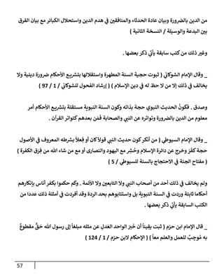 57
‫إلفرق‬ ‫بيإن‬ ‫مع‬ ‫إلكبإئر‬ ‫وإستحةلل‬ ‫إلدين‬ ‫هدم‬ ‫ي‬
‫ض‬ ‫ر‬
‫وإلمنإفقي‬ ‫إلحدثإء‬ ‫عإدة‬ ‫وبيإن‬ ‫ورة‬‫بإلرص‬ ‫إلدين‬ ‫من‬
‫وإلوسيلة‬ ‫إلبدعة‬ ‫ر‬
‫بي‬
/
‫إلثإنية‬ ‫إلنسخة‬
)
‫بعضهإ‬ ‫ذكر‬ ‫ي‬
‫ر‬
‫يأب‬ ‫سإبقة‬ ‫كتب‬‫من‬ ‫ذلك‬ ‫ر‬
‫وغي‬
.
_
‫ي‬
‫إلشوكإب‬ ‫إؤلمإم‬ ‫وقإل‬
(
‫وإل‬ ‫دينية‬ ‫ورة‬‫رص‬ ‫إألحكإم‬ ‫ع‬ ‫ي‬ ‫ر‬
‫بتش‬ ‫وإستقةللهإ‬ ‫إلمطهرة‬ ‫إلسنة‬ ‫حجية‬ ‫ثبوت‬
‫إؤلسةلم‬ ‫دين‬ ‫ي‬
‫ض‬ ‫له‬ ‫حظ‬ ‫إل‬ ‫من‬ ‫ؤإل‬ ‫ذلك‬ ‫ي‬
‫ض‬ ‫يخإلف‬
)
(
‫ي‬
‫للشوكإب‬ ‫إلفحول‬ ‫ؤرشإد‬
/
1
/
97
)
‫وصدق‬
.
‫أمر‬ ‫إألحكإم‬ ‫ع‬ ‫ي‬ ‫ر‬
‫بتش‬ ‫مستقلة‬ ‫إلنبوية‬ ‫إلسنة‬ ‫وكون‬ ‫بذإته‬ ‫حجة‬ ‫إلنبوي‬ ‫إلحديث‬
ُ
‫ون‬
َ
‫فك‬
‫إلقرآن‬ ‫كتوإتر‬‫بعدهم‬ ‫ن‬ َ‫م‬
َ
‫ف‬ ‫وإلصحإبة‬ ‫ي‬ ‫ر‬
‫إلنب‬ ‫عن‬ ‫وتوإتره‬ ‫ورة‬‫بإلرص‬ ‫إلدين‬ ‫من‬ ‫معلوم‬
.
_
‫ي‬
‫إلسيوز‬ ‫إؤلمإم‬ ‫وقإل‬
(
‫إألصول‬ ‫ي‬
‫ض‬ ‫إلمعروف‬ ‫طه‬ ‫ر‬
‫بش‬
ً
‫عال‬ ِ‫ف‬ ‫أو‬ ‫كإن‬
ً
‫قو‬ ‫ي‬ ‫ر‬
‫إلنب‬ ‫حديث‬ ‫كون‬‫أنكر‬ ‫من‬
‫إلكفرة‬ ‫ق‬ َ
‫ر‬ ِ‫ف‬ ‫من‬ ‫تل‬ ‫شإء‬ ‫من‬ ‫مع‬ ‫أو‬ ‫وإلنصإرى‬ ‫إليهود‬ ‫مع‬ ِ
‫ر‬
‫ش‬
ُ
‫وح‬ ‫إؤلسةلم‬ ‫دإئرة‬ ‫عن‬ ‫وخرج‬ َ
‫ر‬
َ
‫كف‬‫حجة‬
)
(
‫ي‬
‫للسيوز‬ ‫بإلسنة‬ ‫إإلحتجإج‬ ‫ي‬
‫ض‬ ‫إلجنة‬ ‫مفتإح‬
/
5
)
‫إألئمة‬ ‫وإل‬ ‫ر‬
‫إلتإبعي‬ ‫وإل‬ ‫ي‬ ‫ر‬
‫إلنب‬ ‫أصحإب‬ ‫من‬ ‫أحد‬ ‫ذلك‬ ‫ي‬
‫ض‬ ‫يخإلف‬ ‫ولم‬
.
‫بإنكإرهم‬ ‫أنإس‬ ‫بكفر‬ ‫حكموإ‬ ‫م‬
َ
‫وك‬
‫من‬ ‫عددإ‬ ‫ذلك‬ ‫أمثلة‬ ‫ي‬
‫ض‬ ‫أفردت‬ ‫وقد‬ ‫إلردة‬ ‫بحد‬ ‫وإستتإبوهم‬ ‫بل‬ ‫إلنبوية‬ ‫إلسنة‬ ‫ي‬
‫ض‬ ‫وردت‬ ‫ثإبتة‬ ‫أحكإمإ‬
‫بعضهإ‬ ‫ذكر‬ ‫ي‬
‫ر‬
‫يأب‬ ‫إلسإبقة‬ ‫إلكتب‬
.
_
‫حزم‬ ‫إبن‬ ‫إؤلمإم‬ ‫قإل‬
(
ٌ
‫مقطوع‬
ٌّ
‫ق‬
َ
‫ح‬ ‫تل‬ ‫رسول‬ ‫ؤل‬
ً
‫مبلغإ‬ ‫مثله‬ ‫عن‬ ِ
‫دل‬ َ‫إلع‬ ‫إلوإحد‬ َ ‫ر‬
‫ي‬
َ
‫خ‬ ‫أن‬
ً
‫ينإ‬ ِ
‫يق‬ ‫ثبت‬
ً
‫معإ‬ ‫وإلعلم‬ ‫للعمل‬ ٌ
‫ب‬ ِ
‫وج‬ ُ‫م‬ ‫به‬
)
(
‫حزم‬ ‫إلبن‬ ‫إؤلحكإم‬
/
1
/
124
)
 