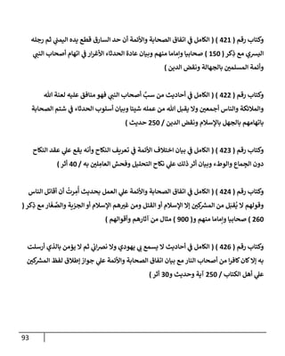 93
‫رقم‬ ‫وكتإب‬
(
421
( )
‫رجله‬ ‫ثم‬ ‫ي‬
‫إليمب‬ ‫يده‬ ‫قطع‬ ‫إلسإرق‬ ‫حد‬ ‫أن‬ ‫وإألئمة‬ ‫إلصحإبة‬ ‫إتفإق‬ ‫ي‬
‫ض‬ ‫إلكإمل‬
‫كر‬ِ
‫ذ‬ ‫مع‬ ‫إليشي‬
(
150
)
‫ي‬ ‫ر‬
‫إلنب‬ ‫أصحإب‬ ‫إتهإم‬ ‫ي‬
‫ض‬ ‫إر‬‫ر‬‫إألغ‬ ‫إلحدثإء‬ ‫عإدة‬ ‫وبيإن‬ ‫منهم‬ ‫وإمإمإ‬ ‫صحإبيإ‬
‫إلدين‬ ‫ونقض‬ ‫بإلجهإلة‬ ‫ر‬
‫إلمسلمي‬ ‫وأئمة‬
)
‫رقم‬ ‫وكتإب‬
(
422
( )
‫تل‬ ‫لعنة‬ ‫عليه‬ ‫منإفق‬ ‫فهو‬ ‫ي‬ ‫ر‬
‫إلنب‬ ‫أصحإب‬ َّ
‫سب‬ ‫من‬ ‫أحإديث‬ ‫ي‬
‫ض‬ ‫إلكإمل‬
‫إلصحإبة‬ ‫شتم‬ ‫ي‬
‫ض‬ ‫إلحدثإء‬ ‫أسلوب‬ ‫وبيإن‬ ‫شييإ‬ ‫عمله‬ ‫من‬ ‫تل‬ ‫يقبل‬ ‫وإل‬ ‫ر‬
‫أجمعي‬ ‫وإلنإس‬ ‫وإلمةلئكة‬
‫إلدين‬ ‫ونقض‬ ‫بإؤلسةلم‬ ‫بإلجهل‬ ‫بإتهإمهم‬
/
250
‫حديث‬
)
‫رقم‬ ‫وكتإب‬
(
423
( )
‫إلنكإح‬ ‫عقد‬ ‫ي‬
‫عل‬ ‫يقع‬ ‫وأنه‬ ‫إلنكإح‬ ‫تعريف‬ ‫ي‬
‫ض‬ ‫إألئمة‬ ‫إختةلف‬ ‫بيإن‬ ‫ي‬
‫ض‬ ‫إلكإمل‬
‫به‬ ‫ر‬
‫لي‬ ِ
‫إلعإم‬ ‫وفحش‬ ‫إلتحليل‬ ‫نكإح‬ ‫ي‬
‫عل‬ ‫ذلك‬ ‫أثر‬ ‫وبيإن‬ ‫وإلوطء‬ ‫مإع‬ ِ
‫إلج‬ ‫دون‬
/
40
‫أثر‬
)
‫رقم‬ ‫وكتإب‬
(
424
( )
‫إلنإس‬ ‫أقإتل‬ ‫أن‬
ُ
‫رت‬ ِ
‫م‬
ُ
‫أ‬ ‫بحديث‬ ‫إلعمل‬ ‫ي‬
‫عل‬ ‫وإألئمة‬ ‫إلصحإبة‬ ‫إتفإق‬ ‫ي‬
‫ض‬ ‫إلكإمل‬
‫كر‬ِ
‫ذ‬ ‫مع‬ ‫إر‬
َ
‫غ‬ َّ
‫وإلص‬ ‫إلجزية‬ ‫أو‬ ‫إؤلسةلم‬ ‫هم‬ ‫ر‬
‫غي‬ ‫ومن‬ ‫إلقتل‬ ‫أو‬ ‫إؤلسةلم‬ ‫ؤإل‬ ‫ر‬
‫كي‬ ‫ر‬
‫إلمش‬ ‫من‬ ‫ل‬َ‫قب‬
ُ
‫ي‬ ‫إل‬ ‫وقولهم‬
(
260
)
‫و‬ ‫منهم‬ ‫وإمإمإ‬ ‫صحإبيإ‬
(
900
)
‫وأقوإلهم‬ ‫آثإرهم‬ ‫من‬ ‫مثإل‬
)
‫رقم‬ ‫وكتإب‬
(
426
( )
‫أرسلت‬ ‫بإلذي‬ ‫يممن‬ ‫إل‬ ‫ثم‬ ‫ي‬
‫إب‬‫رص‬‫ن‬ ‫وإل‬ ‫يهودي‬ ‫ي‬ ‫ر‬
‫ب‬ ‫يسمع‬ ‫إل‬ ‫أحإديث‬ ‫ي‬
‫ض‬ ‫إلكإمل‬
‫ر‬
‫كي‬ ‫ر‬
‫إلمش‬ ‫لفظ‬ ‫ؤطةلق‬ ‫جوإز‬ ‫ي‬
‫عل‬ ‫وإألئمة‬ ‫إلصحإبة‬ ‫إتفإق‬ ‫بيإن‬ ‫مع‬ ‫إلنإر‬ ‫أصحإب‬ ‫من‬ ‫إ‬‫ر‬‫كإف‬‫كإن‬‫ؤإل‬ ‫به‬
‫إلكتإب‬ ‫أهل‬ ‫ي‬
‫عل‬
/
250
‫و‬ ‫وحديث‬ ‫آية‬
30
‫أثر‬
)
 