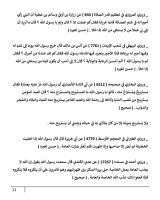 11
_
‫ي‬
‫ػ‬ ‫إلمروزي‬ ‫وروي‬
‫إلصةلة‬ ‫قدر‬ ‫تعظيم‬
(
844
)
‫أي‬‫ر‬ ‫ي‬
‫إلنب‬ ‫أن‬ ‫عطية‬ ‫بن‬ ‫وسإلم‬ ‫ي‬
‫أوػ‬ ‫بن‬ ‫إرة‬‫ر‬‫ز‬ ‫عن‬
‫أن‬ ‫أريد‬ ‫مإ‬ ‫قإل‬ ‫؟‬ ‫تل‬ ‫رسول‬ ‫يإ‬ َ
‫م‬ِ‫ول‬ ‫قإل‬ ‫؟‬ ‫لنإ‬ ‫عملت‬ ‫كم‬‫فقإل‬ ‫عريإنإ‬ ‫قإئمإ‬ ‫إلصدقة‬ ‫غنم‬ ‫ي‬
‫ػ‬ ‫له‬ ‫إ‬‫أجت‬
َ
‫َل‬
َ
‫خ‬ ‫ؤذإ‬ ‫تل‬ ‫من‬ ‫ي‬
‫يستح‬ ‫إل‬ ‫من‬
ً
‫مال‬
َ
‫ع‬ ‫ي‬
‫ل‬ ‫ي‬ ِ
‫ل‬
َ
‫ي‬
.
(
‫ه‬‫لغت‬ ‫حسن‬
)
_
‫ي‬
‫ػ‬ ‫ي‬
‫ر‬
‫إلبيهؼ‬ ‫وروي‬
‫إؤليمإن‬ ‫شعب‬
(
7761
)
‫له‬ ‫غنم‬ ‫ؤل‬ ‫يومإ‬ ‫تل‬ ‫رسول‬ ‫خرج‬ ‫قإل‬ ‫مإلك‬ ‫بن‬ ‫أنس‬ ‫عن‬
‫فقإل‬ ‫؟‬ ‫أجرك‬ ‫من‬ ‫عندنإ‬ ‫لك‬ ‫كم‬‫فقإل‬ ‫تل‬ ‫رسول‬ ‫فدعإه‬ ‫فيهإ‬ ‫يتجرد‬ ‫إألجت‬ ‫فؤذإ‬ ‫يرعإهإ‬ ‫له‬ ‫أجت‬ ‫وفيهإ‬
‫تل‬ ‫من‬ ‫ي‬
‫يستح‬ ‫من‬ ‫فينإ‬ ‫يكون‬ ‫أن‬ ‫أحب‬ ‫ي‬
‫ؤب‬ ‫إل‬ ‫قإل‬ ‫؟‬ ‫وإلوإلية‬ ‫إلرعإية‬ ‫أحسن‬ ‫ألم‬ ‫؟‬ ‫تل‬ ‫رسول‬ ‫يإ‬ ‫لم‬
‫خةل‬ ‫ؤذإ‬
.
(
‫ه‬‫لغت‬ ‫حسن‬
)
_
‫ي‬
‫ػ‬ ‫إلبخإري‬ ‫وروي‬
‫صحيحه‬
(
6512
)
‫فقإل‬ ‫بجنإزة‬ ‫عليه‬ َّ
‫ر‬ ُ‫م‬ ‫تل‬ ‫رسول‬ ‫أن‬ ‫إألنصإري‬ ‫قتإدة‬ ‫ي‬
‫أب‬ ‫عن‬
‫إلمؤمن‬ ‫إلعبد‬ ‫قإل‬ ‫؟‬ ‫منه‬ ‫إح‬ ‫ر‬
‫وإلمست‬ ‫ح‬ ‫ي‬ ‫ر‬
‫إلمست‬ ‫مإ‬ ‫تل‬ ‫رسول‬ ‫يإ‬ ‫قإلوإ‬ ، ‫منه‬
ٌ
‫إح‬َ ‫ر‬
‫ست‬ ُ‫وم‬
ٌ
‫ح‬ ‫ي‬ِ
‫ر‬
‫مست‬
‫وإلشجر‬ ‫وإلبةلد‬ ‫إلعبإد‬ ‫منه‬ ‫ح‬ ‫ي‬ ‫ر‬
‫يست‬ ‫إلفإجر‬ ‫وإلعبد‬ ‫تل‬ ‫رحمة‬ ‫ؤل‬ ‫وأذإهإ‬ ‫إلدنيإ‬ ِ
‫ب‬ َ
‫ص‬
َ
‫ن‬ ‫من‬ ‫ح‬ ‫ي‬ ‫ر‬
‫يست‬
‫وإلدوإب‬
.
(
‫صحيح‬
)
‫منه‬ ‫ح‬ ‫ي‬ ‫ر‬
‫يست‬ ‫أن‬ ‫ي‬
‫ويتمب‬ ‫حيإته‬ ‫ي‬
‫ػ‬ ‫به‬ ‫يتأذي‬ ‫كإن‬‫من‬ ‫ؤإل‬ ‫بموته‬ ‫ح‬ ‫ي‬ ‫ر‬
‫يست‬ ‫وإل‬
.
_
‫ي‬
‫ػ‬ ‫ي‬
‫إب‬‫إلطت‬ ‫وروي‬
‫إألوسط‬ ‫إلمعجم‬
(
4770
)
‫خفيت‬ ‫ؤذإ‬ ‫تل‬ ‫رسول‬ ‫قإل‬ ‫قإل‬ ‫هريرة‬ ‫ي‬
‫أب‬ ‫عن‬
‫إلعإمة‬ ‫ت‬َّ
‫ض‬ َّ
‫غت‬
ُ
‫ت‬ ‫فلم‬ ‫ظهرت‬ ‫وإذإ‬ ‫صإحبهإ‬ ‫ؤإل‬ ‫ترص‬ ‫لم‬ ‫إلخطيئة‬
.
(
‫ه‬‫لغت‬ ‫حسن‬
)
_
‫ي‬
‫ػ‬ ‫أحمد‬ ‫وروي‬
‫مسنده‬
(
17267
)
‫إل‬ ‫تل‬ ‫ؤن‬ ‫يقول‬ ‫تل‬ ‫رسول‬ ‫سمعت‬ ‫قإل‬ ‫إلكندي‬ ‫عدي‬ ‫عن‬
‫ينكروه‬ ‫فةل‬ ‫ينكروه‬ ‫أن‬ ‫عل‬ ‫قإدرون‬ ‫وهم‬ ‫إنيهم‬‫ر‬‫ظه‬ ‫بي‬ ‫إلمنكر‬ ‫يروإ‬ ‫ر‬
‫حب‬ ‫إلخإصة‬ ‫بعمل‬ ‫إلعإمة‬ ‫يعذب‬
‫وإلعإمة‬ ‫إلخإصة‬ ‫تل‬ ‫عذب‬ ‫ذلك‬ ‫فعلوإ‬ ‫فؤذإ‬
.
(
‫صحيح‬
)
 