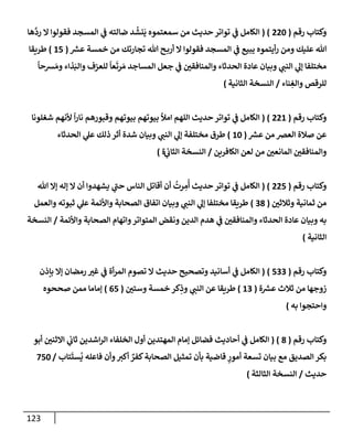 123
‫رقم‬ ‫وكتإب‬
(
220
( )
‫هإ‬
َّ
‫رد‬ ‫إل‬ ‫فقولوإ‬ ‫إلمسجد‬ ‫ي‬
‫ػ‬ ‫ضإلته‬ ‫د‬
ُ
‫نش‬
َ
‫ي‬ ‫سمعتموه‬ ‫من‬ ‫حديث‬ ‫توإتر‬ ‫ي‬
‫ػ‬ ‫إلكإمل‬
‫ر‬
‫عش‬ ‫خمسة‬ ‫من‬ ‫تجإرتك‬ ‫تل‬ ‫ح‬‫أرب‬ ‫إل‬ ‫فقولوإ‬ ‫إلمسجد‬ ‫ي‬
‫ػ‬ ‫يبيع‬ ‫أيتموه‬‫ر‬ ‫ومن‬ ‫عليك‬ ‫تل‬
(
15
)
‫طريقإ‬
ً
‫شحإ‬ َ‫وم‬ ‫ذإء‬َ‫وإلب‬ ‫للعزف‬
ً
‫عإ‬
َ
‫رت‬ َ‫م‬ ‫إلمسإجد‬ ‫جعل‬ ‫ي‬
‫ػ‬ ‫وإلمنإفقي‬ ‫إلحدثإء‬ ‫عإدة‬ ‫وبيإن‬ ‫ي‬
‫إلنب‬ ‫ي‬
‫ؤل‬ ‫مختلفإ‬
‫نإء‬ ِ
‫وإلغ‬ ‫للرقص‬
/
‫إلثإنية‬ ‫إلنسخة‬
)
‫رقم‬ ‫وكتإب‬
(
221
( )
‫شغلونإ‬ ‫ألنهم‬
ً
‫إ‬‫ر‬‫نإ‬ ‫وقبورهم‬ ‫بيوتهم‬ ‫بيوتهم‬ ‫إمال‬ ‫إللهم‬ ‫حديث‬ ‫توإتر‬ ‫ي‬
‫ػ‬ ‫إلكإمل‬
‫ر‬
‫عش‬ ‫من‬ ‫إلعرص‬ ‫صةلة‬ ‫عن‬
(
10
)
‫إلحدثإء‬ ‫ي‬
‫عل‬ ‫ذلك‬ ‫أثر‬ ‫شدة‬ ‫وبيإن‬ ‫ي‬
‫إلنب‬ ‫ي‬
‫ؤل‬ ‫مختلفة‬ ‫طرق‬
‫إلكإفرين‬ ‫لعن‬ ‫من‬ ‫إلمإنعي‬ ‫وإلمنإفقي‬
/
‫ي‬
‫إلثإب‬ ‫إلنسخة‬
‫ة‬
)
‫رقم‬ ‫وكتإب‬
(
225
( )
‫تل‬ ‫ؤإل‬ ‫ؤله‬ ‫إل‬ ‫أن‬ ‫يشهدوإ‬ ‫ي‬
‫ر‬
‫حب‬ ‫إلنإس‬ ‫أقإتل‬ ‫أن‬
ُ
‫رت‬ ِ
‫م‬
ُ
‫أ‬ ‫حديث‬ ‫توإتر‬ ‫ي‬
‫ػ‬ ‫إلكإمل‬
‫وثةلثي‬ ‫ثمإنية‬ ‫من‬
(
38
)
‫وإلعمل‬ ‫ثبوته‬ ‫ي‬
‫عل‬ ‫وإألئمة‬ ‫إلصحإبة‬ ‫إتفإق‬ ‫وبيإن‬ ‫ي‬
‫إلنب‬ ‫ي‬
‫ؤل‬ ‫مختلفإ‬ ‫طريقإ‬
‫وإألئمة‬ ‫إلصحإبة‬ ‫وإتهإم‬‫إلمتوإتر‬ ‫ونقض‬ ‫إلدين‬ ‫هدم‬ ‫ي‬
‫ػ‬ ‫وإلمنإفقي‬ ‫إلحدثإء‬ ‫عإدة‬ ‫وبيإن‬ ‫به‬
/
‫إلنسخة‬
‫إلثإنية‬
)
‫رقم‬ ‫وكتإب‬
(
533
)
(
‫بإذن‬ ‫ؤإل‬ ‫رمضإن‬ ‫غت‬ ‫ي‬
‫ػ‬ ‫أة‬‫ر‬‫إلم‬ ‫تصوم‬ ‫إل‬ ‫حديث‬ ‫وتصحيح‬ ‫أسإنيد‬ ‫ي‬
‫ػ‬ ‫إلكإمل‬
‫ة‬ ‫ر‬
‫عش‬ ‫ثةلث‬ ‫من‬ ‫زوجهإ‬
(
13
)
‫وستي‬ ‫خمسة‬ ‫كر‬ِ
‫وذ‬ ‫ي‬
‫إلنب‬ ‫عن‬ ‫طريقإ‬
(
65
)
‫صححوه‬ ‫ممن‬ ‫ؤمإمإ‬
‫به‬ ‫وإحتجوإ‬
)
‫وكتإب‬
‫رقم‬
(
8
)
(
‫أبو‬ ‫إإلثني‬ ‫ي‬
‫ثإب‬ ‫إشدين‬‫ر‬‫إل‬ ‫إلخلفإء‬ ‫أول‬ ‫إلمهتدين‬ ‫ؤمإم‬ ‫فضإئل‬ ‫أحإديث‬ ‫ي‬
‫ػ‬ ‫إلكإمل‬
‫تإب‬
َ
‫ست‬
ُ
‫ي‬ ‫فإعله‬ ‫وأن‬‫أكت‬ ٌ
‫كفر‬‫إلصحإبة‬ ‫تمثيل‬ ‫بأن‬ ‫قإضية‬ ٍ
‫أمور‬ ‫تسعة‬ ‫بيإن‬ ‫مع‬ ‫إلصديق‬ ‫بكر‬
/
750
‫حديث‬
/
‫إلثإلثة‬ ‫إلنسخة‬
)
 